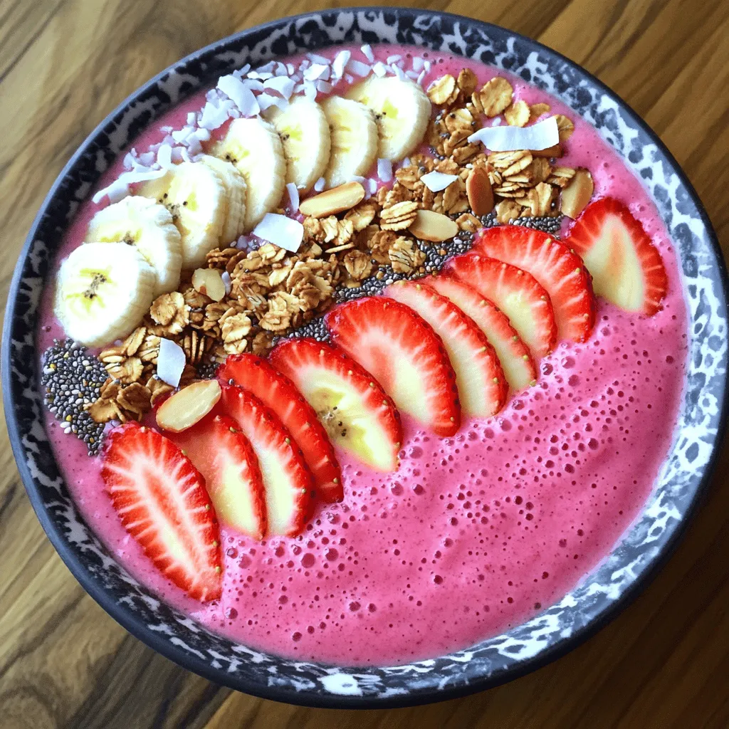 To make a great strawberry smoothie bowl, you need just a few key items. Here’s what you’ll need: - 2 cups fresh strawberries, hulled and sliced - 1 ripe banana, frozen - 1/2 cup Greek yogurt (plain or vanilla) These main ingredients create a creamy and delicious base that packs a fruity punch. Fresh strawberries bring a sweet and tart flavor. The frozen banana adds a smooth texture and natural sweetness. Greek yogurt gives you protein and creaminess. You can add a few more items to customize your smoothie bowl: - 1/2 cup almond milk (or milk of choice) - 1 tablespoon honey or maple syrup (optional) Almond milk helps adjust the thickness of your smoothie. If you want it sweeter, honey or maple syrup can enhance the flavor. Just mix and match based on your taste! To make your smoothie bowl even better, consider these tasty toppings: - Granola varieties - Nuts and seeds - Additional fruits and coconut flakes Granola adds crunch, while nuts and seeds offer healthy fats. You can also throw on more fresh fruits or sprinkle coconut flakes for extra flavor and fun! Check out the Full Recipe for all the details to create your own strawberry smoothie bowl! To start, gather all your ingredients. You will need: - 2 cups fresh strawberries, hulled and sliced - 1 ripe banana, frozen - 1/2 cup Greek yogurt (plain or vanilla) - 1/2 cup almond milk (or milk of choice) - 1 tablespoon honey or maple syrup (optional) In a blender, combine the sliced strawberries, frozen banana, Greek yogurt, and almond milk. If you like it sweeter, add honey or maple syrup. For the best texture, ensure your banana is frozen. This gives your smoothie bowl a creamy feel. You can also use fresh banana, but the result won't be as thick. Now, let’s blend! Set your blender to high speed. Blend until the mixture is smooth and creamy. Stop to check for any chunks of fruit. If you find any, blend a little longer. If your smoothie is too thick, add a splash more almond milk. This will help you reach your desired consistency. Once blended, pour the smoothie mixture into a bowl. Now it’s time for the fun part—toppings! Arrange your toppings artistically for a pretty look. You can use: - Granola - Sliced almonds - Chia seeds - Additional strawberries - Coconut flakes Try creating sections with each topping. This makes the bowl colorful and inviting. Serve it right away with a spoon. Enjoy your refreshing and nutritious Strawberry Smoothie Bowl! When picking strawberries, look for bright red color. The berries should feel firm. Avoid any that are soft or bruised. A sweet smell means they are ripe. To keep strawberries fresh, store them in the fridge. Place them in a container with air holes. Do not wash them until you are ready to eat. This helps them last longer. You can switch ingredients based on your needs. For a dairy-free option, use coconut yogurt. If you want a sweeter touch, try maple syrup or agave. To change the thickness of your smoothie, add less or more almond milk. For a thicker bowl, use more frozen banana. Blending longer can also help achieve your desired texture. Smoothie bowls are great with other breakfast foods. Pair them with toast or oatmeal for a full meal. You can also enjoy them as a snack or dessert. The best times to enjoy your smoothie bowl are in the morning or after a workout. They are refreshing and give you energy. For the full recipe, check the earlier section! {{image_2}} For a vegan strawberry smoothie bowl, you can swap out dairy. Use coconut yogurt instead of Greek yogurt. This keeps the creaminess and adds a nice flavor. Almond milk is a great choice too. You can also try oat or soy milk. These options are tasty and healthy. If you want low-carb, consider using unsweetened almond milk. You can add a low-carb sweetener like stevia or erythritol. These sweeteners help keep the taste without the carbs. Choose berries like raspberries or blackberries for toppings. They are lower in carbs than other fruits. Seasonal fruits add fun to your smoothie bowl. In summer, try adding peaches or blueberries. In the fall, mix in pumpkin or apples for a warm taste. You can even blend in greens like spinach for added nutrients. This keeps your bowl fresh and exciting all year round. For a complete recipe, check out the Full Recipe section. To store uneaten smoothie bowls, use an airtight container. This keeps the smoothie fresh. If you have leftovers, cover the bowl tightly with plastic wrap. For best results, eat them within one day. The longer it sits, the less tasty it becomes. If you add toppings, store them separately. This helps keep them crunchy. You can prepare smoothie packs in advance for easy use. Simply combine the sliced strawberries and frozen banana in a freezer bag. Add Greek yogurt and almond milk later when you blend. You can freeze packs for up to a month. This makes smoothies quick and easy on busy mornings. Just grab a pack, blend, and enjoy! To thaw your smoothie, place the pack in the fridge overnight. If you need it fast, run warm water over the bag. Once thawed, pour the mixture into a blender. Blend until smooth again. If it's too thick, add a splash of almond milk. This keeps your smoothie creamy and delicious. Try to re-serve it quickly for the best taste. To make your smoothie bowl thicker, adjust the ingredients. Here are some tips: - Use less liquid: Start with less almond milk. You can always add more if needed. - Add frozen fruits: Use more frozen banana or other frozen fruits. They help create a creamy texture. - Include more yogurt: Adding more Greek yogurt can also help thicken your smoothie bowl. - Chia seeds: These seeds absorb liquid and can add thickness. Mix them in before blending. Try these tips, and you'll have a perfect thick smoothie bowl! Yes, you can make a smoothie bowl without yogurt. Here are some alternative bases: - Coconut cream: This gives a rich texture and flavor. - Silken tofu: It adds creaminess and protein without dairy. - Avocado: This adds healthy fats and a smooth texture. - Nut butters: Almond or peanut butter can add creaminess and flavor. Feel free to experiment with these options to find what you like best! You can store your smoothie bowl for a short time. Here are some guidelines: - In the fridge: Keep it in an airtight container for up to 24 hours. The freshness will decline after that. - Separation: You may notice separation of ingredients. Stir it up before eating. - Toppings: Add toppings just before serving. This keeps them fresh and crunchy. For best taste, enjoy your smoothie bowl right after making it! This article covered how to make a delicious smoothie bowl. You learned about key ingredients, optional add-ins, and tasty toppings. The step-by-step guide showed you how to blend perfectly. I shared tips for choosing the best strawberries and customizing your dish. You can try different variations, store leftovers, and prepare smoothies in advance. Remember, your smoothie bowl is only limited by your imagination. Enjoy making and sharing your own creations!