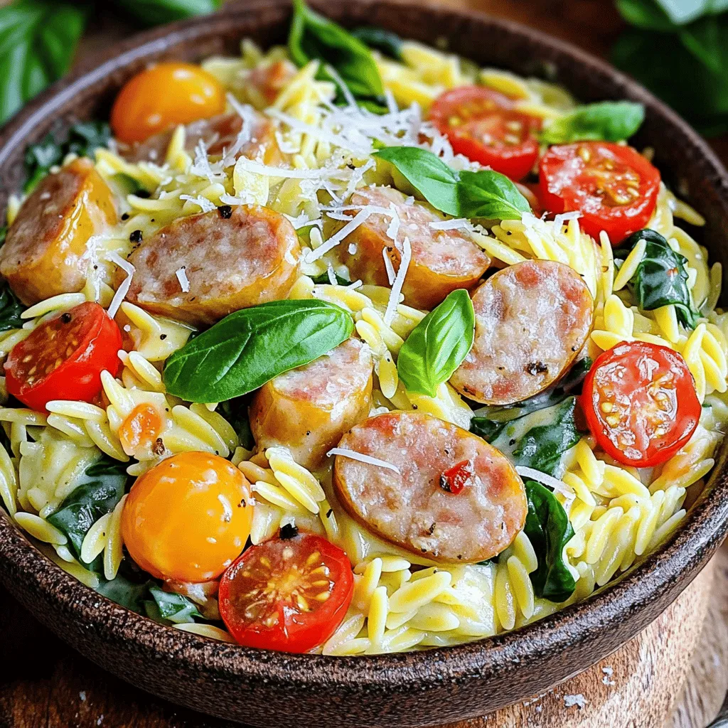 To create your delicious Creamy Chicken Sausage Orzo, gather these ingredients: - 1 cup orzo pasta - 2 chicken sausages, sliced - 1 tablespoon olive oil - 1 small onion, diced - 2 cloves garlic, minced - 1 cup cherry tomatoes, halved - 2 cups chicken broth - 1 cup spinach, coarsely chopped - ½ cup heavy cream - ½ teaspoon dried oregano - Salt and pepper to taste - Grated Parmesan cheese for serving - Fresh basil for garnish When choosing ingredients, freshness matters. Here are some tips: - Orzo Pasta: Check the package date. Avoid any that look damaged. - Chicken Sausages: Look for ones with a short ingredient list. Fresh is best! - Onions and Garlic: Choose firm, unblemished bulbs. They should feel heavy. - Cherry Tomatoes: Pick ones that are bright and firm. Smell for sweetness. - Spinach: Choose crisp leaves without any wilting or browning. - Heavy Cream: Check the date and choose full-fat for rich flavor. - Parmesan Cheese: Buy a block and grate it fresh for the best taste. You may need to swap some ingredients. Here are some great options: - Orzo: Use quinoa or rice if you prefer gluten-free. - Chicken Sausages: Swap with turkey sausages or plant-based sausages for lighter options. - Heavy Cream: Substitute with coconut cream or a dairy-free cream for a vegan touch. - Spinach: Kale or Swiss chard works well if you want a change. - Parmesan Cheese: Nutritional yeast can offer a cheesy flavor for vegans. These tips can help you make the Creamy Chicken Sausage Orzo your own while keeping it tasty and satisfying. For the full recipe, check out the details above. First, gather all your ingredients. You need orzo pasta, chicken sausages, olive oil, onion, garlic, cherry tomatoes, chicken broth, spinach, heavy cream, oregano, salt, and pepper. Having everything ready makes cooking easier and more fun. 1. Heat 1 tablespoon of olive oil in a large pot over medium heat. 2. Add 2 sliced chicken sausages. Cook until browned, about 5-7 minutes. Remove the sausages and set them aside. 3. In the same pot, add 1 diced small onion. Cook until it turns clear, around 3-4 minutes. 4. Next, add 2 minced garlic cloves. Cook for another minute until it smells great. 5. Toss in 1 cup of halved cherry tomatoes. Cook until they soften, about 2-3 minutes. 6. Pour in 2 cups of chicken broth and bring it to a boil. 7. Stir in 1 cup of orzo pasta and ½ teaspoon of dried oregano. Lower the heat to a simmer. Cook for 8-10 minutes, stirring now and then until the orzo is soft. 8. Stir in 1 cup of coarsely chopped spinach and the cooked chicken sausages. 9. Pour in ½ cup of heavy cream. Mix everything well. Let it simmer for 2-3 minutes to heat through. 10. Season with salt and pepper to taste. Remove from heat and let it sit for a couple of minutes to thicken before serving. Keep an eye on the heat. Medium heat works best for browning sausages and cooking the onions. When you add the broth, bring it to a boil, then lower the heat to a simmer. This helps the orzo cook evenly without sticking. Make sure to stir often during cooking to get great texture. Cooking orzo can be tricky. First, avoid using too little water. Orzo needs enough water to cook evenly. Second, don’t forget to stir. Stirring helps prevent sticking. Third, check for doneness early. Orzo may cook faster than you think. Taste it before time runs out. To boost flavor, use fresh herbs. Fresh basil works great. A squeeze of lemon juice adds brightness, too. For a creamy texture, stir in more heavy cream. You can also sprinkle extra Parmesan cheese on top. To make it look nice, serve in colorful bowls. A sprig of basil on top makes it pop. For a tasty side, serve garlic bread. A simple salad with mixed greens is great, too. It adds freshness to the meal. For drinks, try a light white wine. A sparkling water with lemon also pairs well. These choices balance the creamy nature of the dish. For the full recipe, check out the Creamy Chicken Sausage Orzo. {{image_2}} You can switch up the protein in your Creamy Chicken Sausage Orzo. Try using turkey sausage for a leaner option. If you prefer a kick, spicy sausage adds great flavor. Ground chicken or beef works well too. You can even use shrimp for a seafood twist. Just adjust the cooking time so everything cooks just right. For a vegetarian option, skip the sausage. Use mushrooms instead for a hearty feel. You can also add beans for protein. If you want it vegan, replace the heavy cream with coconut milk. Nutritional yeast can give you that cheesy flavor without dairy. Remember to check the broth too; make sure it’s veggie-based. Feel free to add seasonal veggies to your orzo. In spring, peas and asparagus brighten the dish. Summer is perfect for zucchini and bell peppers. In fall, add butternut squash or kale for warmth. Winter calls for root vegetables like carrots or parsnips. Using fresh herbs like thyme or rosemary can enhance the taste based on the season. For the complete recipe, check the Full Recipe section. To keep your Creamy Chicken Sausage Orzo fresh, store it in an airtight container. Let it cool down to room temperature before sealing. This step helps avoid excess moisture, which can cause sogginess. I recommend using glass containers for easy reheating. You can keep it in the fridge for up to three days. When it's time to enjoy your leftovers, reheating is key. I suggest using a stove for the best results. Place the orzo in a pot over low heat, adding a splash of chicken broth or water. Stir often to prevent sticking. This method helps maintain the creamy texture and flavor. You can also use a microwave, but cover the dish with a damp paper towel. This keeps the orzo moist while heating. If you want to store your Creamy Chicken Sausage Orzo longer, freezing is a great choice. First, let the dish cool completely. Portion it into freezer-safe bags or containers, removing as much air as possible. Label each bag with the date. You can freeze it for up to three months. To reheat, let it thaw in the fridge overnight. Then, warm it on the stove or microwave, adding some liquid to restore its creaminess. To make Creamy Chicken Sausage Orzo from scratch, follow these steps: - Heat 1 tablespoon of olive oil in a large pot. - Add 2 sliced chicken sausages and cook until brown. - Remove the sausages and set them aside. - In the same pot, sauté 1 small diced onion until soft. - Add 2 minced garlic cloves and cook for another minute. - Toss in 1 cup of halved cherry tomatoes and cook until soft. - Pour in 2 cups of chicken broth and bring to a boil. - Add 1 cup of orzo and ½ teaspoon of dried oregano. - Reduce heat and simmer for 8-10 minutes until the orzo is tender. - Stir in 1 cup of spinach and the cooked sausages. - Mix in ½ cup of heavy cream and season with salt and pepper. - Let it sit for a couple of minutes before serving. You can find the full recipe above for more details. Yes, you can use different types of pasta. Short pasta, like penne or fusilli, works well too. Just adjust the cooking time based on the pasta you choose. Make sure to check the package instructions for best results. The nutrition facts for Creamy Chicken Sausage Orzo vary based on portion sizes and ingredients. Here is a general overview: - Calories: About 400 per serving - Protein: Approximately 20 grams - Carbohydrates: Around 40 grams - Fat: Roughly 18 grams This dish offers a good balance of protein and carbs, making it filling and satisfying. To sum up, we explored the key ingredients for Creamy Chicken Sausage Orzo. You learned how to select fresh items and make swaps for dietary needs. I shared clear step-by-step cooking instructions, timing tips, and common mistakes to avoid. You now have ideas for tasty variations and best practices for storage. This dish is versatile, quick, and full of flavor. I hope you enjoy making it and sharing it with others. Cooking should be fun and satisfying!