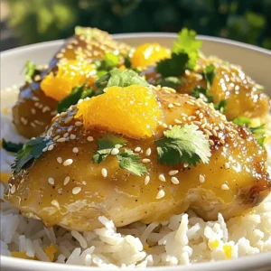 To make Baked Orange Chicken, you need a few key items. Here’s the list: - 1.5 lbs chicken thighs, boneless and skinless - 1 cup fresh orange juice - 2 tablespoons orange zest - 3 tablespoons honey - 3 tablespoons low sodium soy sauce - 2 tablespoons rice vinegar - 1 tablespoon fresh ginger, grated - 3 cloves garlic, minced - 1 teaspoon cornstarch - Salt and pepper to taste These ingredients work well together to create a bright and zesty flavor. The orange juice gives the chicken a sweet and tangy taste. The soy sauce adds depth, while the ginger and garlic bring warmth. Garnishes add a nice touch to your dish. Here are some options: - 2 tablespoons sesame seeds for garnish - Fresh cilantro, chopped (for garnish) These garnishes not only look great but also enhance the flavor. The sesame seeds add a nutty crunch, while cilantro brings freshness to each bite. You can make some simple changes for a healthier version. Here are a few ideas: - Use chicken breast instead of thighs for less fat. - Swap honey for maple syrup for a different sweetness. - Replace soy sauce with coconut aminos for a lower sodium option. - Use a sugar-free orange juice if you want to cut sugar. These substitutions keep the dish tasty while making it a bit healthier. You can enjoy Baked Orange Chicken without worry. For the full recipe, check out the details above. Start by gathering all your ingredients. You need chicken thighs, fresh orange juice, and some other simple items. First, preheat your oven to 400°F (200°C). This step helps the chicken cook evenly. Next, in a medium bowl, whisk together the orange juice, orange zest, honey, soy sauce, rice vinegar, ginger, and garlic. Mix it well to make a tasty sauce. Now, take your chicken thighs and season them with salt and pepper. Place them in a baking dish. Pour the orange sauce over the chicken. Make sure every piece gets a good coating. This sauce gives the chicken a bright, zesty flavor. It's time to bake! Put the baking dish in your preheated oven. Bake the chicken for 25-30 minutes. You want the chicken to reach an internal temperature of 165°F (74°C). This ensures it is safe to eat. While baking, the sauce will bubble and soak into the chicken. This is the magic moment! Once your timer goes off, carefully remove the dish from the oven. Let the chicken rest for a few minutes. This helps keep the juices inside the meat, making it tender. While the chicken rests, thicken the sauce. In a small bowl, mix cornstarch with a tablespoon of cold water to make a slurry. Stir this into the baking dish with the juices, then return it to the oven for an extra 5 minutes. This will make the sauce nice and thick. Now, transfer the chicken to a serving platter. Drizzle the thickened sauce over the top. For a beautiful finish, garnish with sesame seeds and chopped cilantro. This adds a pop of color and taste to your dish. Serve it hot and enjoy the bright flavors of your baked orange chicken! For the complete recipe, refer to the Full Recipe section. To keep your chicken moist, start with thighs. Chicken thighs have more fat and flavor. They stay juicy while baking. You can also marinate the chicken for at least an hour. This helps the chicken soak up all the tasty flavors. If you have more time, marinate overnight in the fridge. Before baking, let the chicken sit at room temperature for 15 minutes. This helps it cook evenly. Use a meat thermometer to check for doneness. The chicken should reach 165°F (74°C). To make your sauce thicker, use cornstarch. Mix one teaspoon of cornstarch with a tablespoon of cold water. Stir this mixture into your sauce. Add it near the end of baking. This will help the sauce become nice and thick. You can also simmer the sauce on the stove. This will reduce it and make it richer. If you want even more flavor, consider adding a splash of orange juice or soy sauce while reducing. To enhance the flavor, use fresh ingredients whenever possible. Fresh ginger and garlic make a big difference. You can also add a pinch of red pepper flakes for a little heat. Try adding more herbs, like cilantro or green onions, for a fresh taste. For a fun twist, add chopped nuts for crunch. Don't forget to let the sauce shine! Drizzle some over your rice or quinoa for a burst of flavor. For the full recipe, check out the instructions above. Enjoy your cooking! {{image_2}} You can easily add heat to your baked orange chicken. To make it spicy, mix in some red pepper flakes to the sauce. Start with half a teaspoon and adjust to your taste. You can also add sriracha or chili paste for a bolder kick. This spice gives the dish an extra zing that balances the sweetness of the orange. You don’t have to stick with chicken thighs. Feel free to use chicken breasts for a leaner option. If you're in the mood for something different, try shrimp or tofu. Shrimp cooks quickly, so reduce the baking time to around 10-15 minutes. Tofu absorbs flavors well and gives a nice texture when baked. For a plant-based twist, swap chicken for chickpeas or tempeh. Both options soak up the orange sauce nicely. Make sure to press the tofu for a firmer texture. You can also use cauliflower florets for a hearty bite. The key is to ensure your protein is well-coated in the orange sauce to get that delicious flavor. For the full recipe, check out the complete list of ingredients and steps. After enjoying your Baked Orange Chicken, let it cool down. Place leftovers in an airtight container. Store it in the fridge for up to four days. This keeps the chicken fresh and tasty. To reheat, use your oven for the best results. Preheat it to 350°F (175°C). Place the chicken on a baking sheet, cover it with foil, and heat for about 15-20 minutes. This warms it without drying it out. You can also microwave it. Just heat on medium power in short bursts until hot. Stir in some extra sauce to keep it moist. If you have extra Baked Orange Chicken, freezing is a great choice. Slice the chicken into portions. Wrap each piece in plastic wrap, then place them in a freezer bag. Squeeze out the air, and seal it tight. You can store it for up to three months. When ready to eat, thaw it overnight in the fridge. Then, reheat it as explained above. This way, you can enjoy this dish anytime! Don't forget to check out the Full Recipe for more delicious details. Yes, you can use chicken breast. However, thighs stay juicier and more tender. If you choose breasts, keep an eye on the bake time. Chicken breasts cook faster and can dry out. Make sure they reach 165°F (74°C) for safety and taste. Bake your orange chicken for 25 to 30 minutes at 400°F (200°C). Check for doneness using a meat thermometer. The internal temperature should hit 165°F (74°C). This timing ensures a juicy and flavorful dish. Always let it rest before serving to keep it moist. I love serving Baked Orange Chicken over jasmine rice or quinoa. The rice soaks up the delicious sauce. Add some sautéed vegetables on the side for color and crunch. You can also drizzle extra sauce over everything for more flavor. For a zesty touch, add fresh orange slices as a garnish. Check out the Full Recipe for more serving ideas! In this post, we covered how to make baked orange chicken. We discussed essential ingredients, optional garnishes, and healthier substitutions. You learned step-by-step baking directions and tips for juicy chicken. Variations included spicy options and veggie alternatives. Finally, we explored storage and reheating tips for leftovers. Baked orange chicken is simple and tasty. With these steps, you can enjoy it any time. I hope you feel inspired to try new flavors and make it your own!