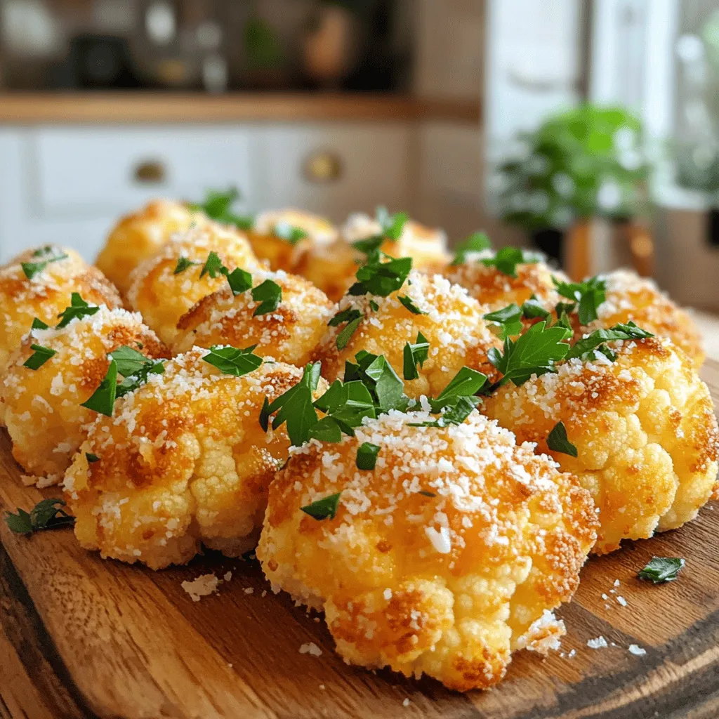 - 1 large head of cauliflower, cut into florets - 1 cup grated Parmesan cheese - 1/2 cup almond flour (or breadcrumbs for a gluten option) - 1 teaspoon garlic powder - 1 teaspoon onion powder - 1 teaspoon dried oregano - 1/2 teaspoon paprika - 1/4 teaspoon black pepper - 1/2 teaspoon salt - 3 tablespoons olive oil - Fresh parsley, chopped (for garnish) Using fresh ingredients is key. Cauliflower has a mild taste, so it absorbs flavors well. Parmesan adds a rich, nutty touch. The almond flour helps create a crunchy crust. - Calories per serving: About 150 calories. - Macronutrients breakdown: Each serving has roughly 10g fat, 5g protein, and 10g carbohydrates. - Health benefits: Cauliflower is low in calories and full of vitamins. It has fiber that supports digestion. Parmesan adds calcium for strong bones. This dish is a healthy choice for any meal. I love how this recipe makes veggies fun to eat. With the right mix of ingredients, you can enjoy a tasty treat. If you want to dive deeper, check out the Full Recipe. 1. Preheat your oven to 425°F (220°C). This high heat helps make the cauliflower crispy. 2. Line a baking sheet with parchment paper. This keeps the cauliflower from sticking. 3. In a large bowl, mix together these dry ingredients: - 1 cup grated Parmesan cheese - 1/2 cup almond flour (or breadcrumbs) - 1 teaspoon garlic powder - 1 teaspoon onion powder - 1 teaspoon dried oregano - 1/2 teaspoon paprika - 1/4 teaspoon black pepper - 1/2 teaspoon salt Stir until everything is well combined. 1. In another bowl, toss the cauliflower florets with 3 tablespoons of olive oil. Make sure each floret is coated. 2. Add the seasoned mixture to the bowl with the cauliflower. Toss until all florets are covered with the cheese mix. 1. Spread the coated cauliflower evenly on the prepared baking sheet. Avoid crowding the florets; this helps them roast well. 2. Bake in the preheated oven for about 25-30 minutes. Halfway through, toss the cauliflower to ensure even cooking. Look for a golden brown color and crispy texture. 3. Once done, remove from the oven. Garnish with fresh parsley for a burst of color. For the full recipe, check the [Full Recipe] section. Enjoy this tasty side dish with your favorite meals! To get that crispy texture, start by preheating your oven to 425°F (220°C). This high heat helps to roast the cauliflower quickly. If the oven is too cool, the cauliflower will steam instead of roast. Spread the cauliflower florets evenly on your baking sheet. If they are too close, they will not crisp up. Give each floret some room to breathe. You can boost the taste of your crispy cauliflower with some great spices. I recommend adding a pinch of chili powder for heat or some dried thyme for an herby touch. You can also try a squeeze of lemon juice after baking for a fresh zing. For dips, serve with garlic aioli or a tangy yogurt sauce. They pair nicely with the flavors of the cauliflower. For baking sheets, use a heavy-duty, rimmed baking sheet. This helps the florets crisp up evenly. A non-stick surface is also great to prevent sticking. When preparing, a large mixing bowl is key for tossing the ingredients together well. A sturdy spatula works wonders for mixing everything evenly. {{image_2}} You can make this dish gluten-free. Just swap the breadcrumbs with gluten-free breadcrumbs. This change keeps the crunch you love, while making it safe for gluten-sensitive eaters. Want to mix things up? Try different cheeses. Cheddar gives a sharp twist, while nutritional yeast makes it vegan-friendly. You can also add other veggies like broccoli or Brussels sprouts. These greens roast well and soak up the flavors, making them great partners for cauliflower. Add seasonal herbs for extra flavor. In the fall, rosemary works wonders. Its earthy notes pair well with the roasted cauliflower. You can also brighten the dish with citrus zest. A hint of lemon or orange can lift the flavors and add a fresh touch. For the full recipe, please refer to the detailed instructions above. To store leftovers, let the cauliflower cool completely. Place it in an airtight container. This helps keep it fresh. I recommend using glass containers for better flavor retention. You can store it in the fridge for up to 3 days. If you want to save it for later, freezing works well. First, let the cauliflower cool completely. Then, spread it out on a baking sheet. Freeze it until solid, about 1-2 hours. Once frozen, transfer the pieces to a freezer bag. This way, it can last up to 3 months. When you're ready to eat, reheat the cauliflower in the oven. Bake it at 375°F (190°C) for about 15 minutes. This will help restore its crispiness. In the fridge, Crispy Parmesan Roasted Cauliflower stays fresh for about 3 days. You can tell if it’s spoiled if it develops a sour smell or slimy texture. Always check for these signs before eating leftovers. Yes, you can use frozen cauliflower. It makes cooking easier, but keep a few tips in mind: - Thaw and Drain: First, thaw the cauliflower and drain any excess water. This helps it crisp up. - Adjust Cooking Time: Bake for a few extra minutes since frozen cauliflower cools the oven more when added. - Coat Well: Make sure to coat thawed florets in olive oil and seasoning. This helps them get crispy. To make Crispy Parmesan Roasted Cauliflower vegan, you can easily swap some ingredients: - Cheese Substitute: Use nutritional yeast instead of Parmesan. It adds a cheesy flavor. - Egg Replacement: If you use an egg wash for coating, try a mix of ground flaxseed and water instead. - Flours: Stick with almond flour or gluten-free breadcrumbs for the coating. This dish pairs well with many meals. Here are some ideas: - Main Dishes: Serve it alongside grilled chicken or fish. - Vegetarian Options: It works great with pasta dishes or veggie burgers. - Appetizers: Enjoy it as a tasty snack with dips like ranch or hummus. - Salads: It adds a nice crunch on top of salads for extra flavor. Try the full recipe for a delicious side that everyone will love! Crispy Parmesan Roasted Cauliflower offers a tasty treat that's easy to make. We covered the ingredients, step-by-step instructions, tips for the best results, and variations to suit any taste. You can enjoy a healthy and delicious side dish or appetizer. Experiment with flavors and find what you love most. Store leftovers properly to keep them fresh. Enjoy your culinary journey with this recipe; you won’t be disappointed!