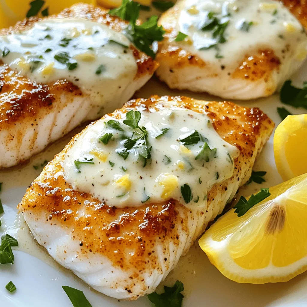 - Mahi Mahi fillets: You need 4 fillets. Look for firm fillets with a fresh smell. They should be bright and not dull. Freshness is key for this dish. - Olive oil, butter, and cream: Each plays a big role. Olive oil helps with cooking the fish. Butter adds richness and flavor. Heavy cream gives the sauce a smooth texture. - Garlic, lemon, and parsley: Garlic brings a bold taste. Lemon adds a fresh zing. Parsley gives a pop of color and freshness. - Overview of seasonings: Use salt and pepper to enhance flavors. They bring out the best in your fish and sauce. - Importance of lemon wedges: Lemon wedges are great for serving. They add extra brightness and flavor when squeezed over the dish. For the full recipe, check out the details above. Step 1: Seasoning the fillets First, take the Mahi Mahi fillets and pat them dry. This helps create a nice sear. Then, sprinkle salt and pepper on both sides. Use enough to enhance the fish's natural taste. Seasoning at this stage is key for flavor. Step 2: Cooking process in the skillet Next, heat olive oil in a large skillet over medium-high heat. Once hot, gently place the seasoned fillets in the skillet. Cook for about 4-5 minutes on each side. You want them golden brown and cooked through. When done, remove the fillets and set them aside. Step 3: Sautéing garlic In the same skillet, reduce the heat to medium. Add butter until it melts. Then, toss in the minced garlic. Sauté for about a minute. This makes the kitchen smell amazing. Just be careful not to burn the garlic, as it can turn bitter. Step 4: Incorporating heavy cream and lemon flavors Now, pour in the heavy cream. Stir well to combine with the garlic. Bring this mixture to a gentle simmer. Add lemon zest and lemon juice next. This will brighten the sauce. Taste and adjust salt and pepper as needed. Step 5: Combining Mahi Mahi with the sauce Return the cooked Mahi Mahi fillets to the skillet. Spoon the lemon garlic cream sauce over them. Let the fillets warm for 2-3 minutes. This helps the flavors blend nicely. Step 6: Garnishing and serving suggestions Finally, remove from heat and sprinkle fresh parsley on top. This adds color and a fresh taste. Serve each fillet on a plate with extra sauce and lemon wedges. The dish looks and tastes great! For the full recipe, check out the detailed instructions. To get a perfect sear on Mahi Mahi, follow these steps: - Use a hot skillet: Heat your skillet until it's hot before adding oil. This helps the fish sear well. - Don't overcrowd: Cook only a few fillets at a time. This keeps the heat up and prevents steaming. - Flip carefully: Use a spatula to flip the fillets gently. This keeps them intact and allows for even cooking. Common mistakes with cream sauces can ruin your dish. Here are tips to avoid them: - Control the heat: Keep the heat at medium to prevent burning. High heat can curdle your sauce. - Add cream slowly: Pour in the cream gradually. This helps it mix well without clumping. - Taste as you go: Always taste and adjust seasoning. This ensures a balanced flavor. To enhance the flavor of your dish, consider these herbs and spices: - Fresh thyme: Add a few sprigs for an earthy touch. - Dill: A great pairing for fish, it adds a fresh note. - Paprika: A sprinkle brings warmth and color. Pair this dish with sides or wines to elevate your meal: - Sides: Serve with steamed asparagus or garlic mashed potatoes. These complement the creamy sauce. - Wines: A crisp Sauvignon Blanc works well. Its acidity cuts through the richness of the cream sauce. For the full recipe, check out the link to Mahi Mahi Delight in Lemon Garlic Cream Sauce. {{image_2}} You can swap out Mahi Mahi for other fish if you want. Good options include cod, tilapia, or halibut. These fish have a mild flavor and similar texture. They will still soak up the lemon garlic sauce well. Just adjust cooking times as needed since different fish cook at different rates. If you need a dairy-free option for the cream, try using coconut cream or cashew cream. Both give a rich texture and will work with the lemon and garlic. They add a unique twist to the dish without losing the creaminess. Adding spices can give your dish a fun kick. Try cayenne pepper for heat, or paprika for a smoky flavor. Just a pinch can enhance the taste. You want to keep the balance of the lemon and garlic while adding depth. Other ingredients can complement the lemon garlic theme. Capers add a briny flavor that works well with fish. Sun-dried tomatoes bring sweetness and a chewy texture. Both options brighten up the dish and add more layers to the flavor. For the full recipe, check the details provided above. To store Mahi Mahi in lemon garlic cream sauce, follow these steps: - Let the dish cool to room temperature. - Use an airtight container for storage. - Place the Mahi Mahi and sauce together to keep the fish moist. In the fridge, Mahi Mahi should last about 2 to 3 days. After that, the cream sauce may separate, making the dish less appealing. When reheating, you want to keep the fish moist. Here are some methods: - Microwave: Place the Mahi Mahi in a microwave-safe dish. Cover it with a damp paper towel. Heat in short bursts, checking often. - Stovetop: Warm the fish in a skillet over low heat. Add a splash of cream sauce to keep it from drying out. Before reheating, let the dish sit at room temperature for about 15 minutes. This helps it heat evenly. For the best flavor, serve with fresh lemon wedges. Feel free to explore the [Full Recipe] for a delightful cooking experience! Can I bake Mahi Mahi instead of pan-searing? Yes, you can bake Mahi Mahi. It’s a great way to cook it evenly. Preheat your oven to 400°F. Place the seasoned fillets in a baking dish. Bake for about 15-20 minutes. Make sure the fish flakes easily with a fork. What can I serve with Mahi Mahi in Lemon Garlic Cream Sauce? This dish pairs well with many sides. Try garlic mashed potatoes or steamed asparagus. A light salad with lemon vinaigrette works, too. You can also serve rice or quinoa to soak up the sauce. Is this recipe gluten-free? Yes, this recipe is gluten-free! The ingredients include fish, cream, and seasonings that do not contain gluten. Always check labels if you use pre-packaged items. Can I make this dish dairy-free? You can make this dish dairy-free by using coconut cream instead of heavy cream. Also, swap butter for a dairy-free alternative. This will keep the flavors while catering to dairy-free diets. How long does Mahi Mahi take to cook properly? Mahi Mahi usually takes about 8-10 minutes to cook. Cook for 4-5 minutes on each side. The fish should be opaque and flake easily when done. What is the best temperature to cook fish? The best temperature for cooking fish is around 145°F. You can check this with a food thermometer. Proper cooking ensures the fish is safe to eat and remains tender. In this article, we explored how to make a delicious Mahi Mahi with lemon garlic cream sauce. I shared key ingredients, step-by-step instructions, and tips for perfecting the dish. We also discussed variations and storage tips to keep your meal fresh. You can impress anyone with this simple yet flavorful dish. It's adaptable and can fit many diets. Enjoy experimenting with flavors and techniques to make this recipe your own!