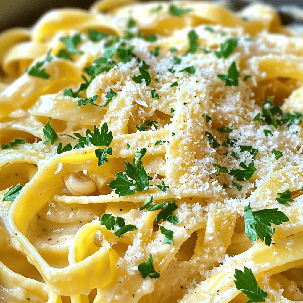 - 12 oz fettuccine or spaghetti - 4 tablespoons unsalted butter - 4 cloves garlic, minced To make this dish, first, you need to pick your pasta. Fettuccine or spaghetti works best. I love how fettuccine holds the sauce. Next, unsalted butter adds a rich flavor. Minced garlic gives it that aromatic punch. - 4 cups vegetable broth - 1 cup heavy cream - 1 cup grated Parmesan cheese Vegetable broth is key for depth. It brings all the flavors together. Heavy cream makes the sauce rich and smooth. Grated Parmesan cheese melts beautifully, adding a salty, nutty taste. - 1 teaspoon garlic powder - 1 teaspoon Italian seasoning - Fresh parsley, chopped (for garnish) Garlic powder boosts the garlic flavor. Italian seasoning adds herbs that brighten the dish. Fresh parsley is perfect for garnishing, adding color and freshness. This simple list makes a delicious meal. Check the Full Recipe for the complete method! - Melt Butter and Sauté Garlic Start by placing a large pot or deep skillet on medium heat. Add 4 tablespoons of unsalted butter. Watch as it melts, filling your kitchen with a rich aroma. Next, add 4 minced garlic cloves. Sauté the garlic for 1-2 minutes. You want it fragrant but not burnt. This step builds a flavorful base for your pasta. - Add Vegetable Broth and Pasta Once the garlic is ready, pour in 4 cups of vegetable broth. Bring this mixture to a gentle simmer. Now it's time to add the pasta. You can use 12 oz of fettuccine or spaghetti. Stir the pasta well to coat it in the broth. - Stir and Simmer Let the pasta cook until it is al dente. This usually takes about 8-10 minutes. Stir occasionally to prevent sticking. The broth will reduce and flavor the pasta nicely. - Combine Cream and Cheese After the pasta is cooked, lower the heat. Pour in 1 cup of heavy cream and 1 cup of grated Parmesan cheese. Add 1 teaspoon of garlic powder and 1 teaspoon of Italian seasoning. Stir everything together. This will create a creamy and rich sauce. - Adjust Consistency If the sauce is too thick, add a little more vegetable broth. Mix until you reach your preferred consistency. Taste and season with salt and pepper. Follow these steps, and you'll create a delightful One-Pot Garlic Parmesan Pasta. For more details, check out the Full Recipe. Enjoy your cooking! - Stirring Techniques for No-Stick Pasta: Stir the pasta often while it cooks. This helps keep it from sticking together. Use a wooden spoon or a spatula to gently lift the pasta. Focus on the bottom of the pot where pasta likes to cling. - Ensuring Creamy Sauce: To make sure your sauce stays creamy, add the heavy cream slowly. Stir well after each addition to blend it in. If the sauce is too thick, add a splash of vegetable broth to loosen it up. - Alternative Pasta Options: If you want to switch up the pasta, use penne or fusilli. These shapes hold sauce well. You can also use whole grain or gluten-free pasta if needed. Just keep an eye on the cooking time. - Dairy-Free Variations: For a dairy-free version, swap heavy cream with coconut milk or a plant-based cream. Use nutritional yeast instead of Parmesan for a cheesy taste without dairy. - Pairing with Side Dishes: This pasta pairs well with a simple salad. A fresh green salad with a lemon vinaigrette works great. Garlic bread adds a nice crunch and flavor. - Best Wine Pairings: A light white wine like Pinot Grigio goes well with this dish. It enhances the garlic and Parmesan flavors. If you prefer red, a light Chianti also complements the meal nicely. For the full recipe, check [Full Recipe]. {{image_2}} To make your One-Pot Garlic Parmesan Pasta even better, you can add protein or veggies. - Chicken or Shrimp Variations: Cooked chicken or shrimp works great in this dish. Just add them when you mix in the cream and cheese. They will soak up the tasty sauce. This makes your meal heartier and more filling. - Vegetable Additions: You can toss in some fresh or frozen veggies like spinach, peas, or bell peppers. Add them when you mix in the pasta. They not only add color but also boost nutrition. While Parmesan cheese is classic, you can try other cheeses for fun flavors. - Using Different Types of Cheese: Mozzarella or Asiago can make your pasta creamy and rich. Just mix them in the same way as Parmesan. This gives a new twist to the dish. - Vegan Cheese Alternatives: If you prefer a dairy-free option, use vegan cheese. Look for brands that melt well. This way, you can enjoy a creamy pasta without dairy. If you like some heat, you can spice things up easily. - Adding Red Pepper Flakes: Sprinkle red pepper flakes into the pot when you sauté the garlic. Start with a small amount. You can always add more if you want more kick. - Adjusting Seasoning Levels: Taste your dish before serving. If you want it saltier or more flavorful, add a pinch of salt or some Italian seasoning. This is your chance to make it just right for your taste. To keep your One-Pot Garlic Parmesan Pasta fresh, store leftovers in the fridge. Place the pasta in an airtight container. This helps prevent moisture loss and keeps flavors intact. You can enjoy your pasta for up to three days. Use glass or plastic containers with tight lids for best results. Glass containers are great for reheating, while plastic ones are lighter to handle. Choose containers that fit your fridge space well. When reheating, you have two main options: microwave or stovetop. The microwave is quick and easy, but the stovetop can help maintain texture better. For microwave reheating, place pasta in a bowl. Add a splash of broth or cream to keep it moist. Heat in short bursts, stirring in between. Avoid overheating to keep the pasta from drying out. For stovetop reheating, use a non-stick skillet over low heat. Add a little broth or cream, then stir gently until warmed through. This method helps the pasta stay creamy. Always add a bit of liquid when reheating. This keeps the sauce from becoming thick and dry. Stir often to ensure even heating and preserve the dish's rich flavor. You can freeze One-Pot Garlic Parmesan Pasta if you want to keep it longer. This is a good way to save extra servings or meal prep for busy days. To freeze, let the pasta cool completely. Then, place it in freezer-safe containers. Make sure to leave some space for expansion. It lasts up to two months in the freezer. For thawing, move the container to the fridge overnight. For a quicker option, you can use the microwave on a defrost setting. Avoid thawing at room temperature to keep the pasta safe to eat. One-Pot Garlic Parmesan Pasta lasts about three to four days in the fridge. Store it in an airtight container. Make sure it cools before sealing it. This helps keep it fresh and tasty. If you want to enjoy it later, check for any signs of spoilage before eating. Yes, you can make this dish gluten-free! Just use gluten-free pasta instead of regular fettuccine or spaghetti. Many great brands offer gluten-free options that cook well. Follow the cooking time on the package for best results. Your dish will still be creamy and delicious. The best way to reheat leftover pasta is on the stovetop. Add the pasta to a skillet over low heat. You may want to add a splash of broth or cream to keep it moist. Stir it gently until heated through. This method helps maintain the creamy sauce. You can also use a microwave if you're in a hurry. Yes, you can use water instead of broth. However, using broth adds more flavor to the dish. If you use water, consider adding a pinch of salt or extra seasonings. This helps enhance the taste. The dish will still be good, but broth makes it richer. Absolutely! If you love garlic, feel free to add more. You can increase the minced garlic to six cloves or more. Just be careful not to burn it when sautéing. More garlic will add a stronger flavor to the dish. It’s a great way to enhance the taste! This pasta pairs well with many side dishes. A simple green salad works great. You can also serve garlic bread for a nice crunch. For a heartier meal, grilled chicken or shrimp complements the dish nicely. Choose what you like best! Yes, you can make this pasta ahead of time. Cook it and let it cool completely. Then store it in the fridge for up to four days. When ready to eat, just reheat it gently. This is perfect for meal prep or busy nights. This blog post shows how to make One-Pot Garlic Parmesan Pasta. We covered the essential ingredients, step-by-step instructions, and tips for success. You can easily adjust flavors with different cheeses or spice levels to fit your taste. Remember to store leftovers properly and reheat them to keep the pasta creamy. Enjoy trying different add-ins and variations. This dish is simple yet full of flavor. You can impress friends and family with this quick meal that is sure to please!