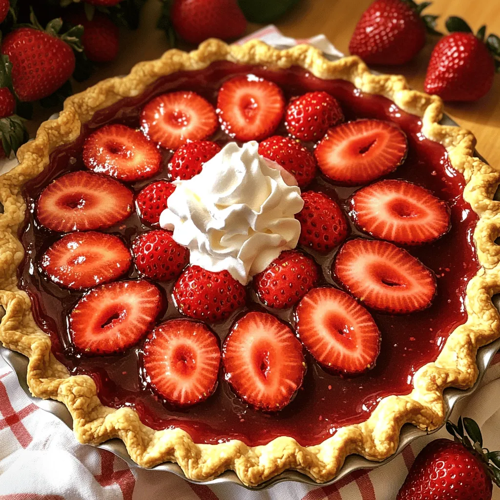 This Easy Fresh Strawberry Pie is a simple and tasty treat. You can make it with just a few fresh ingredients. The pie is a great way to use ripe strawberries. You can serve it at any gathering or enjoy it at home. - 2 cups fresh strawberries, hulled and halved - 1 pre-made pie crust (store-bought or homemade) - 1 cup granulated sugar - 2 tablespoons cornstarch - 1 teaspoon lemon juice - 1 tablespoon butter, cut into small pieces - Whipped cream for topping (optional) Use a measuring cup for sugar and cornstarch. For the strawberries, wash them well before hulling. Halving them helps release their juices. The lemon juice adds a nice zing. Use a store-bought crust for ease, or make your own if you prefer. The butter will add richness to your pie. Remember, you can add whipped cream on top when serving. This will make your pie extra special! Start by setting your oven to 400°F (200°C). This helps the pie crust bake evenly. While the oven heats, grab your pie crust. Place it into a 9-inch pie dish. Make sure to crimp the edges for a nice look. This step is fun and adds a touch of charm. Next, let’s make the strawberry filling. In a medium saucepan, mix 1 cup of hulled and halved strawberries with sugar, cornstarch, and lemon juice. Stir well to blend all the ingredients. Place the saucepan over medium heat. Stir constantly until the mixture thickens and bubbles. This should take about 5-7 minutes. When it thickens, remove it from the heat and let it cool for a few minutes. Now, add the remaining strawberries and fold them in gently. Now it’s time to fill the pie crust. Pour the strawberry mixture into the prepared pie crust. Dot the top with small pieces of butter. This adds flavor and richness. Place the pie in your preheated oven and bake for 15-20 minutes. You want the crust to turn golden brown. When done, let the pie cool at room temperature for at least 30 minutes. This cooling time lets the filling set. If you like, top it with whipped cream before serving. Enjoy your delicious fresh strawberry pie! For the complete recipe, check out the Full Recipe. Pick strawberries that are bright red and firm. Avoid those with soft spots or blemishes. Fresh strawberries taste sweet and juicy. Smell them! Good strawberries have a sweet scent. Buy them at a local market for the best flavor. If you can, choose organic strawberries for less pesticide. A good pie crust makes the pie shine. If you use a store-bought crust, choose one that is flaky and golden. If you make your own, keep the butter cold. This helps create a flaky texture. Roll the dough evenly and avoid stretching it. Crimp the edges for a nice look and seal in the filling. Serve the pie chilled or at room temperature. Add whipped cream on top for extra creaminess. You can also serve it with a scoop of vanilla ice cream. Fresh mint leaves on the side add a nice touch. This pie pairs well with sweet tea or lemonade. Enjoy it at picnics or family gatherings for a delightful treat. For the full recipe, check the earlier section. {{image_2}} Mixing strawberries with rhubarb gives you a tart and sweet twist. Rhubarb adds a nice zing that pairs well with the soft strawberries. Use one cup of chopped rhubarb along with the strawberries. Cook them together in the saucepan with sugar and cornstarch. This blend makes a great pie that’s even more exciting! If you need a gluten-free pie, don’t worry! You can use a gluten-free pie crust. Many stores sell ready-made gluten-free crusts. Or, you can make your own with gluten-free flour. Follow the same steps in the recipe. Your pie will still taste great! You can swap out sugar for other sweeteners. Honey or maple syrup works well. Use about three-quarters of a cup for a sweet flavor. For a low-calorie option, try stevia. Just remember, each sweetener has a unique taste. Adjust the amount to find what you like best. For the full recipe, check out the complete guide! After enjoying your Easy Fresh Strawberry Pie, store any leftovers in the fridge. Place the pie in an airtight container or cover it with plastic wrap. This keeps it fresh for up to three days. The crust stays crisp, and the strawberries remain juicy. If you want to save the pie for later, freezing is a great option. First, let the pie cool completely. Wrap it tightly in plastic wrap and then in aluminum foil. This helps prevent freezer burn. You can freeze it for up to three months. When you're ready to eat it, thaw it in the fridge overnight. To reheat the pie, preheat your oven to 350°F (175°C). Remove the pie from the fridge or freezer. If it’s frozen, let it thaw first. Bake the pie for about 10-15 minutes. This warms the filling and keeps the crust nice. Serve it warm or at room temperature. Enjoy your delicious pie! Yes, you can use frozen strawberries. Just make sure to thaw them first. Drain any excess water before adding them to your pie mixture. Frozen berries may be softer, so your pie might have a different texture. But it will still taste great! To boost the flavor, try adding a splash of vanilla extract or a pinch of salt. You can also mix in a bit of orange zest for a citrusy twist. If you want a richer taste, consider using brown sugar instead of granulated sugar. Each of these options enhances the natural sweetness of the strawberries. One common mistake is overcooking the filling. Cook it just until it thickens to keep it fresh. Another mistake is not cooling the pie before serving. This can make the filling runny. Lastly, always use fresh, ripe strawberries. They make your pie taste amazing! For more tips, check out the Full Recipe to help you create this delightful treat! You now have a complete guide for making a delicious strawberry pie. We covered the ingredients, step-by-step instructions, tips on choosing the best strawberries, and even storage advice. Remember, making pie can be fun and rewarding. Feel free to try variations like strawberry rhubarb or gluten-free options. With this knowledge, you can create a pie that impresses everyone. Enjoy sharing your tasty treats!