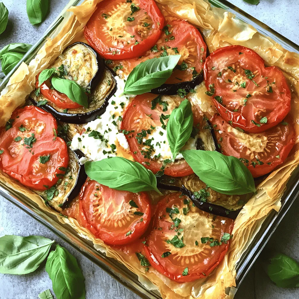 To make a great Tomato Eggplant Pie, you need fresh and simple ingredients. Here’s what you’ll need: - 1 large eggplant, sliced into ¼-inch rounds - 2 large tomatoes, sliced - 1 large onion, finely chopped - 2 cloves garlic, minced - 1 cup ricotta cheese - 1 cup shredded mozzarella cheese - 4 sheets of phyllo dough (or a pre-made pie crust) - 2 tablespoons olive oil - 1 teaspoon dried oregano - 1 teaspoon dried basil - Salt and pepper to taste - Fresh basil leaves for garnish These ingredients combine to create a delicious and hearty dish. You can change up the recipe based on your taste. Here are some tasty options: - Spinach or kale for added greens - Feta cheese for a tangy kick - Zucchini slices for extra texture - Red pepper flakes for heat - Fresh herbs like thyme or parsley for brighter flavors Feel free to mix and match these ingredients to make the pie your own. Having the right tools makes cooking easier. For this recipe, you will need: - A sharp knife for slicing - A cutting board for prep work - A skillet for sautéing - A mixing bowl for the cheese - A pie pan for baking - A pastry brush for olive oil - An oven for baking These tools will help you create the perfect pie without any stress. For the full recipe, check out the details above! To start, you need to prep your veggies. Slice one large eggplant into ¼-inch rounds. This makes it easy to cook. Next, slice two large tomatoes. Chop one large onion finely and mince two cloves of garlic. Heat two tablespoons of olive oil in a skillet over medium heat. Add the onion and garlic, stirring them until the onion turns soft and clear. This should take about five minutes. Then, add the eggplant to the skillet. Cook until it becomes soft, around eight to ten minutes. Season with salt, pepper, oregano, and basil. Then set the mixture aside to cool. Now it’s time to build your pie. In a bowl, mix one cup of ricotta cheese with salt, pepper, and half of the shredded mozzarella cheese. Stir this until it blends well. If using phyllo dough, layer two sheets in a pie pan, brushing each with olive oil. For a pre-made crust, just place it in the pan. Spread the ricotta mixture on the crust. Then, layer the sautéed eggplant mixture over it. Finally, place the sliced tomatoes on top and sprinkle the remaining mozzarella cheese. Now, let’s bake! If you used phyllo, add two more sheets on top, brushing with olive oil. Fold in any edges to seal the filling. Preheat your oven to 375°F (190°C). Bake the pie for 30 to 35 minutes, or until it is golden and bubbly. Once done, let it cool for about ten minutes before slicing. For a nice touch, you can add fresh basil leaves on top before serving. Enjoy your Tomato Eggplant Pie, a flavorful and simple delight! For the full recipe, check the earlier section. To keep your crust crisp, you must prepare it right. If using phyllo dough, brush each layer with olive oil. This adds flavor and helps seal in moisture. If you prefer a pie crust, pre-bake it for 10 minutes. This step makes it firmer, so it won’t get soggy. To really bring out the taste, season your veggies well. Salt and pepper are key, but don’t stop there. Use fresh herbs or even lemon zest for a bright touch. I love adding a pinch of chili flakes for a slight kick. Mix these flavors into the ricotta cheese for a richer taste. A beautiful pie makes any meal special. After baking, let it cool for 10 minutes. This helps the layers set. When you slice it, each piece should hold its shape. Garnish with fresh basil leaves for color and aroma. You can also drizzle olive oil or balsamic glaze on top. For more ideas, check out the Full Recipe! {{image_2}} You can easily make this pie more veggie-packed. Try adding zucchini, bell peppers, or spinach. Just slice them thin and layer them with the eggplant and tomatoes. If you want a bolder taste, add some fresh herbs like thyme or parsley. Each veggie brings a new flavor, making your pie unique every time. For a gluten-free version, swap out the phyllo dough or pie crust. Use gluten-free pie crusts that you can buy at stores or make your own from almond flour or coconut flour. Another tasty option is to skip the crust altogether and bake the filling in a greased pie dish. This keeps it simple and still delicious! To elevate your Tomato Eggplant Pie, think about extra toppings. You could sprinkle some feta or goat cheese on top for a salty kick. Try adding olives or sun-dried tomatoes for a Mediterranean twist. If you love crunch, add some toasted pine nuts or breadcrumbs on top before baking. These toppings can transform your pie into a gourmet dish! To store leftovers, let the pie cool completely. Then, wrap it tightly in plastic wrap. You can also place it in an airtight container. This keeps the pie fresh for up to three days in the fridge. Reheat slices in the oven for the best taste. Set your oven to 350°F (175°C). Place the pie on a baking sheet and cover it with foil. Heat for about 15-20 minutes. This helps keep the crust crispy. If you want to freeze the pie, slice it first. Wrap each slice in plastic wrap, then place in a freezer bag. Squeeze out as much air as possible. The pie can last up to three months in the freezer. When ready to eat, thaw in the fridge overnight. Reheat it in the oven as mentioned above for great results. Yes, you can try different cheeses. Feta adds a nice tang. Goat cheese has a creamy texture. You could even use cheddar for a sharper flavor. Remember, each cheese changes the taste. Mix and match to find your favorite! You can prep the pie a day before. Make the filling and assemble the pie. Cover it and store it in the fridge. Bake it the next day when you are ready to serve. This makes it super easy for gatherings! This pie pairs well with a fresh salad. A simple green salad with lemon dressing works great. You can also enjoy it with garlic bread or a side of roasted vegetables. These sides balance the flavors and add more color to your plate. For the full recipe, you can check out the detailed instructions above. This blog post covered everything you need to make a great Tomato Eggplant Pie. We looked at the ingredients, including optional ones for your taste. The step-by-step guide showed you how to prep, assemble, and bake the pie. I shared tips to avoid soggy bottoms and enhance flavor. You can even explore veggie and gluten-free options. Don’t forget how to store your pie for later. Use this guide to impress your friends and family with a delicious dish you made from scratch. Enjoy your cooking!