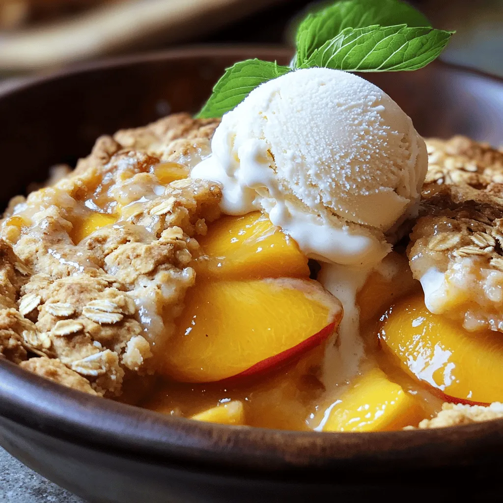 To make the best peach cobbler, you need: - 6 ripe peaches, peeled and sliced - 1 cup granulated sugar, divided - 1 teaspoon ground cinnamon - 1 teaspoon lemon juice These ingredients create a sweet, juicy base. The peaches should be ripe for the best flavor. The sugar gives sweetness, while the cinnamon adds warmth. Lemon juice brightens the flavor and balances the sweetness. Next, gather these ingredients: - 1 cup all-purpose flour - 1 tablespoon baking powder - 1/2 teaspoon salt - 1 cup whole milk These items form the batter. The flour provides structure, and the baking powder helps it rise. Salt enhances the taste, while milk keeps the batter moist. For an extra twist, consider these optional ingredients: - 1/2 cup unsalted butter, melted - 1 teaspoon vanilla extract - 1/2 cup oatmeal (for crunch) Melted butter adds richness, and vanilla gives a nice aroma. Oatmeal on top adds a crunchy texture. You can mix and match these to make your cobbler special. For the full recipe, check out the Peachy Paradise Cobbler. - Preheat your oven to 350°F (175°C). This is key for even baking. - In a large bowl, combine 6 sliced peaches with 1/2 cup sugar, 1 teaspoon cinnamon, and 1 teaspoon lemon juice. Mix well. Let the peaches sit for a few minutes. They will release their sweet juice. - In another bowl, whisk together 1 cup flour, 1 tablespoon baking powder, 1/2 teaspoon salt, and 1/2 cup sugar. This is the dry mix. - Gradually stir in 1 cup milk, 1/2 cup melted butter, and 1 teaspoon vanilla extract. Mix until smooth. The batter should be thick but pourable. - Pour the batter into a greased 9x13-inch baking dish. - Spoon the peach mixture evenly over the batter. Leave the juices in the bowl. Do not mix them together. The batter will rise around the peaches while baking. - Sprinkle 1/2 cup oatmeal over the peach layer. This adds a nice crunch. - Bake for 40-45 minutes. Look for a golden brown top. A toothpick should come out clean when inserted in the cobbler. For the detailed recipe, check out the Full Recipe. Enjoy this delightful dessert warm! Choosing the right peaches is key. You want ripe peaches that are sweet and fragrant. Ripe peaches should give slightly when you press them. Overripe peaches can be mushy and lose their flavor. If you can, pick peaches from a local farm for the best taste. Adjusting sweetness is simple. Start with the recipe's sugar amount. Taste the peach mixture and add more sugar if needed. You can also add spices to enhance flavor. A pinch of nutmeg or a dash of ginger adds warmth. This helps balance the sweetness of the peaches. Serving warm is best. It brings out the flavors in the cobbler. For a fun twist, add a scoop of vanilla ice cream on top. The cold ice cream melts slightly, creating a creamy topping. You can also garnish with a mint leaf for color. Use a colorful bowl to serve. This makes the dish pop. A sprinkle of cinnamon on top adds a nice touch too. Remember, presentation matters. You want your dessert to look as good as it tastes. A soggy bottom can ruin your cobbler. To prevent this, don’t mix the peach juice into the batter. Pour the batter first, then add the peaches on top. This allows the batter to rise around the fruit while baking. Baking times can vary by oven. Keep an eye on your cobbler. If your oven runs hot, check it a few minutes early. A toothpick should come out clean when it's done. This ensures a nice golden top and a cooked center. For the full recipe, visit the Peachy Paradise Cobbler section above. Enjoy making this delightful dessert! {{image_2}} You can switch up the fruit in your peach cobbler. Try using a mix of berries. Mixed berry cobbler gives a sweet and tart flavor. You can use blueberries, strawberries, and raspberries. This mix is fun and colorful! If fresh peaches aren't available, canned peaches work well. Just drain them before use. They save time and are still tasty. Your cobbler will still turn out great! If you need a gluten-free version, use almond flour instead of all-purpose flour. Almond flour gives a nice texture and flavor. It is a simple swap. Your cobbler will still be soft and delicious. For a vegan option, swap out butter for coconut oil. Use almond milk or oat milk instead of whole milk. These changes keep your cobbler creamy and rich without dairy. Want to add a twist? Try adding nutmeg or ginger for warmth. These spices give a cozy taste that pairs well with peaches. A little goes a long way! You can also add lemon zest for brightness. Coconut flakes bring a tropical vibe to the dish. They add texture and a hint of sweetness. Try these additions to make your cobbler special. For the full recipe, check out the complete guide on making the best peach cobbler. To keep your peach cobbler fresh, let it cool first. Place it in an airtight container. You can also cover it with plastic wrap. This keeps the moisture in and prevents drying out. Store it in the fridge. Your peach cobbler will stay good for about 3 to 4 days. To reheat peach cobbler, the oven works best. Preheat your oven to 350°F (175°C). Place the cobbler in a baking dish and cover it with foil. Bake for about 15-20 minutes. This keeps the top crisp and warms the peaches. If you use a microwave, heat it in short bursts, about 30 seconds at a time. Be careful not to overheat, or it can get soggy. You can freeze peach cobbler before or after baking. If you freeze it before baking, prepare the cobbler and wrap it tightly in plastic wrap. Place it in a freezer-safe bag. It can last up to 3 months this way. If you freeze it after baking, let it cool completely first. Then, wrap it well and store it in the freezer. To defrost, move it to the fridge overnight before reheating. This method helps maintain texture and flavor. For best results, enjoy it within 2 months. The best peaches for cobbler are ripe, juicy, and sweet. I love using yellow peaches. They bring a bright flavor and a perfect balance of sweetness. White peaches are also great, as they tend to be sweeter and have a floral note. Avoid hard or overripe peaches, as they can affect the texture. Yes, you can use frozen peaches! They work well in this recipe. Just thaw them first and drain any excess juice. This helps prevent a soggy cobbler. Frozen peaches may be slightly softer, but they still taste great. Just note that you may need to adjust the sugar since frozen peaches can be sweeter. You know your cobbler is done when the top is golden brown. Insert a toothpick into the batter. If it comes out clean, your cobbler is ready! There should be no wet batter stuck to it. This usually takes about 40 to 45 minutes in the oven. You can add a crumble topping for a crunchy twist! A crumble made with flour, butter, and oats adds a nice texture. Just sprinkle it over the peaches before baking. This gives you a new flavor with each bite, making your cobbler unique. If you prefer the classic style, stick with the traditional crust. Both ways are delicious! This blog post covered everything you need for peach cobbler success. We started with the essential ingredients, making the batter, and assembling the dish. I shared tips for picking the best peaches and avoiding common mistakes. You learned about fun variations and how to store leftovers properly. Peach cobbler is a simple treat that can adapt to your taste. With these steps and tips, you can impress your family and friends every time. Enjoy your baking!