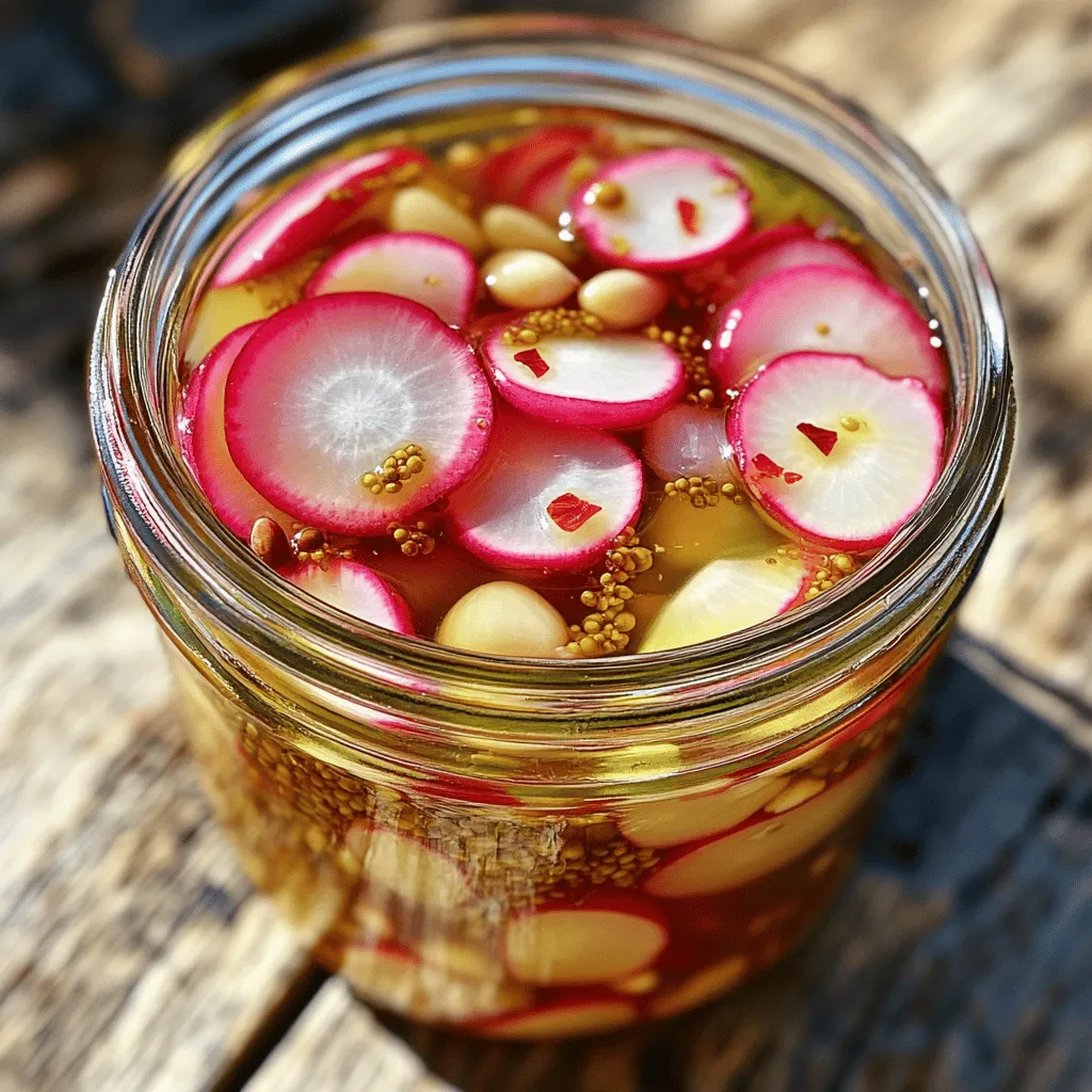 - 1 bunch radishes (about 10-12) - 1 cup distilled white vinegar - 1 cup water - 1 tablespoon sugar - 1 tablespoon salt - 1 teaspoon mustard seeds - 1 teaspoon coriander seeds - 1 clove garlic, peeled and sliced - 1/2 teaspoon red pepper flakes (optional) To make pickled radishes, gather your ingredients first. Fresh radishes are key. Choose a bunch with firm roots and bright greens. The vinegar gives the tangy taste, while the sugar adds a hint of sweetness. The mustard and coriander seeds boost flavor with a nice crunch. Garlic brings depth, and red pepper flakes add heat if you like spice. - Sterilized jars - Saucepan - Mandoline (optional) You will need a few tools for this recipe. Use a saucepan to heat the pickling liquid. A mandoline helps you slice the radishes thin and even. Sterilized jars keep your pickles fresh and safe. Make sure to have everything ready before you start. This will help you work quickly and keep your kitchen tidy. For the full recipe, check the section below! Start by cleaning your radishes. Rinse them under cold water to remove any dirt. Once clean, slice the radishes thinly. A mandoline works great for uniform slices. Aim for about 1/8 inch thick slices. This helps them absorb the pickling liquid well. Next, prepare the pickling liquid. In a saucepan, combine the following: - 1 cup distilled white vinegar - 1 cup water - 1 tablespoon sugar - 1 tablespoon salt Heat the mixture over medium until the sugar and salt dissolve. This should take just a few minutes. Once dissolved, remove the pan from heat and let it cool slightly. Now, it's time to combine the ingredients. Place the sliced radishes in a clean, sterilized jar. Add the following spices: - 1 teaspoon mustard seeds - 1 teaspoon coriander seeds - 1 clove garlic, peeled and sliced - 1/2 teaspoon red pepper flakes (optional) Pour the cooled vinegar mixture over the radishes. Make sure all the slices are submerged. This ensures even flavor throughout the radishes. Seal the jar tightly with a lid. Place it in the fridge for at least 24 hours. For the best flavor, let them sit for 3 to 5 days. The longer they sit, the more tangy flavor they develop. Enjoy your pickled radishes as a snack or in your favorite dishes! When picking radishes, look for smooth skin and bright colors. Fresh radishes feel firm and heavy in your hand. Avoid any that are soft or have dark spots. For uniform slices, use a mandoline. This tool helps you get even slices quickly. If you don’t have one, just use a sharp knife. To make your pickled radishes even better, try adding spices. Cumin seeds or dill can add a nice twist. You can also mix different types of vinegar. Apple cider vinegar gives a sweeter taste, while rice vinegar is milder. Experiment to find your favorite mix! One mistake is overcooking the pickling liquid. Heat it just enough to dissolve the sugar and salt. If you boil it too long, the flavors can change. Another mistake is not sealing jars properly. Make sure your jars are tight to keep air out. This helps the radishes stay crisp and fresh. {{image_2}} If you’re in a hurry, this method is for you. You can make quick pickled radishes in just 30 minutes! Simply slice the radishes and place them in a bowl. Then, heat vinegar, water, sugar, and salt in a pot until they dissolve. Pour this hot mixture over the radishes. Let them sit for 30 minutes. They will be tangy and ready to enjoy! Want some heat? Add jalapeños or chili powder to your pickled radishes. When preparing your brine, mix in sliced jalapeños for a fresh kick. If you prefer a milder spice, sprinkle chili powder into the jar with the radishes. This adds a nice warmth and depth to the flavor. The spiciness pairs perfectly with tacos or sandwiches! For a sweeter taste, adjust the sugar levels in your recipe. Instead of one tablespoon, try two tablespoons of sugar. This change gives the radishes a delightful sweetness. Sweet pickled radishes make a great snack on their own or as a topping for salads and bowls. They balance out spicy dishes beautifully. These variations allow you to customize your pickled radishes. Make sure to check out the Full Recipe for more details! To keep your pickled radishes fresh, store them in the fridge. Use a clean jar with a tight lid. Make sure the radishes are fully submerged in the brine. This helps them stay crisp and flavorful. Fresh pickled radishes will last about 2-3 weeks in the refrigerator. After that, the flavor may start to fade. You can freeze pickled radishes, but I don’t recommend it for taste. Freezing changes their texture. If you must freeze them, use an airtight container. You can also vacuum-seal them for better results. This way, you can keep them for up to six months. Just remember, thawed radishes won't be as crunchy. Watch for signs of spoilage in your pickled radishes. If you see mold or off smells, it’s time to toss them. If the brine turns cloudy, that’s another bad sign. Always trust your senses! When in doubt, discard the radishes. Enjoy the zesty taste while they’re fresh! Pickled radishes can last up to four weeks in the fridge. Store them in a clean, sealed jar. The cold helps keep them fresh and crunchy. After a while, they may lose some crispness but will still taste great. Yes, you can reuse the pickling liquid for another batch. Just be sure to strain it first to remove any bits. The flavor may be less strong the second time. You can add fresh radishes to the same brine. This method helps save time and ingredients. Pickled radishes are low in calories and high in vitamins. They contain vitamin C, which helps your immune system. Radishes also have fiber, aiding digestion. These crunchy snacks can add zest to your meals while offering health benefits. Eating them can help you feel full without many calories. You can find radishes at local farmers' markets or grocery stores. Look for fresh, firm radishes with no soft spots. For pickling supplies, check the spice aisle for mustard seeds and coriander seeds. You can also buy them online if you want convenience. Look for high-quality vinegar and fresh spices for the best flavor. Pickling radishes is easy and fun. You learned the key ingredients, steps, and tips to make perfect pickles. Choosing fresh radishes and sealing jars well makes a big difference in flavor. You can even customize the spice level to suit your taste. With practice, you’ll master both quick and flavorful pickled radishes. Store them right for long-lasting crunch and taste. Enjoy adding this tasty treat to your meals. Now, it’s time to grab some radishes and start pickling!