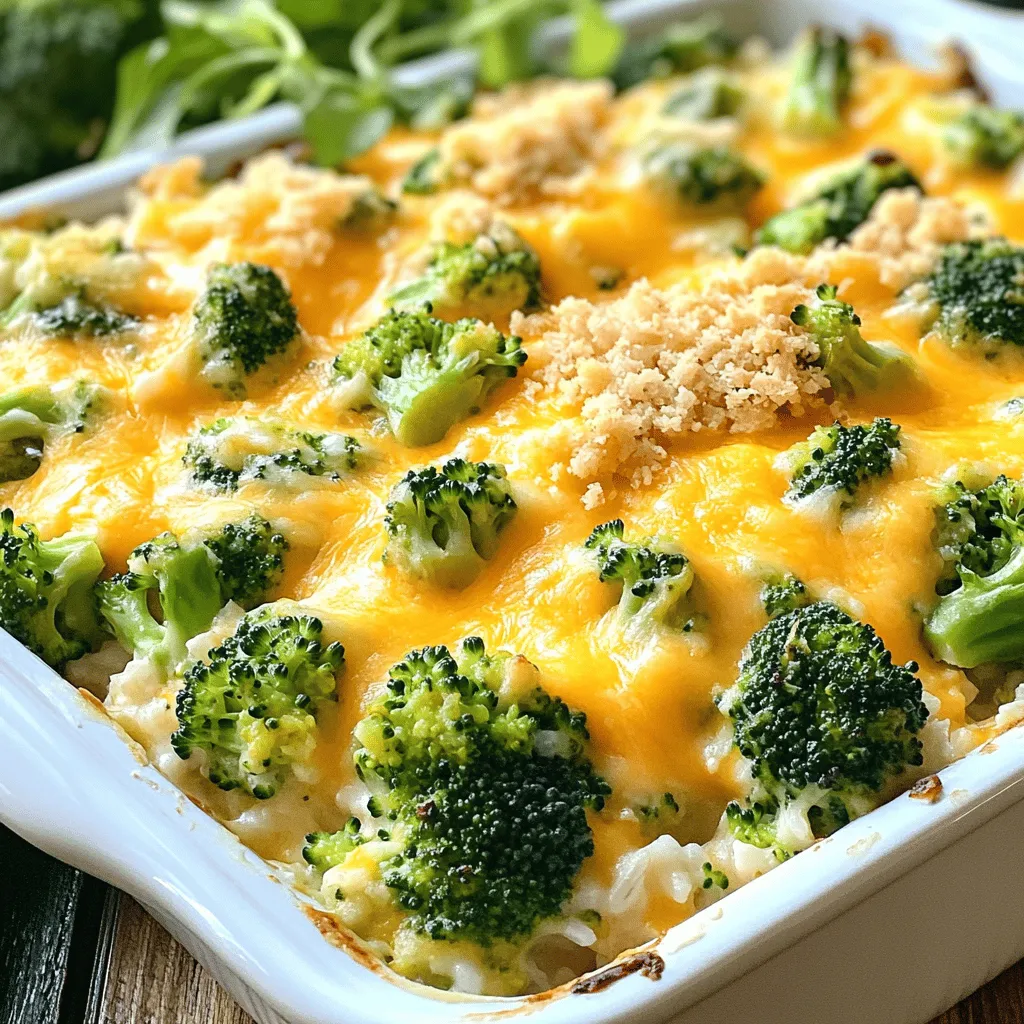- Cooked chicken (2 cups, shredded) - Cooked rice (2 cups, white or brown) - Broccoli florets (1 cup, fresh or frozen) - Cheddar cheese (1 cup, shredded) - Cream of mushroom soup (1 cup, or homemade) - Milk (1/2 cup) - Seasoning (1 tsp garlic powder, 1 tsp onion powder, salt and pepper to taste) - Breadcrumbs (1/2 cup, optional, for topping) - Olive oil (2 tbsp, if using fresh broccoli) Gather these ingredients before starting. Fresh chicken adds great taste, but you can use leftover chicken. Cooked rice can be white or brown, depending on your choice. I like fresh broccoli for its crunch, but frozen works well, too. Cheddar cheese is key for that creamy texture. You can use cream of mushroom soup from a can or make it from scratch. Milk adds smoothness to the mix. For seasoning, garlic and onion powders bring out the flavor. Don't forget salt and pepper to taste. If you want a crispy top, add breadcrumbs mixed with olive oil. This dish is easy and delicious! Check the full recipe if you want to dive deep into the cooking steps. - Preheat the oven to 350°F (175°C). - If you use fresh broccoli, boil the florets for 2-3 minutes. - Drain the broccoli and set it aside. - In a large bowl, mix cooked chicken, cooked rice, and the drained broccoli. - Add cream of mushroom soup and milk to the bowl. - Sprinkle in garlic powder and onion powder, then mix well. - Taste and add salt and pepper as needed. - Fold in half of the cheddar cheese. - Transfer the mixture into a greased 9x13-inch baking dish. - Spread it evenly, then top with the remaining cheddar cheese. - If you want, mix breadcrumbs with olive oil and sprinkle on top. - Cover the dish with foil and bake for 25 minutes. - After 25 minutes, remove the foil. - Bake for an extra 10-15 minutes until the cheese bubbles and turns golden. - Once done, let it cool for a few minutes before serving. - This cooling step helps the casserole set nicely. For the full recipe, check out the details above. How to choose the best chicken for the casserole When picking chicken, look for fresh, high-quality meat. You can use rotisserie chicken for ease. Shredded chicken works best, as it blends well with other ingredients. Make sure it has no tough bits or skin. Importance of letting the casserole sit before serving Letting the casserole sit for a few minutes after baking helps it set. This makes it easier to serve and keeps it from being too runny. Cooling also allows the flavors to mingle better. Presentation ideas for an attractive dish Serve the casserole right from the baking dish for a homey touch. Add a sprinkle of fresh herbs or extra cheese on top for color. Pair it with a side salad for a bright contrast. You can also use colorful plates to enhance the visual appeal. Side dishes that complement the casserole This casserole pairs well with simple sides. Consider a fresh garden salad or roasted vegetables. Garlic bread also works well to soak up the cheesy goodness. These sides can balance the meal and add more flavor. Alternatives for cream of mushroom soup If you want to skip cream of mushroom soup, try using cream of chicken soup or a homemade white sauce. You can also blend cooked mushrooms with cream for a fresh taste. This keeps the dish creamy and delicious. Dairy-free options for cheese and milk For a dairy-free version, use plant-based cheese and milk. Look for brands that melt well for the best results. Nutritional yeast can add a cheesy flavor without dairy. These swaps keep the casserole creamy while meeting dietary needs. For the full recipe, check out the detailed instructions. Enjoy your cooking! {{image_2}} You can easily make this casserole gluten-free. Just swap the cream of mushroom soup for a gluten-free version. Use gluten-free breadcrumbs if you want a crunchy topping. For a vegetarian version, replace chicken with extra broccoli or chickpeas. You can also use vegetable broth instead of cream of mushroom soup. To add more flavor, use spices like paprika or Italian seasoning. Fresh herbs like thyme or parsley also work well. For cheese, try using mozzarella or gouda for a different taste. Mixing different cheeses can create a delightful flavor. Feel free to change up the veggies. Cauliflower or bell peppers work great instead of broccoli. For protein, turkey or tofu can be good alternatives. Cooked quinoa can also replace rice for a fun twist. You can mix and match to fit your taste! For the complete recipe, check out the [Full Recipe]. To reheat leftovers, it’s best to use the oven. Preheat it to 350°F (175°C). Place the casserole in an oven-safe dish. Cover it with foil to keep it moist. Heat for about 20 minutes or until warm. If you want to avoid sogginess, do not add extra liquid. You can freeze the casserole for later use. First, let it cool completely. Then, wrap it tightly in plastic wrap. Place it in a freezer-safe bag or container. This keeps it fresh for up to three months. When ready to eat, thaw it in the fridge overnight. Reheat in the oven for the best texture. Leftovers last about three to four days in the fridge. Make sure to store it in an airtight container. Watch for signs of spoilage like a sour smell or mold. If it looks or smells off, it’s best to toss it. For extra safety, always check before eating. This way, you enjoy your cheesy broccoli chicken and rice casserole without worry. How long does it take to make Cheesy Broccoli Chicken and Rice Casserole? It takes about 50 minutes to make this casserole. You spend 15 minutes prepping and 35 minutes baking. Can I make this casserole ahead of time? Yes, you can prepare it a day in advance. Just cover it and store it in the fridge until you're ready to bake. Can I use raw chicken in this recipe? I do not recommend using raw chicken. Always use cooked chicken for safety and flavor. Is this a good meal for meal prep? Absolutely! This casserole is perfect for meal prep. It keeps well in the fridge and reheats nicely. What should I do if the casserole is too dry? If your casserole is too dry, add a splash of milk or broth. Mix it in before serving for more moisture. How to get a crispy topping on the casserole? For a crispy topping, mix breadcrumbs with olive oil. Sprinkle this mix on top before baking. It adds texture and crunch. This blog post covered how to make a tasty Cheesy Broccoli Chicken and Rice Casserole. You learned about the ingredients, step-by-step instructions, and useful tips. We discussed variations and how to store leftovers. This dish is simple and versatile, making it great for any meal. Try it out and enjoy a warm, hearty meal. You'll impress your family or friends with your cooking skills!