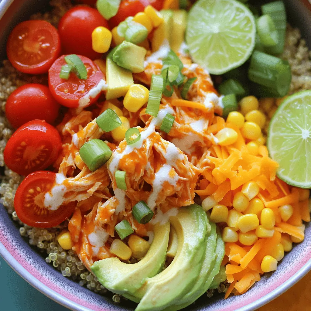 To create a tasty buffalo chicken bowl, gather these key items: - 2 cups cooked quinoa - 2 chicken breasts, cooked and shredded - 1/2 cup buffalo sauce - 1 cup cherry tomatoes, halved - 1 cup corn, frozen or fresh - 1 avocado, diced - 1/2 cup shredded cheddar cheese - 1/4 cup green onions, sliced - 1/2 cup ranch dressing or Greek yogurt - Salt and pepper to taste These ingredients bring together a mix of flavors and textures. The quinoa serves as a great base, while the chicken adds protein. The buffalo sauce gives it that spicy kick you crave. You can make this meal even better with some extra toppings: - Fresh cilantro or parsley for a pop of color - Sliced jalapeños for an added kick - Crumbled feta cheese for a tangy flavor - Crunchy tortilla chips for texture These garnishes can enhance the dish and make it more fun to eat. Feel free to mix and match based on what you like. To boost the flavors in your buffalo chicken bowls, consider these seasonings: - Garlic powder for a savory touch - Onion powder for an extra layer of flavor - Smoked paprika for a smoky note - Black pepper for a spicy finish Using these seasonings can help you personalize your dish. You can adjust them to fit your taste, making every bowl a bit different. For the full recipe, check out the details above. To start, shred the cooked chicken. You can use leftover chicken or rotisserie chicken to save time. Place the shredded chicken in a large mixing bowl. Pour in the buffalo sauce. Mix well until the chicken is fully coated in the sauce. This gives the chicken a bold flavor. Now, let’s build our bowls. Take four serving bowls and divide the cooked quinoa evenly among them. Quinoa adds a nice texture and is healthy too. Next, spoon the buffalo chicken mixture on top of the quinoa. Layer the halved cherry tomatoes and corn over the chicken. These add freshness and a pop of color. Sprinkle diced avocado and shredded cheddar cheese on each bowl. For the final touch, garnish with sliced green onions. This adds a nice crunch. Drizzle ranch dressing or Greek yogurt over each bowl. This makes the dish creamy and rich. Season with salt and pepper to taste. Serve with a lime wedge on the side. This adds a burst of freshness. You can arrange the ingredients in a rainbow pattern for a fun look. Check out the Full Recipe for more details! To make the perfect buffalo chicken, start with good quality chicken breasts. Cook them until they are tender. Shredding the chicken makes it soak up the sauce better. Use your favorite buffalo sauce, but don’t be shy. Mix the sauce well with the chicken. This gives each bite a spicy kick. If you want it milder, adjust the amount of sauce. You can also add spices like garlic powder or onion powder for more flavor. Meal prepping saves time and keeps meals easy. Cook a big batch of quinoa and chicken. Store them in separate containers. You can mix them up later. This dish stays fresh in the fridge for up to four days. Pack some veggies like cherry tomatoes and corn in small bags. That way, you can grab them when you're ready to eat. It makes lunch or dinner a breeze! To get the best flavor, serve these bowls fresh. Add avocado right before eating to keep it green. A drizzle of ranch dressing or Greek yogurt adds creaminess. Squeeze a wedge of lime over the top. It brightens the whole meal. For a pop of color, arrange the ingredients in a fun way. It makes the dish look great and appetizing. Enjoy every bite of these buffalo chicken bliss bowls! You can find the full recipe in the earlier section. {{image_2}} You can easily swap out chicken for plant-based proteins. Try using chickpeas or tofu. Both options soak up flavors well. For tofu, press it to remove extra water. Then, cook it until golden brown. Toss the chickpeas or tofu with buffalo sauce just like you would with chicken. This way, you keep the spicy kick and make it vegetarian-friendly. If you love spice, add jalapeños or cayenne pepper. Both will bring heat to your bowls. You can slice fresh jalapeños and sprinkle them on top. If you like a kick in every bite, mix in some cayenne into the buffalo sauce. Just a pinch can really amp up the flavor. Adjust the spice level to your taste! Not a fan of buffalo sauce? No problem! You can try BBQ sauce for a sweet twist. Honey mustard or sriracha can also work great. Each sauce gives a different flavor profile. You can even mix sauces for a unique taste. Just remember to keep it balanced so it doesn't overpower the other flavors. To keep your buffalo chicken bowls fresh, store them in an airtight container. Make sure to separate the chicken from the quinoa and toppings if you can. This helps keep everything crispy and tasty. Use the leftovers within three days for the best flavor. Label your container with the date to track freshness. If you want to freeze your buffalo chicken bowls, use freezer-safe containers. Portion out the chicken and quinoa separately. This way, you can heat just what you need. Use within three months for the best quality. When ready to eat, let them thaw in the fridge overnight. To reheat your buffalo chicken bowls, use the microwave. Heat on high for two to three minutes, stirring halfway. You can also use the oven. Preheat to 350°F (175°C) and heat for about 15 minutes. Check that the chicken is hot all the way through. Add a splash of buffalo sauce or ranch dressing for extra flavor. For the Full Recipe, check the previous section. Yes, you can use a slow cooker! Cook the chicken breasts on low for about 6-7 hours. Add buffalo sauce halfway through for extra flavor. This method makes the chicken tender and easy to shred. If you don’t have quinoa, use rice, couscous, or cauliflower rice. These options work well and keep the meal tasty. Each substitute offers a different texture, so choose what you like best! You can store buffalo chicken bowls for 3-4 days in the fridge. Just make sure to keep them in an airtight container. For best taste, eat them within this time frame. - Full Recipe: Buffalo Chicken Bliss Bowls These Buffalo Chicken Bowls are simple and full of flavor. You learned about key ingredients, steps to make them, and tips to nail the recipe. We also explored variations like vegetarian options and spice boosters. Remember to store your leftovers well for future meals. Enjoy these bowls for a quick lunch or dinner. With easy prep and tasty results, you’ll love making this dish again and again!