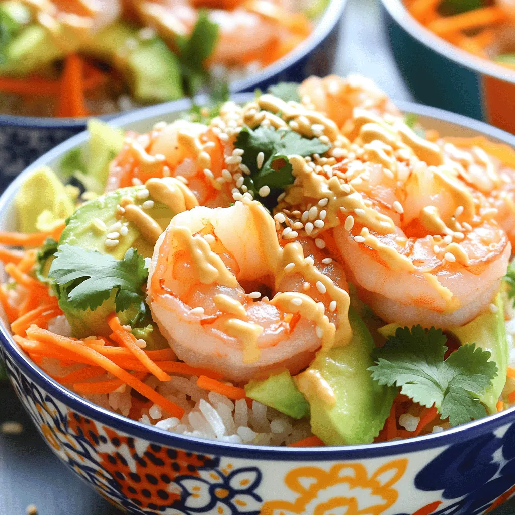 - 1 lb shrimp, peeled and deveined - 2 cups cooked jasmine rice - 1 avocado, sliced - 1 cup shredded carrots - 1 cup green cabbage, thinly sliced - ½ cup mayonnaise - 1-2 tablespoons sriracha (adjust to taste) - 2 tablespoons soy sauce - 1 tablespoon sesame oil - 1 tablespoon olive oil - 1 tablespoon lime juice - 1 teaspoon garlic powder - 1 teaspoon paprika - Salt and pepper to taste - Sesame seeds for garnish - Fresh cilantro for garnish Gathering these ingredients is the first step to making your shrimp rice bowls. I love using fresh and vibrant veggies like shredded carrots and green cabbage. They add color and crunch to the dish. The shrimp is the star here, making sure they are peeled and deveined makes cooking easy. For the spicy mayo, I simply mix mayonnaise and sriracha. You can adjust the sriracha to fit your taste. This adds a nice kick to the dish. Don't forget the soy sauce and sesame oil! They add rich flavors that tie the whole bowl together. You’ll find that these ingredients make for a quick and tasty meal. It’s simple enough for a weeknight dinner yet special for entertaining. For the full recipe, check the detailed instructions to bring this dish to life! To start, you will need to marinate the shrimp. In a bowl, mix together: - 1 lb shrimp, peeled and deveined - 2 tablespoons soy sauce - 1 tablespoon sesame oil - 1 tablespoon lime juice - 1 teaspoon garlic powder - 1 teaspoon paprika - Salt and pepper to taste Combine these ingredients well. Let the shrimp sit in the marinade for at least 15 minutes. This step brings tons of flavor. Next, let’s make the spicy mayo. In a small bowl, combine: - ½ cup mayonnaise - 1-2 tablespoons sriracha (adjust based on your spice preference) Mix these two ingredients together until smooth. Taste it to see if you want more heat. Now, heat a pan over medium-high heat. Add 1 tablespoon of olive oil. Once hot, add the marinated shrimp to the pan. Sauté the shrimp for about 3-5 minutes. You want them to be pink and cooked through. This step is quick, so keep an eye on them! It’s time to build your bowls. Start with: - 2 cups cooked jasmine rice Spoon the rice into each serving bowl. Then, add: - 1 cup shredded carrots - 1 avocado, sliced - 1 cup green cabbage, thinly sliced On top of the veggies, layer your cooked shrimp generously. Finally, drizzle the spicy mayo over everything. For a finishing touch, sprinkle sesame seeds and fresh cilantro on top. This adds color and flavor. For the full recipe, you can refer to the earlier sections. Enjoy creating your beautiful and tasty shrimp rice bowls! To cook shrimp just right, timing is key. Aim for about 3-5 minutes. Shrimp cooks fast. You'll know they are done when they turn pink and curl slightly. Overcooking makes shrimp tough. So, watch closely as they cook. For the best texture, try not to crowd the pan. This helps shrimp cook evenly. Use medium-high heat for a nice sear. A hot pan keeps shrimp juicy and flavorful. Adjust the heat in your spicy mayo to your liking. If you want it milder, use less sriracha. You can also add a bit of honey for sweetness. This balances the heat nicely. If you want dairy-free mayo, try using avocado or a vegan mayo. Both work great! You can also use Greek yogurt for a tangy twist. Each option adds its own unique flavor to the dish. For a stunning look, arrange your ingredients well. Layer rice, veggies, and shrimp in separate sections. This makes each component pop. It’s colorful and fun to eat! Don’t forget the lime wedges! They add a bright touch and extra flavor. Squeeze some lime over the bowls just before eating. It enhances the whole dish and makes it refreshing. {{image_2}} If you want a change, try using chicken, tofu, or fish instead of shrimp. Chicken works well with the same marinade. Just cook it until it’s no longer pink. For tofu, choose firm tofu and press it to remove extra moisture. Cube it before marinating and sauté until golden. Fish like salmon or tilapia also brings a fresh twist. Season and cook them until flaky. Each option gives you a new taste and texture. For gluten-free options, use gluten-free soy sauce. This keeps the flavor without the gluten. You can also make the dish vegetarian or vegan. Swap shrimp with marinated mushrooms or tempeh. These choices add depth and are full of flavor. Use vegan mayo for the spicy sauce. This way, everyone can enjoy a tasty meal. To mix things up, explore tropical or Asian-inspired seasonings. Add coconut milk to the rice for a tropical vibe. Use lime zest and cilantro for a fresh kick. You can also try adding ginger or lemongrass to the shrimp marinade. For an Asian twist, use sesame seeds or furikake as a topping. These changes will keep your shrimp rice bowls exciting and full of flavor. For the full recipe, check out the Spicy Shrimp Crunch Rice Bowls. To store your shrimp rice bowls, let them cool down first. Place leftovers in an airtight container. This keeps moisture in and prevents odors from mixing. Make sure to cover each bowl tightly. You can also separate the spicy mayo if you prefer. This helps keep all flavors fresh. When stored properly in the fridge, these shrimp rice bowls last about three days. After that, the shrimp may not taste as good. The veggies might lose some crunch too. To enjoy the best quality, eat them within this time frame. For reheating, the best method is using the stove. Heat a non-stick pan over medium heat. Add the rice bowl and cover it with a lid. This helps keep the moisture in. Stir occasionally to heat evenly. If you use a microwave, place a damp paper towel over the bowl. This helps keep the shrimp moist. Reheat for short bursts, stirring in between. This way, you won’t lose any flavor! Yes, you can make shrimp rice bowls ahead of time. To do this, cook the shrimp and prepare the spicy mayo. You can store these in the fridge for up to two days. I recommend keeping the rice and veggies separate until you are ready to serve. This way, they stay fresh and tasty. When it's time to eat, just warm the shrimp and rice in the microwave. Then, assemble your bowls! I like using jasmine rice for shrimp rice bowls. It has a nice, fragrant flavor and pairs well with the shrimp and veggies. You can also use brown rice for a healthier option. If you want something different, try sushi rice or basmati rice. Each type will give your dish a unique taste and texture. To make fewer servings, just scale down the ingredients. If the full recipe serves four, you can easily halve everything. Use ½ lb of shrimp and 1 cup of rice. Adjust the veggies and mayo to match. Keep the cooking times the same, and your dish will still taste great! This dish has a nice kick from the spicy mayo. The sriracha gives it heat, but you can adjust it. If you prefer less spice, use less sriracha in the mayo. You can even skip it and just use plain mayo. For those who love heat, add more sriracha for a spicier kick! In this article, we explored how to create delicious shrimp rice bowls. We covered the essential ingredients, preparation steps, and tips for cooking shrimp perfectly. You learned how to customize flavors and give your dish a personal touch. In the end, shrimp rice bowls are versatile and easy to make. Feel free to experiment with different proteins and spices. Enjoy the process and have fun creating your bowl!
