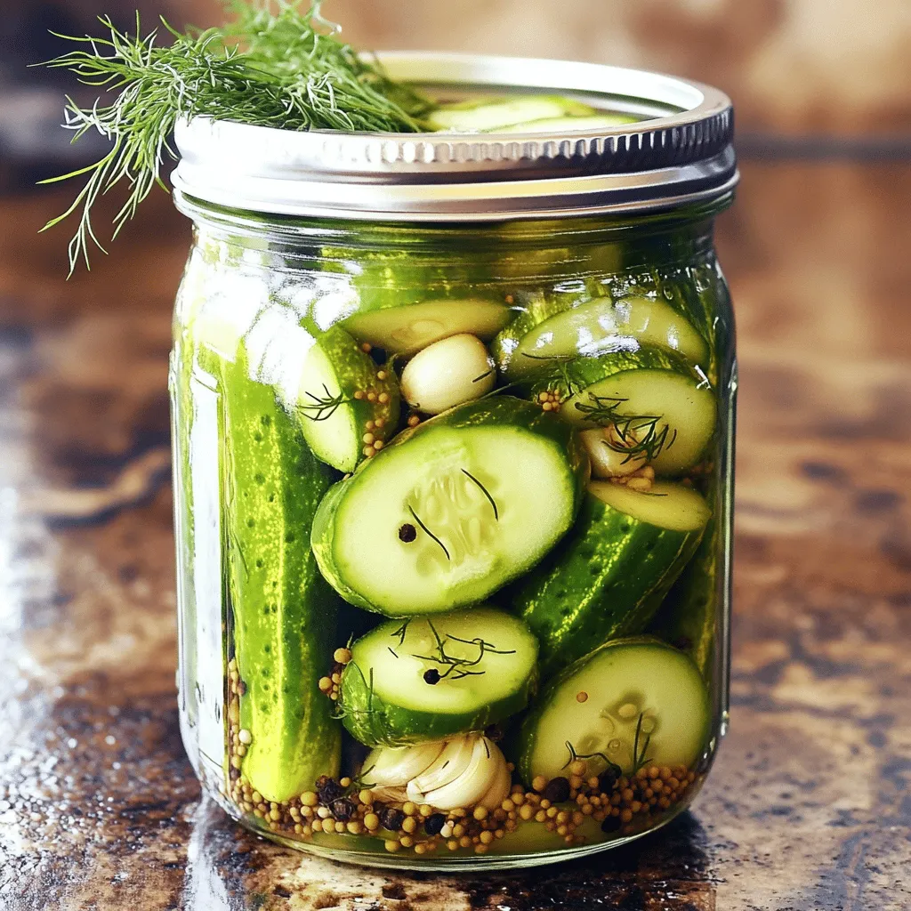 To make crunchy garlic dill pickles, gather these key items: - 1 pound small cucumbers (preferably pickling cucumbers) - 4 cups water - 1 cup distilled white vinegar - 3 tablespoons kosher salt - 4 garlic cloves, peeled and smashed - 2 tablespoons sugar - 2 teaspoons dill seeds - 1 teaspoon black peppercorns - 1 teaspoon mustard seeds - 1/2 teaspoon red pepper flakes (optional for heat) - Fresh dill sprigs (for garnish) These ingredients work together to create a tangy and crisp pickle. The cucumbers are the stars of this recipe, soaking up the brine to get full flavor. You can add some extra zing with optional ingredients: - A few slices of jalapeño for spice - A pinch of turmeric for color - Fresh herbs like thyme or bay leaves These additions can help you customize your pickles to match your taste. Feel free to experiment and find what you love! If you have allergies or dietary needs, there are easy swaps: - Use sea salt instead of kosher salt if needed. - Substitute apple cider vinegar for a milder taste. - If you're avoiding sugar, try honey or a sugar substitute. These substitutions help you enjoy garlic dill pickles while keeping them safe for everyone. Remember, the key is to keep the basic balance of ingredients to ensure great flavor! Start by rinsing the cucumbers under cold water. This helps remove dirt. Trim the ends of each cucumber to prepare them for pickling. You can slice them into spears or keep them whole. Whole cucumbers hold more crunch. In a large saucepan, mix the water, vinegar, kosher salt, and sugar. Heat this over medium heat. Stir until the salt and sugar dissolve completely. Once done, remove the pan from the heat. Let the brine cool to room temperature. This step is key for great flavor. While the brine cools, prepare your jars. Sterilize a quart-sized mason jar or two pint-sized jars. Boil them in water for 10 minutes or run them through a hot dishwasher cycle. This keeps your pickles safe to eat. Now, add the smashed garlic cloves, dill seeds, black peppercorns, mustard seeds, and optional red pepper flakes to the bottom of the jar(s). Carefully pack the cucumbers into the jar, laying them on top of the spices. Next, pour the cooled brine over the cucumbers. Make sure they are fully submerged. Top with fresh dill sprigs and seal the jar(s) with a lid. Place the pickles in the fridge for at least 24 hours. This time allows the flavors to meld together. Enjoy the full recipe for a delightful treat! To keep your pickles crunchy, choose firm cucumbers. Look for pickling cucumbers, as they are crispier. Always soak them in cold water for a few hours before pickling. This step helps them stay firm in the brine. Avoid overcooking your brine. High heat can soften the cucumbers. Once you pack the cucumbers in jars, make sure the brine covers them completely. This helps with that perfect crunch. After making your garlic dill pickles, let them sit for at least 24 hours. This waiting time allows the flavors to mix well. The longer you wait, the better the taste. You can start tasting them after one day, but they will get even better after a week. If you can wait a bit longer, they will burst with flavor! Sterilizing your jars keeps your pickles safe to eat. Boil your jars in water for 10 minutes to sterilize them. You can also run them through a hot dishwasher cycle. Make sure your jars are completely dry before adding the cucumbers. A clean environment stops bacteria from ruining your delicious pickles. Always use new lids to ensure a good seal. {{image_2}} Want to add some heat? You can make spicy garlic dill pickles. Just add more red pepper flakes to your brine. Start with one teaspoon and taste. You can always add more! You can also add sliced jalapeños for extra spice. This gives your pickles a fun kick that many enjoy. If you like sweet and sour, try sweet garlic dill pickles. You can add more sugar to the brine. Start with an extra tablespoon. This will balance the vinegar’s bite with sweetness. Some people even add a splash of apple cider vinegar for a twist. This variation is perfect for those who want a different flavor. You can also mix in seasonal herbs to your pickles. Fresh herbs like thyme, oregano, or basil can enhance the taste. Just toss a few sprigs into the jar with the cucumbers. Dill is classic, but experimenting with other herbs keeps things exciting. You can create unique flavors with simple changes! For more ideas, check the Full Recipe. Enjoy exploring these variations! After making your garlic dill pickles, store them in the fridge. The cold slows down spoilage. Keep the jar tightly sealed to keep the pickles fresh. This way, they stay crunchy and flavorful. It's best to consume them within a few weeks for optimal taste. If you store your garlic dill pickles correctly, they can last up to three months in the fridge. The longer they sit, the more flavorful they become. However, it's best to enjoy them within the first month for that fresh crunch. Always check for any off smells or mold before eating. Freezing pickles is not recommended. They lose their crunch and taste once thawed. Instead, can them for long-term storage. Use sterilized jars and a proper canning process. This way, you can keep your garlic dill pickles for a year or more. Make sure to follow safe canning practices to prevent spoilage. For the full recipe, refer to the section above. Garlic dill pickles offer many health benefits. First, they are low in calories. This makes them a great snack choice. They also contain probiotics. Probiotics help your gut stay healthy. Garlic adds more benefits. It can boost your immune system. Dill has antioxidants. These help fight inflammation. Overall, these pickles support digestion and health. You can use regular cucumbers, but pickling cucumbers work best. Pickling cucumbers are smaller and crunchier. They have fewer seeds, making them ideal for pickling. Regular cucumbers might be softer and less crisp. If you choose regular cucumbers, look for firm ones. You want them to hold their shape during pickling. Check your pickles for signs of spoilage. If they smell bad or look cloudy, discard them. If you see bubbles or foam, they may not be safe. A good pickle should be firm and crisp. If they feel mushy, throw them out. Always store pickles in the fridge after opening. This keeps them fresh longer. Making garlic dill pickles is easy and fun. We covered the key steps, from choosing ingredients to ensuring a crunchy texture. You learned how to prepare brine and pack jars right. Don't forget the flavor options and storage tips for long-lasting pickles. By following these steps, you can enjoy tasty pickles at home. Explore the variations to find your favorite. This guide gives you the tools needed for success. Happy pickling!