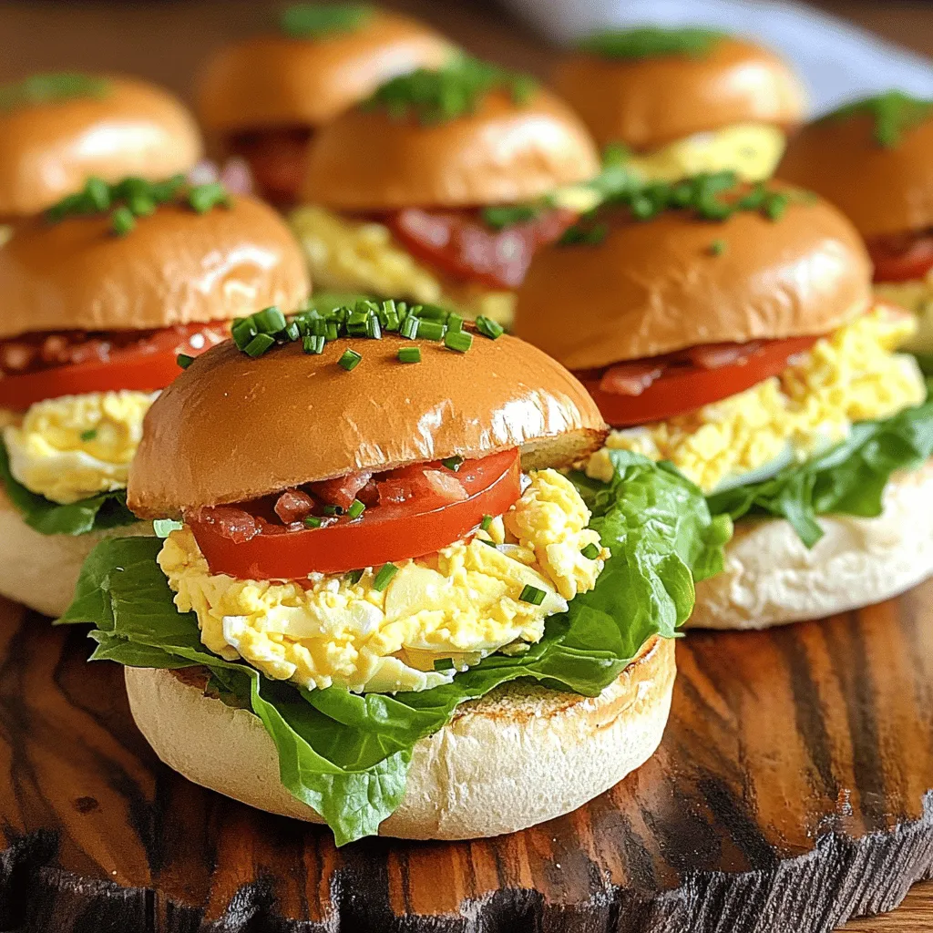 - 6 large eggs - 2 tablespoons mayonnaise - 1 teaspoon Dijon mustard - 1 teaspoon hot sauce (optional) - Salt and pepper to taste - 4 slices of crispy lettuce - 4 slices of ripe tomato - 4 slices of crispy turkey bacon or vegetarian bacon - 4 soft slider buns - Fresh chives, chopped for garnish To create tasty Devilled BLT Egg Sliders, gather all your ingredients first. Start with six large eggs. These are the base of our devilled egg mix. You will also need two tablespoons of mayonnaise, which adds creaminess. A teaspoon of Dijon mustard gives it a nice tang. If you like heat, add a teaspoon of hot sauce. Don't forget salt and pepper to taste! Next, you will need four slices of crispy lettuce and four slices of ripe tomato. These fresh veggies add crunch and flavor. For the protein, grab four slices of crispy turkey bacon or vegetarian bacon. This gives the sliders that classic BLT taste. Finally, you need four soft slider buns to hold everything together. Chop fresh chives for garnish. They add a pop of color and flavor. Once you have all these ingredients, you are ready to make your sliders. For the full recipe, check out the detailed instructions. Boiling the Eggs Start by placing the eggs in a saucepan. Cover them with cold water. Turn the heat to medium and bring it to a boil. Once the water boils, cover the pan and turn off the heat. Let the eggs sit for 12 minutes. This method gives you perfect hard-boiled eggs. Cooling and Peeling the Eggs After 12 minutes, move the eggs to a bowl of ice water. Let them cool for about 5 minutes. This step helps to stop the cooking and makes peeling easier. Once cooled, gently tap each egg on a hard surface. Roll it to loosen the shell, then peel it off carefully. Mixing Ingredients In a medium bowl, chop the peeled eggs into small pieces. Add 2 tablespoons of mayonnaise, 1 teaspoon of Dijon mustard, and 1 teaspoon of hot sauce if you want some heat. Stir the mixture until it’s creamy and smooth. This is your devilled egg base. Seasoning Add salt and pepper to taste. Start with a pinch of each and adjust as needed. A good balance of flavors will make your sliders shine. Taste the mixture to see if it needs more seasoning. Preparing the Slider Ingredients Cook the turkey bacon or vegetarian bacon until crispy. If you choose vegetarian bacon, follow the package instructions. While the bacon cooks, wash and dry your lettuce. Slice the tomatoes into rounds. Layering the Sliders Take the slider buns and slice them in half. On the bottom half of each bun, place a leaf of crispy lettuce. Add a slice of ripe tomato next. Spoon the devilled egg mixture on top of the tomato. Finally, layer on the crispy bacon. Place the top bun on each slider to finish. This step-by-step guide will help you create delightful Devilled BLT Egg Sliders. For the full recipe, check the details above! Adjusting Seasonings Start with the basic mix of eggs, mayonnaise, and Dijon mustard. Taste it as you go. If you want more flavor, add salt, pepper, or hot sauce. You can also try lemon juice for a fresh twist. Just remember: small changes can make a big impact. Texture Tips For a creamy texture, mix the ingredients well. Use a fork or a hand mixer for smoothness. If you like a bit of crunch, add finely chopped celery or pickles. This gives your devilled egg mixture both flavor and bite. Bun Selection Choose soft slider buns for the best taste. Look for fresh bakery buns or whole wheat options for a healthy twist. The bun should hold the filling without falling apart. Avoid buns that are too crusty or dense. Layering Techniques Start with lettuce on the bottom. This keeps the bun from getting soggy. Then add a slice of tomato, followed by a generous scoop of the devilled egg mixture. Finally, top it off with crispy bacon. This method ensures every bite has balanced flavors. Ideal Accompaniments Pair your sliders with a light salad or fresh fruit. Chips or fries also work well for a crunch. If you want something warm, serve with soup. Each of these options complements the sliders nicely. Presentation Tips Arrange the sliders on a nice platter. Use a colorful cloth or plate for a pop. Garnish with chopped chives on top. This adds a splash of color and makes the dish more inviting. For a fun touch, use toothpicks to hold the sliders together. For the full recipe, refer to the [Full Recipe]. {{image_2}} Vegetarian Options If you want a meat-free twist, swap turkey bacon for vegetarian bacon. It adds great flavor without the meat. You can also use avocado slices instead of bacon. This makes for a creamy and rich slider. Different Types of Bacon Try different kinds of bacon for unique tastes. You can use bacon made from pork, beef, or turkey. Each type gives a different flavor. Smoked bacon can add a wonderful depth to your sliders. Spicy Additions Need some heat? Add diced jalapeños to the devilled mixture. Another option is to mix in some cayenne pepper. This will make each bite exciting and bold. Herb Infusions Fresh herbs can brighten up your sliders. Try adding chopped dill or parsley to the egg mixture. This will give your devilled eggs a fresh kick. Basil can also add a lovely aroma and flavor. Gluten-Free Options For a gluten-free choice, look for gluten-free slider buns. Many brands now offer tasty alternatives. You can also use lettuce wraps for a low-carb option. Larger Sliders Want more food? Use regular burger buns instead of slider buns. This makes a filling meal for lunch or dinner. You can even stack two patties high for a hearty treat. Explore these variations to make your Devilled BLT Egg Sliders even more fun. For the full recipe, check the recipe section. Refrigerate any leftover sliders within two hours of making them. Place them in an airtight container. This keeps them fresh for up to three days. If you leave them out, they can spoil fast. For reheating, use an oven or toaster oven. Preheat it to 350°F (175°C). Wrap the sliders in foil to keep them moist. Heat for about 10 minutes. Check to ensure they are warm throughout. The devilled egg mixture lasts up to three days in the fridge. Store it in a sealed container. This helps keep it fresh and safe to eat. For best flavor and texture, consume it within the first two days. If you want to keep it fresh longer, avoid adding the crispy bacon until serving. This keeps everything crunchy and tasty. To make eggs easy to peel, start with older eggs. Fresh eggs stick to the shell more. After boiling, cool them in ice water for five minutes. This quick cool down helps loosen the shell. Gently tap the egg on the counter to crack it all over. This step makes peeling much easier. Yes, you can prepare the devilled egg mixture ahead of time. Store it in an airtight container in the fridge. It will stay fresh for up to two days. Just remember to stir it again before serving. This saves time on busy days and makes meal prep a breeze. You can make this recipe healthier by using Greek yogurt instead of mayonnaise. It adds creaminess without extra fat. You can also swap turkey bacon for turkey slices or tofu for a vegetarian option. Using whole-grain buns can add fiber to your meal. These swaps keep it tasty and nutritious. These sliders pair well with many sides. Try serving them with a fresh salad or vegetable sticks. You could also offer a light soup for a full meal. For a fun touch, serve some sweet potato fries. They add crunch and color to your plate. Explore these options to find your favorite side! This blog post covered how to make delicious Devilled BLT Egg Sliders. We explored all the ingredients, step-by-step instructions, and helpful tips. We also discussed fun variations and proper storage methods. Remember, you can customize this recipe to fit your tastes. Whether you prefer vegetarian options or spicy flavors, there's a way to make it yours. Enjoy serving these sliders at your next gathering; they are sure to impress!