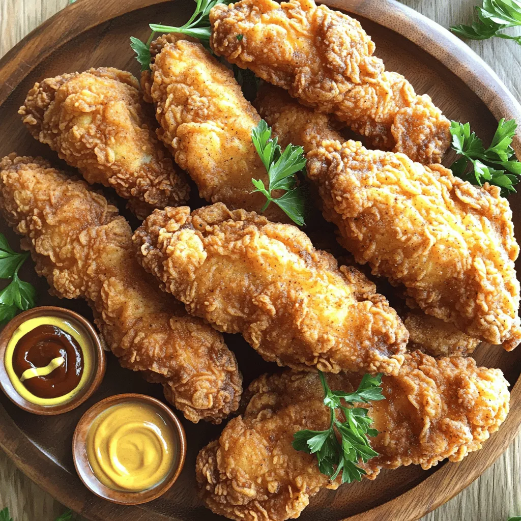 To make crispy fried chicken tenders, you need a few key ingredients: - 1 lb (450g) chicken tenders - 1 cup buttermilk - 1 teaspoon hot sauce (optional) - 1 cup all-purpose flour - 1/2 cup cornstarch - 1 tablespoon garlic powder - 1 tablespoon onion powder - 1 tablespoon paprika - 1 teaspoon salt - 1 teaspoon black pepper - Oil for frying These ingredients work together to create a tender chicken with a crunchy coating. Adding seasonings can really boost the taste of your chicken tenders. Here are some great ideas: - Add cayenne pepper for heat. - Mix in Italian herbs for a fresh taste. - Use lemon zest for a bright flavor. You can adjust these to fit your taste. Don't be afraid to experiment! You might not have everything listed. Here are some swaps you can try: - Swap buttermilk for yogurt or milk with a splash of vinegar. - Use whole wheat flour instead of all-purpose flour for a healthier option. - Cornstarch can be replaced with rice flour for a gluten-free version. These alternatives still give you tasty chicken tenders. Remember, the goal is to make it work for you! For the complete steps to make these delicious chicken tenders, check the Full Recipe. To start, gather your chicken tenders. You need 1 pound of fresh chicken. In a large bowl, mix 1 cup of buttermilk with 1 teaspoon of hot sauce, if you like spice. Place the chicken tenders in this mixture. Make sure they are fully submerged. Cover the bowl and put it in the fridge. Let them marinate for at least 1 hour. For the best flavor, marinate overnight if you can. This step keeps the chicken juicy and adds great taste. While the chicken marinates, prepare your dredging mixture. In a separate bowl, combine 1 cup of all-purpose flour and 1/2 cup of cornstarch. Add 1 tablespoon of garlic powder, 1 tablespoon of onion powder, and 1 tablespoon of paprika. Then, mix in 1 teaspoon of salt and 1 teaspoon of black pepper. Stir well to blend all the spices. This mixture gives the chicken its crispy coating. Set it aside until the chicken is ready. Heat 2-3 inches of oil in a deep pan or fryer. Use medium-high heat until the oil reaches 350°F (175°C). Carefully remove the chicken from the buttermilk. Let the excess drip off. Dredge each tender in your seasoned flour mixture. Make sure each piece is fully coated. Press gently so the coating sticks well. Now, in batches, place the coated chicken tenders in the hot oil. Fry them for about 6-8 minutes. Look for a golden brown color and ensure they are cooked through. Flip them occasionally for even cooking. Once done, transfer the chicken to a plate lined with paper towels. This helps absorb extra oil. Serve hot with your favorite dipping sauces. Enjoy your crispy fried chicken tenders! To get that perfect crunch, follow a few steps. Use buttermilk for marinating. It makes the chicken juicy and tender. Add hot sauce if you want a little kick. For the coating, mix flour and cornstarch. Cornstarch helps create a light and crispy crust. Make sure to coat each tender well. Press the coating onto the chicken. This will help it stick during frying. Many people make simple yet common mistakes. One mistake is not letting the oil heat enough. Oil should be around 350°F (175°C) before frying. If it’s too cool, the chicken will soak up oil and turn soggy. Another mistake is overcrowding the pan. Fry in small batches for even cooking. Lastly, don’t skip the marinating step. It adds flavor and moisture. Frying chicken takes some skill. First, use a deep pan or fryer. This allows even heat and better frying. Always monitor the oil temperature. Use a thermometer for best results. Once you place the chicken in the oil, don’t touch it too much. Let it cook undisturbed for a few minutes. Flip it gently when it’s golden brown. After frying, place the tenders on paper towels. This helps drain extra oil and keeps them crispy. For more detailed steps, check the Full Recipe. {{image_2}} To make spicy chicken tenders, add more hot sauce to the buttermilk. You can use two teaspoons instead of one. This adds heat and flavor. For extra spice, mix cayenne pepper into the dredging mix. Start with a half teaspoon and adjust to your taste. These spicy tenders are perfect for those who love a kick. If you want a lighter option, try baking the chicken tenders. First, marinate the chicken as usual. Then, coat them in the seasoned flour mix. Place them on a baking sheet lined with parchment paper. Spray a light layer of oil on top for crispiness. Bake at 400°F (200°C) for 20-25 minutes. Flip them halfway through for even cooking. This method gives you tasty tenders with less oil. For a gluten-free version, swap the all-purpose flour with gluten-free flour. You can also try using almond flour or chickpea flour. Make sure to check that all your ingredients are gluten-free. The process is the same, so you won’t miss out on the crunch. These options keep the flavor high while accommodating dietary needs. For the full recipe, check the section above. To keep your chicken tenders fresh, let them cool first. Place them in an airtight container. Make sure to layer them with parchment paper. This prevents them from getting soggy. Store the container in the fridge. They will last for about 3-4 days this way. When you're ready to eat your leftovers, reheating is key. Preheat your oven to 400°F (200°C). Place the chicken tenders on a baking sheet. Bake for about 10-15 minutes. This helps to regain their crunch. You can also use an air fryer. Set it to 375°F (190°C) and cook for 5-7 minutes. Both methods keep the tenders crispy. If you want to save your chicken tenders for later, freezing is a great option. First, let them cool completely. Wrap each tender in plastic wrap. Then, place them in a freezer-safe bag or container. They can last up to 3 months in the freezer. When you want to eat them, thaw in the fridge overnight. Reheat as mentioned earlier for the best taste. For more details, check the Full Recipe. The secret to crispy chicken tenders lies in the coating. I use a mix of flour and cornstarch. This mix creates a light crust that fries up crunchy. Marinating the chicken in buttermilk adds moisture and flavor. The acid in buttermilk helps tenderize the meat. Always make sure the oil is hot enough before frying. This helps seal the coating quickly, keeping it crispy. Yes, you can use chicken breasts. Cut them into strips about one inch wide. The cooking time may change slightly, so check for doneness. Chicken tenders cook faster than breasts due to their smaller size. Make sure to marinate them just as you would with tenders. This will keep them juicy and tasty. There are many great dipping sauces for chicken tenders. Here are some of my favorites: - Honey mustard - BBQ sauce - Ranch dressing - Buffalo sauce - Sweet and sour sauce Each sauce adds a unique flavor. Try them all to find your favorite! Enjoy your crispy fried chicken tenders with these tasty dips. For the full recipe, check out the earlier section. You learned how to make crispy fried chicken tenders with this guide. We covered key ingredients, like essential seasonings and tasty substitutions. The step-by-step instructions ensured perfect cooking every time. Tips helped you avoid common mistakes, while variations let you try new flavors. Lastly, I shared storage tips to keep your tenders fresh. Enjoy the process, and remember to have fun while cooking! Delicious chicken tenders await your table.