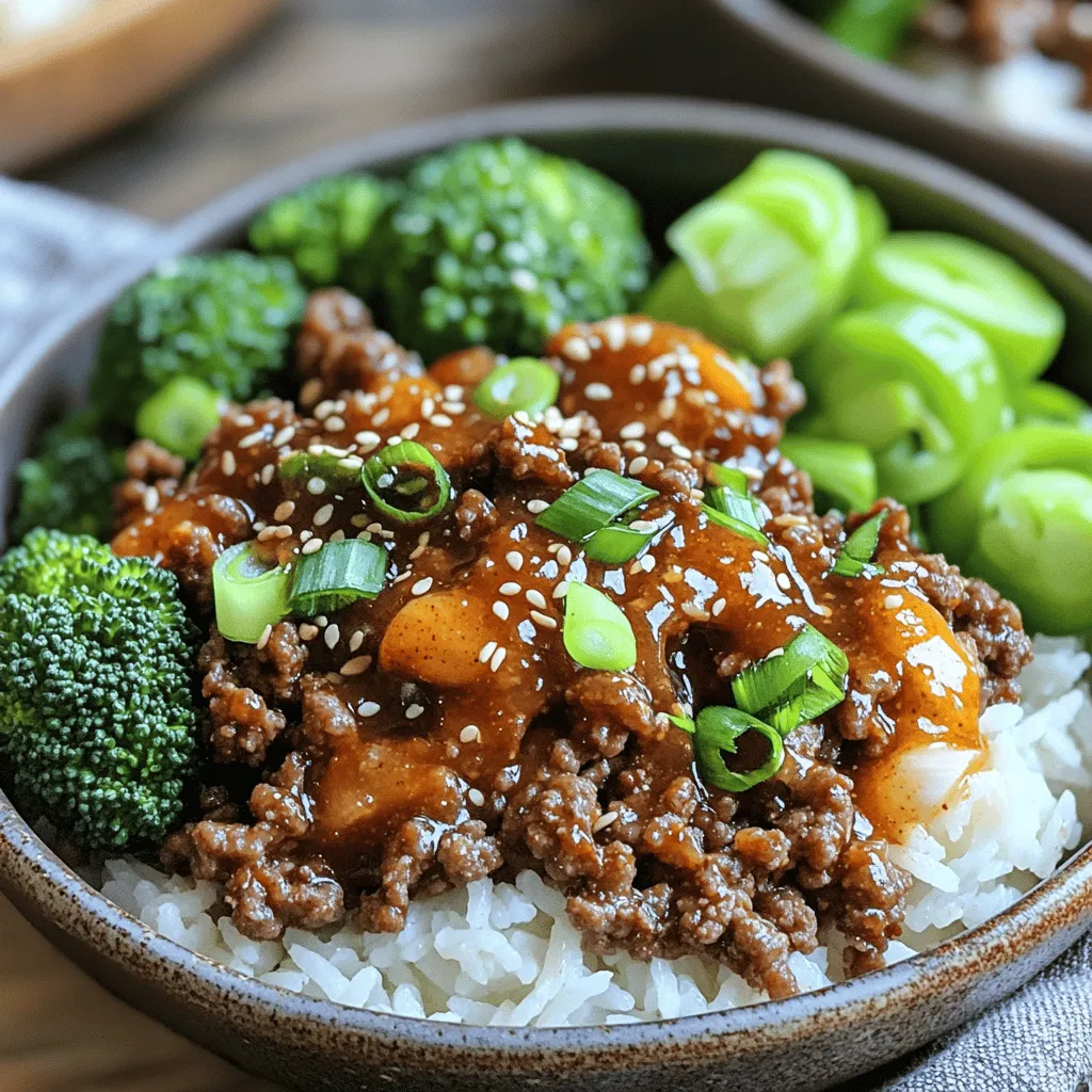 - 1 lb ground beef (80/20 for richness) - 3 cloves garlic, minced - 1 tablespoon ginger, grated - 3 tablespoons soy sauce - 1 tablespoon gochujang (Korean chili paste) - 2 tablespoons brown sugar - 1 tablespoon sesame oil - 1 small onion, finely chopped The main ingredients in this dish come together to create a rich flavor. The ground beef serves as the base. I love using 80/20 beef for its juicy texture. Fresh garlic and ginger add depth, making each bite pop. Soy sauce brings umami, while gochujang gives heat and sweetness. Brown sugar balances the heat and creates a nice glaze. Sesame oil adds a nutty richness that ties it all together. - 2 green onions, sliced (for garnish) - 1 tablespoon sesame seeds (for garnish) Garnishes enhance the dish visually and add extra flavor. Green onions offer a fresh crunch. Sesame seeds provide a nice nutty finish. You can add these to your bowl just before serving. They make your meal look and taste even better. - 1 cup cooked jasmine rice - 1 cup steamed broccoli Finally, I always serve this dish with jasmine rice. The fluffy rice soaks up the sauce perfectly. Steamed broccoli adds color and nutrition. Together, they create a well-rounded meal. You can find the Full Recipe above if you want to make this delicious dish. Enjoy! Browning the ground beef Start by heating a large skillet over medium heat. Add 1 lb of ground beef. Cook it for about 5-7 minutes. Use a spatula to break the meat apart as it cooks. Look for it to turn a nice brown color. This step adds great flavor to your dish. Draining excess fat Once the beef is brown, you need to drain the fat. Carefully pour off the fat from the skillet. Leave about 1 tablespoon in the pan. This little fat helps keep the beef juicy and tasty. Sautéing onions, garlic, and ginger Now, add the chopped onion, minced garlic, and grated ginger to the skillet. Sauté these for 3-4 minutes. You want the onion to become soft and clear. The smell of garlic and ginger will fill your kitchen, and it’s amazing! Mixing the sauce ingredients In a small bowl, mix together 3 tablespoons of soy sauce, 1 tablespoon of gochujang, and 2 tablespoons of brown sugar. Stir well until it looks smooth. Pour this sauce over the beef in the skillet. Make sure to coat the beef evenly. Simmering the mixture Reduce the heat to low. Let the mixture simmer for 3-4 minutes. This helps the flavors blend together. Stir in 1 tablespoon of sesame oil for extra richness. You’ll notice the sauce thickens a bit. Serving suggestions To serve, take a scoop of cooked jasmine rice. Place it in each bowl. Top it with the Korean beef mixture and some steamed broccoli florets. For the final touch, add sliced green onions and a sprinkle of sesame seeds on top. This will make your dish look beautiful and inviting. For the full recipe, check out Korean Beef Bliss Bowl . Choosing the right ground beef For this recipe, I recommend using 80/20 ground beef. This mix has enough fat to keep it juicy and flavorful. Leaner beef can dry out, while fattier beef can be too greasy. Balancing flavors with gochujang Gochujang adds heat and depth. Start with one tablespoon. If you like more spice, add a bit more. Taste as you go to find your perfect balance. Bowl layering techniques Layering makes your bowl look amazing. Start with a scoop of rice. Then, add the beef mixture and top it with broccoli. This keeps each bite flavorful and pretty. Using vibrant toppings Top your bowl with sliced green onions and sesame seeds. These add color and crunch. You can also add pickled vegetables for a tangy twist. Meal prep options You can make this dish in advance. Cook the beef and store it in the fridge for up to three days. Just reheat when you're ready to eat. Quick kitchen hacks Use pre-cooked rice to save time. You can also buy pre-cut broccoli. These small changes speed up your cooking time without losing flavor. {{image_2}} You can easily change the main protein in your Korean Ground Beef Bowl. Ground turkey is a great swap. It keeps the dish light and healthy. Tofu is another option for a plant-based meal. Just crumble it and cook it until golden. You can also customize the vegetables. Try adding bell peppers, carrots, or snap peas. These veggies add flavor and color. Feel free to mix and match based on what you have at home. If you want less heat, reduce the gochujang. Start with a smaller amount and taste as you go. You can always add more later. On the other hand, if you love spice, increase the gochujang. You can also add spicy toppings like sliced jalapeños or a drizzle of sriracha for extra kick. Korean meals often shine with great sides. Kimchi is a classic choice. It adds crunch and tang. Pickled vegetables also pair well; they balance the flavors of the beef. For a heartier meal, pair your bowl with other rice dishes. Fried rice or even a simple rice pilaf complements the beef. Enjoy mixing and matching to find your favorite combination. To store leftovers, place them in an airtight container. This keeps the beef fresh. It is best to cool it down to room temperature first. Then, seal the container tightly. Store it in the fridge for up to three days. When reheating, use a microwave or stovetop. Heat until the beef is hot, stirring occasionally. This helps it warm evenly. You can freeze the beef mixture for later use. Let it cool completely before freezing. Transfer it to a freezer-safe container or bag. Make sure to remove as much air as possible. This helps prevent freezer burn. It can last up to three months in the freezer. For thawing, place it in the fridge overnight. Reheat it in a pan over medium heat until hot. The Korean Ground Beef Bowl can last three days in the fridge. Check for any signs of spoilage. If you see off smells or changes in color, do not eat it. Fresh ingredients help keep the meal tasty longer. Always trust your senses to ensure food safety. You can use sriracha or chili paste as a substitute for gochujang. Both have a spicy kick. However, they lack the deep umami flavor of gochujang. If you want a sweeter taste, mix some red pepper flakes with honey. This gives a similar flavor profile, though the spice level may change. Yes, you can use different types of rice. Brown rice adds fiber and nutrients. Quinoa is another healthy choice. It provides protein and a unique texture. Cauliflower rice is a great low-carb option, too. It keeps the dish light and fresh. Each option changes the flavor a bit but stays yummy. Adding more vegetables boosts nutrition in this dish. Try adding bell peppers, carrots, or spinach. They add color and vitamins. You can also use whole grains like brown rice or quinoa. They offer more fiber and keep you full longer. Mix in some edamame for extra protein and crunch. In this article, we explored the Korean Ground Beef Bowl, focusing on key ingredients like ground beef, garlic, ginger, and essential sauces. I shared step-by-step cooking instructions, helpful tips for perfecting flavors, and creative variations to suit your taste. As you make this dish, remember that small changes can enhance your experience. Don't hesitate to experiment with spices or side dishes. Enjoy the process and happy cooking!