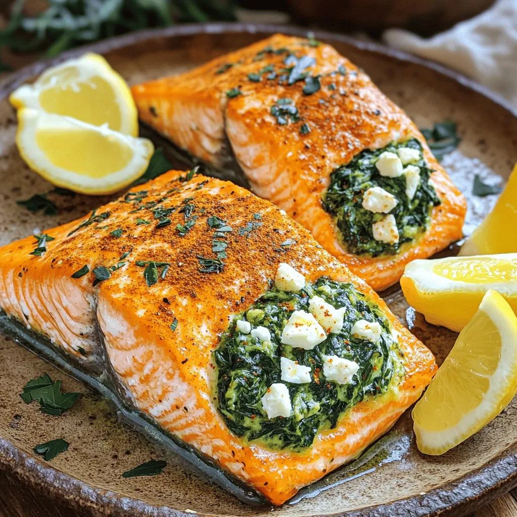 - 4 salmon fillets - 2 cups fresh spinach, chopped - 1 cup cream cheese, softened - 1/2 cup feta cheese, crumbled - 1/4 cup grated Parmesan cheese - 1 clove garlic, minced - 1 tablespoon lemon juice - Salt and pepper to taste - 1 tablespoon olive oil - 1 teaspoon paprika (for garnish) The main ingredients form the heart of this dish. Salmon fillets are rich in omega-3 fatty acids. They add a nice flavor and texture. Fresh spinach adds color and nutrients. Cream cheese brings creaminess, while feta cheese adds a sharp taste. Parmesan cheese enhances the flavor profile. The seasonings tie everything together. Garlic gives a warm aroma. Lemon juice adds brightness and balances the richness. Salt and pepper bring out the flavors of the ingredients. Olive oil is key for cooking and adds healthy fat. Paprika on top gives a pop of color and a mild kick. You can serve this dish with various sides. A light salad pairs well to balance the meal. Roasted vegetables add a nice touch too. For garnishes, use lemon wedges and fresh herbs. They add freshness and visual appeal. When it comes to drinks, a crisp white wine works great. A sparkling water with lemon also complements the flavors well. For the complete preparation method, check the Full Recipe. Preheating the oven Start by preheating your oven to 375°F (190°C). This step helps the salmon cook evenly. Preparing the spinach filling In a skillet, heat 1 tablespoon of olive oil over medium heat. Add 1 clove of minced garlic and cook for about 1 minute until it smells good. Then, toss in 2 cups of chopped fresh spinach. Cook until the spinach wilts, which takes about 2 to 3 minutes. Once done, remove it from heat and let it cool a bit. In a mixing bowl, combine the cooked spinach with 1 cup of softened cream cheese, 1/2 cup of crumbled feta cheese, and 1/4 cup of grated Parmesan cheese. Add 1 tablespoon of lemon juice, salt, and pepper to taste. Mix it all well until it’s creamy and smooth. Slicing pockets in the fillets Lay 4 salmon fillets on a clean cutting board. Use a sharp knife to carefully slice a pocket into the side of each fillet. Be sure not to cut all the way through the fillet. Filling and securing the stuffing Now, generously fill each salmon pocket with the spinach mixture. Press down slightly to secure the filling inside. This way, it won’t spill out while cooking. Baking the salmon Place the stuffed salmon fillets in a greased baking dish. Season the tops with salt, pepper, and a sprinkle of paprika for color. Bake the salmon in the preheated oven for about 15 to 20 minutes. Checking for doneness To check if the salmon is cooked, look for it to flake easily with a fork. If it does, it’s ready to eat! Remove it from the oven and let it rest for a couple of minutes before serving. For the complete recipe, check out the Full Recipe section. Enjoy your delicious spinach stuffed salmon! When you choose salmon, look for the following types: - Sockeye - Coho - King These types offer rich flavor and good texture. To check for freshness, do the following: - Look for bright, shiny skin. - Smell it; it should smell like the sea, not fishy. - Press the flesh; it should spring back, not leave a dent. You can boost the taste of your salmon with these herbs and spices: - Dill - Thyme - Oregano Adding these can bring new life to your dish. Consider these tasty additions: - Sun-dried tomatoes - Artichoke hearts - Chopped olives They can add depth to your filling and excite your taste buds. You can bake or grill your salmon. Both methods work well. - Baking: This method keeps the salmon moist. It’s easy and requires less attention. - Grilling: This adds a smoky flavor. Keep an eye on it to prevent drying. For perfect texture, remember these tips: - Do not overcook; salmon is done when it flakes easily. - Let it rest after cooking. This helps the juices settle. Try these tips to make your spinach stuffed salmon shine. For the complete preparation, check the Full Recipe. {{image_2}} You can switch up the filling for spinach stuffed salmon. - Try using different cheeses, like goat cheese or ricotta. - You can also add chopped vegetables, such as bell peppers or artichokes. - For a crunch, toss in nuts like pine nuts or walnuts. You can make this dish fit your diet. - For a gluten-free option, ensure the cheese and spices are gluten-free. - If you want a low-carb version, skip the breadcrumbs in other recipes. - You can also make it dairy-free by using cashew cheese or plant-based cream. Need more servings? It’s easy to scale up the recipe. - Double or triple the ingredients for larger gatherings. - Just remember to adjust the baking time if you use more salmon. - A thicker piece may need a few extra minutes to cook through. For full details, check the Full Recipe. To keep your spinach stuffed salmon fresh, store leftovers properly. Place the salmon in an airtight container. Make sure to cool it down first. This keeps moisture in and bacteria out. You can store it in the fridge for up to three days. After that, the flavor and texture might change. When it’s time to enjoy leftovers, reheating is key. The best methods are oven or stovetop. Preheat your oven to 300°F (150°C) for gentle heating. Place the salmon on a baking sheet, cover it with foil, and heat for about 10-15 minutes. If using a stovetop, set a skillet on low heat. Add a splash of water to keep it moist. Cover the skillet and warm it slowly. For longer storage, freezing is a great option. Wrap each stuffed salmon fillet tightly in plastic wrap. Then place them in a freezer bag. This helps prevent freezer burn. Spinach stuffed salmon can last in the freezer for up to three months. When you’re ready to eat, thaw it overnight in the fridge. This ensures even thawing and helps keep the salmon juicy. You can tell if salmon is cooked when it flakes easily. Use a fork to test it. The flesh should change from dark pink to a lighter color. The internal temperature should reach 145°F (63°C). If you see any white substance on the fish, it’s called albumin. This means it’s done but can be removed if you prefer a cleaner look. Yes! You can make the spinach filling a day ahead. Just store it in the fridge. This saves time and lets flavors blend. When you’re ready to cook, stuff the salmon and bake. This step makes meal prep easy and quick. Spinach stuffed salmon pairs well with many sides. Here are some ideas: - Light green salad - Roasted vegetables - Mashed potatoes - Quinoa or rice - Garlic bread These sides balance the rich flavors of the salmon. Spinach stuffed salmon is quite healthy. Salmon is high in omega-3 fatty acids. These fats are good for your heart. Spinach adds fiber, vitamins, and minerals. The cheese provides protein but can be high in fat. You can use low-fat cheese for a lighter option. Enjoy this meal as part of a balanced diet. For the full recipe, check out the instructions above. This blog post explored how to make delicious spinach stuffed salmon. We covered the key ingredients like salmon, cream cheese, and fresh spinach. You learned preparation steps, cooking tips, and food pairings to enhance your meal. Now, you can enjoy a tasty dish that's easy to make. Remember to experiment with flavors and adjust things to your liking. No matter how you prepare it, this dish can impress anyone at your table. Enjoy your cooking journey!