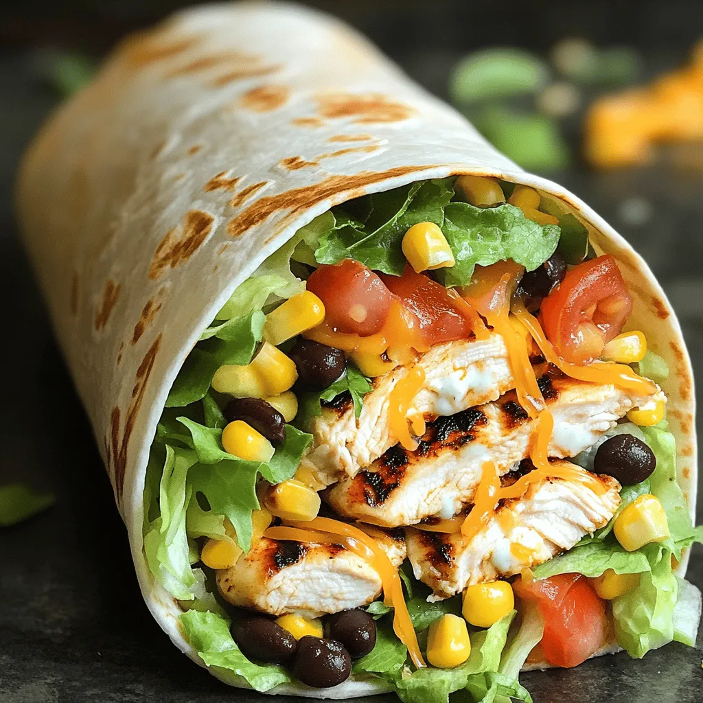 - 2 large chicken breasts - 1 cup plain Greek yogurt - 2 tablespoons chipotle sauce (or adobo sauce) - 4 large flour tortillas - 1 cup shredded lettuce - 1 cup diced tomatoes - 1 cup black beans, drained and rinsed - 1 cup corn kernels (fresh or frozen) - 1 cup shredded cheese (cheddar or Mexican blend) - 1 tablespoon ranch seasoning mix - 1 teaspoon garlic powder - 1 teaspoon lime juice - Salt and pepper to taste - Fresh cilantro for garnish (optional) When making my Easy Chipotle Ranch Grilled Chicken Burrito, I focus on fresh and tasty ingredients. The chicken breasts serve as the star of the dish. I love using Greek yogurt in the marinade; it makes the chicken tender and adds creaminess. The chipotle sauce gives it a nice kick. I also add ranch seasoning and garlic powder for flavor. The tortillas are essential for wrapping all the goodness inside. Fresh veggies are a must! I always use crisp lettuce and juicy tomatoes. Black beans and corn add texture and nutrition. Lastly, I sprinkle in some shredded cheese. It melts beautifully when you grill the burrito. I often use cilantro as a finishing touch for color and flavor. This combination brings the whole meal together, making it a delightful burrito experience. You can find the full recipe for this dish to try at home! To create the marinade, mix together 1 cup of plain Greek yogurt and 2 tablespoons of chipotle sauce. This gives the chicken a creamy and spicy base. Next, add 1 tablespoon of ranch seasoning and a teaspoon of garlic powder. Stir well to combine. This blend of flavors makes the chicken super tasty and moist. Take 2 large chicken breasts and coat them completely with the marinade. Make sure each piece is well covered. This step is key for flavor. Place the coated chicken in the fridge for at least 30 minutes. This marinating time allows the flavors to seep into the meat, giving you a delicious bite. Heat your grill to medium-high. This is the best temp for juicy chicken. Place the chicken on the grill and cook for about 6-7 minutes per side. Use a meat thermometer to check for doneness. The chicken should reach an internal temperature of 165°F (75°C). Once done, let it rest for a few minutes before slicing. This helps keep it juicy. Take a large flour tortilla and lay it flat. Start by adding a handful of shredded lettuce in the center. Then, layer on the sliced grilled chicken, diced tomatoes, black beans, corn, and shredded cheese. Try to keep the ingredients in the middle for easy wrapping. This ensures every bite is packed with flavor. To wrap the burrito, fold in the sides of the tortilla first. Then roll it tightly from the bottom to the top. This will help keep all the fillings inside. If you want extra flavor, you can toast the burritos on the grill for 2-3 minutes on each side. This adds a nice crispiness. After wrapping, slice them in half to serve. Adding fresh cilantro on top is a great touch. For the complete recipe, check out the Full Recipe. Marinating is key for flavor. It helps the chicken soak up all those tasty spices. Aim for at least 30 minutes. For a twist, swap Greek yogurt with buttermilk or sour cream. You can also try a spicy salsa instead of chipotle sauce. To get perfect grill marks, preheat the grill. Place the chicken on the grill and don’t move it for 3-4 minutes. Flip only when it releases easily. To keep the chicken juicy, avoid grilling too long. Use a meat thermometer to check for 165°F. Pair your burritos with crispy tortilla chips or a fresh salad. You can also serve it with guacamole or salsa. Want to customize? Add jalapeños for heat or avocado for creaminess. Try different toppings like diced onions or sour cream for added flavor. {{image_2}} For a vegetarian burrito, you can swap out the chicken. Try using grilled portobello mushrooms, which offer a meaty texture. Another great option is marinated tofu. It absorbs flavors well and adds protein. You can also use chickpeas or lentils. They are tasty and rich in protein. Adding these makes your burrito filling and satisfying. To make a vegan burrito, choose plant-based yogurt instead of Greek yogurt. Look for options made from almond or coconut. For the chipotle flavor, use a vegan chipotle sauce. The seasoning can stay the same, but check for dairy-free ranch seasoning. This keeps the taste while making it vegan-friendly. Want to add spice? Add sliced jalapeños to your burrito for heat. You can use fresh or pickled jalapeños. They give a nice kick! For a twist, try different sauces. You could use a spicy salsa or guacamole. These add creaminess and extra flavor. Don't be afraid to mix and match! To keep your burritos fresh, wrap them well. Use plastic wrap or foil. Place the wrapped burritos in a storage container. A glass or plastic airtight container works best. Store them in the fridge for up to three days. This helps maintain their flavor and texture. If you want to keep them longer, consider freezing. Wrap each burrito tightly and place them in a freezer-safe bag. They can last for up to three months in the freezer. For reheating, there are a few great methods. The oven is a top choice. Preheat it to 350°F (175°C). Place the burrito on a baking sheet. Heat for about 15-20 minutes. This makes the burrito warm and keeps it crispy. You can also use a microwave. Place the burrito on a microwave-safe plate. Cover it with a damp paper towel. Heat for one to two minutes. This method is quick but may make it soggy. To avoid sogginess, you can reheat in a skillet. Heat on medium for about 5 minutes, turning often. This keeps the texture nice. For the best taste, enjoy the burritos fresh, using the full recipe for guidance! I recommend marinating the chicken for at least 30 minutes. This time helps the flavors soak into the chicken. If you want a deeper flavor, you can marinate it for a few hours or even overnight. Just remember to keep it in the fridge during this time. Yes, you can use frozen chicken breasts. Just be sure to thaw them first. You can leave them in the fridge overnight or use the microwave for quick thawing. Fresh chicken gives a better taste, but frozen works in a pinch. There are many great sides you can serve with these burritos. Here are a few ideas: - Tortilla chips with salsa - Guacamole for dipping - A side salad with lime dressing - Mexican rice with cilantro These sides add color and flavor to your meal and make it more fun. Absolutely! You can prepare the chicken and burritos ahead of time. After wrapping them, store them in the fridge. They stay fresh for up to two days. When you are ready to eat, just grill or toast them for a warm and crispy finish. This makes meal prep easy and tasty. For the full recipe, check out the details above. You learned about making tasty burritos with grilled chicken, Greek yogurt, and chipotle sauce. I shared steps for marinating, grilling, and assembling. Plus, I included tips for variations and storage. Now, you can create burritos your way. Remember, marinating is key for flavor. Enjoy personalizing ingredients and impressing friends with your delicious meals!