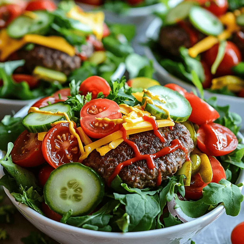 To make loaded burger bowls, you need a few key ingredients. Here’s what you’ll need: - 1 lb ground beef or turkey - 1 teaspoon garlic powder - 1 teaspoon onion powder - 1 teaspoon smoked paprika - Salt and pepper to taste - 4 cups mixed greens (spinach, arugula, and romaine) - 1 cup cherry tomatoes, halved - 1 cup cucumber, diced - 1/2 cup pickles, sliced - 1/2 cup shredded cheddar cheese - 1/4 cup red onion, thinly sliced - 1/4 cup ketchup (for drizzling) - 1/4 cup mustard (for drizzling) - 1 avocado, diced (optional) These ingredients blend to create a tasty and vibrant meal. The ground meat gives you protein, while the veggies add crunch and freshness. You can customize your burger bowls with fun toppings. Here are some great options: - Sliced jalapeños for heat - Fresh herbs like parsley or cilantro - Crispy bacon bits for extra flavor - Sliced olives for a briny touch - Hot sauce for spice lovers Adding these toppings makes your burger bowl even more exciting. They also let you express your own taste! Here’s what you can expect nutritionally from each serving of the loaded burger bowl: - Calories: Approximately 450 - Protein: About 30g - Carbohydrates: Roughly 25g - Fiber: Around 6g - Fat: About 25g This meal is rich in protein and offers a good balance of fats and carbs. It's hearty yet healthy, making it perfect for lunch or dinner. For the full recipe, check the section above! First, get a large mixing bowl. Add 1 pound of ground beef or turkey. Then, sprinkle in 1 teaspoon each of garlic powder, onion powder, and smoked paprika. Season with salt and pepper to taste. Mix everything together until it’s well combined. This step packs the meat with flavor. Next, heat a skillet over medium-high heat. Shape the meat mixture into small patties. You can make 4 to 6 patties, depending on how big you want them. Cook the patties in the skillet for about 4 to 5 minutes on each side. They should be well browned and cooked to your liking. Once done, remove them from the heat and let them rest for a couple of minutes. This helps keep them juicy. Now, it's time to build your burger bowls. Start by placing 4 cups of mixed greens in serving bowls. I like using spinach, arugula, and romaine for a nice mix. Next, add the cooked burger patties on top of the greens. Layer on 1 cup of halved cherry tomatoes, 1 cup of diced cucumber, and 1/2 cup of sliced pickles. Sprinkle 1/2 cup of shredded cheddar cheese and 1/4 cup of thinly sliced red onion over everything. If you want, add diced avocado for creaminess. Finally, drizzle with ketchup and mustard just before serving. This will make your bowls look and taste amazing! For the full recipe, check out the details above. To make a great burger patty, start with fresh meat. I like to use ground beef or turkey. The fat content matters; aim for 80/20 beef for juiciness. Mix in spices gently; overworking it can make the meat tough. Shape patties to around one inch thick. This helps them cook evenly. Always cook them on medium-high heat. Flip them only once to keep the juices in. Presentation plays a big role in how we enjoy food. Use clear glass bowls to show off the colors. Start with a bed of mixed greens. Layer your cooked patties on top. Then add bright cherry tomatoes and crunchy cucumbers. Don’t forget the colorful pickles and cheese. For a final touch, you can add fresh herbs like parsley. This makes the dish look vibrant and inviting. One common mistake is overcooking the patties. This can dry them out. Always check for doneness with a food thermometer. Another mistake is using too many toppings. Keep it balanced for the best taste. Also, do not skip the resting time for patties. This helps keep them juicy. Lastly, avoid soggy greens by adding them last. This keeps everything fresh and crisp. For the full recipe and more details, please check the section on Loaded Burger Bowls. {{image_2}} You can easily make a tasty burger bowl without meat. Use black beans, lentils, or chickpeas as the base. They pack flavor and protein. You could also try a veggie burger patty. These options keep the meal hearty and filling. Add your favorite toppings to make it your own. Think of fresh veggies and zesty sauces. If you're not a fan of beef, try other meats. Ground turkey works well and is leaner. Chicken is another great choice. Use shredded or ground chicken for a different flavor. For a plant-based option, grab some tofu or tempeh. Crumble it up and season well. Each protein option offers a unique taste and texture. Spice up your burger bowl with different seasonings. Swap garlic powder for fresh minced garlic for a stronger taste. Try adding cumin or chili powder for a warm kick. You can also mix in herbs like basil or oregano. Experiment with sauces, too. BBQ sauce or sriracha can add a fun twist. With these changes, you can create endless flavor profiles. For the full recipe, check out the loaded burger bowls section. To keep leftover burger bowls fresh, place them in airtight containers. Make sure to store each ingredient separately if possible. This helps preserve flavors and textures. Refrigerate the containers within two hours of serving. Leftover burger bowls can last for 3-4 days in the fridge. When you’re ready to enjoy leftovers, heat the protein first. Use a skillet over medium heat for best results. Cook until the meat is hot but not dry. You can warm the veggies in the microwave for about 30 seconds. Avoid reheating the greens, as they can wilt quickly. Meal prepping is a great way to save time. Cook the burger patties in advance and store them in the fridge. Chop the veggies and keep them in separate containers. Prepare the greens just before serving to keep them fresh. This way, you can quickly assemble your burger bowls when you’re ready to eat. For the full recipe, refer to the instructions above. Burger bowls are a fun twist on the classic burger. They have all the great burger flavors, but without the bun. Instead, you use a base of fresh greens. You can top it with cooked meat, veggies, and your favorite sauces. It’s like a salad and a burger in one dish. Yes, you can prep burger bowls in advance. Cook the meat and chop the veggies. Store them in separate containers. When you’re ready to eat, just assemble the bowls. This makes it easy for busy days. Many restaurants offer burger bowls now. Look at burger joints, salad bars, or health-focused spots. They often have unique toppings and sauces. If you don’t see it on the menu, ask the staff. They may make it for you. You can easily customize your burger bowl. Here are some ideas: - Meat Options: Use ground turkey, chicken, or plant-based meat. - Greens: Choose spinach, kale, or romaine. - Toppings: Add or skip cheese, pickles, or sauces based on your diet. - Dressings: Swap ketchup and mustard for low-calorie dressings or vinaigrettes. Experiment with flavors to find what you enjoy most. For a full recipe, check out Loaded Burger Bowls! Loaded burger bowls are fun, tasty, and easy to make. We covered the key ingredients, step-by-step cooking, and tips for a great meal. You can mix and match proteins and toppings to suit your taste. Storing and reheating them is simple, making meal prep a breeze. Remember, you can always make adjustments based on your diet or preferences. Dive in and create your own delicious burger bowl today!