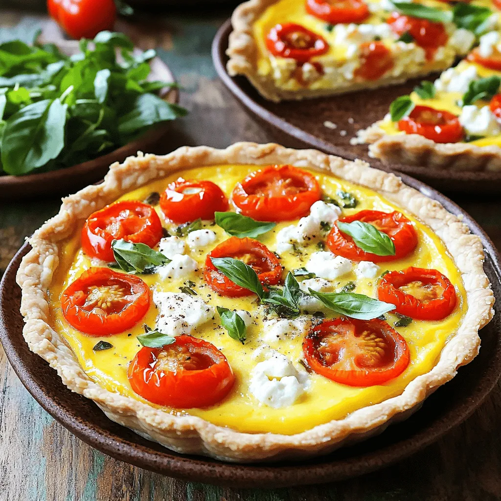 To make a flavorful cheese and tomato quiche, gather these simple ingredients: - Pre-made pie crust - Cherry tomatoes - Mozzarella cheese - Feta cheese - Eggs - Heavy cream - Fresh basil - Dried oregano - Salt and pepper - Olive oil - Optional garnish Each ingredient plays a key role in the final dish. The pre-made pie crust saves time and effort, giving you a crispy base. Cherry tomatoes add sweetness and a burst of flavor. Mozzarella cheese melts beautifully, while feta adds a tangy twist. Eggs and heavy cream create a rich, custardy filling. Fresh basil brings brightness, and dried oregano adds depth. Salt and pepper enhance all the flavors, while olive oil helps sauté the tomatoes. Feel free to use the Full Recipe to guide you through the cooking process. Whether you’re a newbie or a pro, this quiche is simple and satisfying. First, preheat your oven to 375°F (190°C). This helps the quiche cook evenly. Next, take your pre-made pie crust and place it in a pie dish. Use a fork to poke a few holes in the bottom. This step prevents the crust from bubbling up while baking. Bake the crust for about 10 minutes until it turns lightly golden. After that, remove it from the oven and let it cool a bit. Now, let’s sauté the cherry tomatoes. In a medium skillet, heat 1 tablespoon of olive oil over medium heat. Add 1 cup of halved cherry tomatoes. Sauté them for about 5 minutes until they soften slightly. Season with salt, pepper, and 1 teaspoon of dried oregano. Then, take the skillet off the heat and let the tomatoes cool. In a mixing bowl, whisk together 4 large eggs and 1 cup of heavy cream until they blend well. This mixture is the base of your quiche. Next, add 1 cup of shredded mozzarella cheese, 1 cup of crumbled feta cheese, and 1 tablespoon of chopped fresh basil. Mix everything together until well combined. Once the tomatoes have cooled, gently fold them into the egg mixture. This adds a burst of flavor to your quiche. Now, it’s time to bring it all together. Pour the mixture into your pre-baked pie crust, spreading it evenly. Bake the quiche in your preheated oven for 30-35 minutes. You know it’s ready when the center is set, and the top is lightly golden. After baking, remove the quiche from the oven and allow it to cool for about 10 minutes. This cooling time helps the quiche set, making it easier to slice. Enjoy your delicious creation! For more details, check the Full Recipe. To make a great crust, I suggest using a pre-made pie crust. They save time and taste good. You can find them in most grocery stores. To avoid a soggy bottom, poke holes in the crust before baking. This helps steam escape and keeps it crisp. Adding herbs and spices boosts flavor. I like fresh basil and dried oregano. They pair nicely with tomatoes and cheese. For the best taste, use a mix of cheeses. Mozzarella gives stretch, while feta adds saltiness and tang. This combo makes each bite delicious. Serve quiche with a side salad for a light meal. A simple green salad works well. To make your dish look pretty, garnish with fresh basil leaves. Arrange the slices nicely on plates. This makes a beautiful presentation that impresses guests. For the full recipe, check out the Cheesy Tomato Dream Quiche 🥧 section. {{image_2}} You can switch out the cheese for a unique taste. Try using goat cheese or cheddar. Both add a different flavor profile. For a twist, mix in some blue cheese for a bold bite. You can also add more veggies. Consider bell peppers, spinach, or zucchini. These add color and nutrients. Make sure to sauté them first to reduce moisture. If you need a gluten-free option, use a gluten-free pie crust. You can find these at many stores. They cook up just as tasty and hold the filling well. For a dairy-free or vegan version, replace the cream with coconut milk. There are also vegan egg substitutes available. Try using chickpea flour mixed with water for a great texture. Baking is the traditional method for quiche. It gives a nice golden crust. However, air frying is another option. It can cook faster and gives a crispy texture. You can also use a microwave for quick cooking. Just make sure to use a microwave-safe dish. This method won’t give you the same texture but saves time. To keep your quiche fresh, store it in the fridge. Wrap it tightly in plastic wrap or place it in an airtight container. It stays fresh for about 3-4 days. If you want to keep it longer, freezing is a great option. Just slice your quiche and place pieces in a freezer-safe bag. Remove as much air as possible to prevent freezer burn. It can last up to 2 months in the freezer. When it’s time to enjoy your leftovers, reheating is key. The best way is to use the oven. Preheat it to 350°F (175°C). Place the quiche slices on a baking sheet. Heat for 10-15 minutes, or until warm. This helps keep the crust crisp. You can also use a microwave for a quick fix, but it may make the crust soft. If you choose the microwave, cover the quiche with a damp paper towel to keep it moist. Enjoy your delicious quiche without losing flavor or texture! How long does a quiche last in the fridge? A quiche lasts about 3 to 4 days in the fridge. Store it in an airtight container. This keeps it fresh and tasty. Can I make the quiche ahead of time? Yes, you can make the quiche a day before. Just bake it, let it cool, and store it. Reheat before serving for the best taste. What should I serve with cheese and tomato quiche? I recommend a simple green salad or roasted veggies. They add freshness and color to your meal. Can I use other vegetables instead of tomatoes? Absolutely! You can use spinach, bell peppers, or zucchini. Just make sure they are cooked and not watery. How do I know when the quiche is done? Check if the center is set and slightly jiggly. The top should be golden brown. A knife inserted should come out clean. Possible ingredient swaps for dietary needs For gluten-free, use a gluten-free crust. For dairy-free, try almond milk and a dairy-free cheese. Recommended cooking times for variations If you add more veggies, you may need an extra 5-10 minutes in the oven. Keep an eye on it to avoid overcooking. In this post, I covered how to make a delicious cheese and tomato quiche. We explored essential ingredients, step-by-step instructions, handy tips, and possible variations. Quiche is easy to customize and perfect for any meal. You can adjust flavors and make it fit your diet. Remember, storing and reheating leftovers keeps the dish fresh for later. Enjoy making your quiche, and don’t be afraid to experiment with different ingredients!