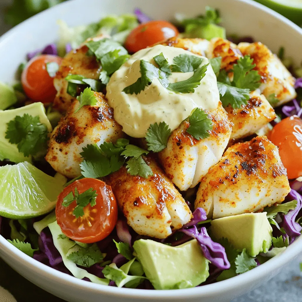 For these tasty fish taco bowls, you need a few key ingredients: - 1 lb white fish fillets (like cod or tilapia) - 2 tablespoons olive oil - 1 teaspoon chili powder - 1 teaspoon cumin - 1 teaspoon garlic powder - 1 teaspoon onion powder - Salt and pepper to taste - 1 medium avocado, diced - 1 cup shredded cabbage (green or purple, or both) - 1/2 cup cherry tomatoes, halved - 1/4 cup fresh cilantro, chopped - 2 tablespoons lime juice - 1/2 cup crema or Greek yogurt (for serving) These ingredients work together to create a fresh and flavorful meal. The fish brings protein and healthy fats. Cabbage adds crunch, while avocado adds creaminess. Lime juice brightens the dish, making every bite refreshing. To kick up the flavor, you can add: - Sliced jalapeños for heat - Extra lime wedges for more zing - A sprinkle of queso fresco for creaminess - Sliced radishes for extra crunch These optional ingredients allow you to customize your bowls. Add more heat or creaminess based on your taste. Play with flavors to make your bowl unique. These low carb fish taco bowls are not only delicious but healthy too. Each serving has about: - Calories: 350 - Protein: 30g - Carbohydrates: 15g - Fats: 20g This meal is light but filling. It fits well into low-carb diets while providing nutrients. You can enjoy a great meal without guilt. Remember, you can find the full recipe in the section above. Start by heating your grill or skillet to medium. Take one pound of white fish fillets, like cod or tilapia. Drizzle two tablespoons of olive oil over the fish. This helps the spices stick. Season both sides with one teaspoon of chili powder, cumin, garlic powder, onion powder, salt, and pepper. Mix these spices well. Now, place the fillets on the hot grill or skillet. Cook for about three to four minutes on each side. You want the fish to be opaque and flaky. When it’s done, remove it from heat. Let it rest for a minute. After that, break it into chunks. While the fish cooks, prepare the bowl base. In a large bowl, mix one cup of shredded cabbage, one diced avocado, and half a cup of halved cherry tomatoes. Add a quarter cup of chopped cilantro. Drizzle two tablespoons of lime juice over this mixture. Toss gently to combine. Now, it's time to build your taco bowl. Divide the cabbage mixture into serving bowls. Top each bowl with the chunks of grilled fish. For a rich finish, add a dollop of crema or Greek yogurt on top. If you like heat, sprinkle sliced jalapeños as well. Enjoy your low carb fish taco bowls right away! For a complete guide, check the Full Recipe. To make your low carb fish taco bowls shine, focus on seasoning. Use fresh lime juice to brighten flavors. Don’t skip the chili powder and cumin—they add depth. For a burst of flavor, add fresh herbs like cilantro. You could also mix in diced jalapeños for heat. Feel free to play with toppings, like avocado and cherry tomatoes. One common mistake is overcooking the fish. Cook until the fish is opaque and flakes easily. Also, don’t forget to season both sides of the fillets. Skipping this step can leave your dish bland. Lastly, avoid soggy veggies; use fresh cabbage and serve immediately. This keeps everything crisp and vibrant. I recommend using a good non-stick skillet or a grill. This keeps the fish from sticking and makes flipping easy. A sharp knife helps with dicing veggies and herbs. Use a large bowl for mixing the cabbage and other toppings. A fish spatula is perfect for handling delicate fish fillets without falling apart. For more detailed steps, check the full recipe. {{image_2}} If you want a vegetarian option, try using grilled zucchini or portobello mushrooms. Both add great texture and flavor. You can also use chickpeas for a protein boost. Just season them with the same spices. Toss them in olive oil and roast for a crispy finish. You won't miss the fish at all. While I love cod and tilapia, you can try other fish too. Salmon gives a rich taste. Mahi-mahi offers a firm texture that holds up well. You might also enjoy shrimp for a fun twist. Just adjust the cooking time based on the fish you choose. Toppings can change your taco bowl game. Try adding pickled red onions for tang. Fresh mango salsa adds sweetness and color. You can also use radishes for crunch. Serve with cauliflower rice or a side salad for extra veggies. Don't forget a squeeze of lime for that burst of freshness. For the full recipe, check out the Low Carb Fish Taco Bowls section. Store any leftover fish taco bowls in an airtight container. Keep them in the fridge. They stay fresh for about two days. Make sure to separate the fish from the veggies. This helps keep the cabbage crunchy. When you're ready to eat, reheat the fish gently. Use a skillet over low heat. You can also microwave it for about 30 seconds. Add a splash of water to help steam it. This keeps the fish moist. Avoid reheating too long, or it will dry out. You can freeze the fish if you have extra. Place it in a freezer-safe bag. Make sure to remove as much air as possible. It can last up to three months. However, I do not recommend freezing the veggies. They won't taste fresh after thawing. When you're ready to eat, thaw the fish overnight in the fridge. This keeps it safe and flavorful. For the best taste, enjoy your low carb fish taco bowls fresh. For the full recipe, see above! The best fish for low carb taco bowls includes cod and tilapia. Both fish are mild and flaky. They soak up spices well and grill nicely. You can also use halibut or mahi-mahi for a different taste. These options keep your meal light and flavorful. Yes, you can make parts of this recipe ahead of time. Cook the fish and store it in the fridge for up to two days. Prepare the cabbage mix and toppings earlier too. Just keep them separate until you are ready to serve. This way, you save time on busy days. Great low-carb toppings for your fish taco bowls include: - Sliced avocado - Shredded cabbage - Cherry tomatoes - Fresh cilantro - Lime wedges - Jalapeños for some spice These toppings add color and flavor. They also help keep your meal healthy and low in carbs. For a creamy touch, try crema or Greek yogurt. You can find the full recipe [here](#). In this article, we covered key ingredients for low-carb fish taco bowls and how to make them. You learned how to prepare fish, cook it well, and assemble your bowl. I shared tips to enhance flavor and avoid common mistakes. You also found variations for vegetarian options, different fish choices, and various toppings. Lastly, we discussed how to store and reheat your leftovers. Low-carb fish taco bowls are tasty and easy to make. Enjoy your cooking!