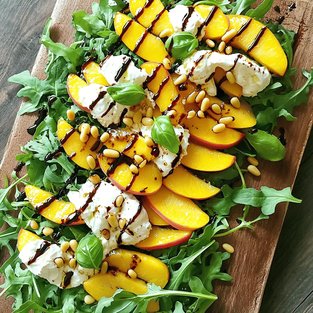 - 2 ripe peaches, sliced - 1 ball of burrata cheese - 4 cups mixed arugula and baby spinach - 1/4 cup balsamic glaze - 1/4 cup toasted pine nuts - 1 tablespoon olive oil - Fresh basil leaves for garnish - Salt and pepper to taste Choosing ripe peaches: Look for peaches that feel slightly soft to the touch. They should have a sweet aroma. The color should be a warm yellow or golden, with no green spots. Finding fresh burrata cheese: Choose burrata with a soft, creamy center. It should feel moist and not dry. Always check the date on the package for freshness. - Bowls for mixing - Serving platter - Knife and cutting board - Prepare the greens: Start by washing 4 cups of mixed arugula and baby spinach. In a large bowl, drizzle 1 tablespoon of olive oil over the greens. Season with salt and pepper to taste. Toss gently, so each leaf gets a light coat. This step adds flavor and helps the greens shine. - Slice the peaches: Take 2 ripe peaches and place them on a cutting board. Carefully cut each peach in half, removing the pit. Then, slice each half into thin wedges. The slices should be thick enough to hold their shape but thin enough to blend well with the other ingredients. - Assemble the salad layers: On a large serving platter, spread the dressed greens evenly. Next, layer the sliced peaches on top of the greens. Make sure to cover the greens well for a colorful presentation. - Adding burrata and toasted pine nuts: Tear 1 ball of burrata cheese into pieces and distribute them over the salad. Place the pieces among the peaches for a beautiful look. Then, sprinkle 1/4 cup of toasted pine nuts on top. This adds a delightful crunch and rich flavor. - Drizzling with balsamic glaze: Take 1/4 cup of balsamic glaze and drizzle it over the salad in a zigzag pattern. This step not only enhances the taste but also makes the dish visually appealing. - Garnishing with fresh basil: Finally, add fresh basil leaves on top of the salad. They not only bring a pop of green but also add a lovely aroma. - Serving suggestions for visual appeal: To impress your guests, serve the salad on a wooden or marble board. This rustic look adds charm. - Enhancing flavors with additional ingredients: Consider adding a drizzle of extra olive oil before serving. This adds shine and richness to the salad. You can also mix in some fresh herbs like mint for a unique twist. For a detailed look at the full recipe, check out the [Full Recipe]. To make the Peach Burrata Salad shine, balance is key. The sweet peaches, creamy burrata, and tangy balsamic glaze should dance on your palate. Aim for equal parts sweet, creamy, and tangy. This mix makes each bite exciting. Letting the salad rest for 10 minutes helps the flavors blend. This time allows the sweet peaches to soak in the olive oil and balsamic. You'll notice a change in taste that elevates the dish. Pair this salad with light entrées for a complete meal. Grilled chicken or fish complements the salad well. You can also serve it as a side dish at gatherings. The bright colors make it a showstopper. For a light lunch, enjoy it with a crusty baguette. The bread complements the creamy burrata. You can also add a glass of chilled white wine. If you need a vegan or dairy-free option, swap the burrata. Use a plant-based cheese that mimics its creaminess. You can also try avocado for a rich texture. For lower sugar options, skip the balsamic glaze. Instead, use a splash of lemon juice. This keeps the salad fresh and bright without added sweetness. This Peach Burrata Salad is versatile and easy to customize. You can find the full recipe to explore these ideas further. {{image_2}} You can change this salad with seasonal fruits. Try adding figs for a sweet twist. Strawberries also bring a nice berry flavor. Each fruit adds its own special taste. You can also swap the greens. Use kale or mixed baby greens instead of arugula and spinach. Different nuts like walnuts or almonds bring new textures and tastes too. Herbs and spices can boost the taste of your salad. Fresh mint or thyme adds freshness. Try a pinch of chili flakes for a little heat. You can also mix up the dressings. A citrus vinaigrette adds a bright touch. Or, use a creamy dressing for richness. Each choice builds new flavor layers. If you want a different texture, try ricotta or feta. Ricotta is creamy and light, while feta gives a salty bite. There are also great plant-based cheeses if you prefer dairy-free options. These alternatives can make the salad fit many diets. Each cheese choice brings its own flavor profile, making your salad unique. For the full recipe of Peach Burrata Salad, check out the detailed steps above. To store leftover Peach Burrata Salad, place it in an airtight container. Make sure to keep the salad in the fridge. This helps keep the flavors fresh. Avoid adding the balsamic glaze until you're ready to eat. This keeps the greens crisp. Use glass or plastic containers with tight seals. These types work best for keeping the salad fresh. If you have extra burrata, store that separately. This helps avoid sogginess. The salad lasts in the fridge for about three days. The key ingredients have different shelf lives. Peaches can stay fresh for up to five days. Burrata cheese is best used within two days once opened. Arugula and spinach last about three days as well. Signs the salad has expired include a sour smell or slimy greens. If the peaches look brown or mushy, it’s time to toss them. Always trust your senses when checking for freshness. You can get creative with leftover salad components. Try adding the greens to a wrap or sandwich. Mix the leftover peaches into yogurt or oatmeal. This adds a sweet twist to your breakfast. You can also blend the salad into a smoothie. Just toss everything in and blend until smooth. If you have extra burrata, use it on pasta or pizza. This adds a rich flavor to your dishes. Yes, you can prepare this salad ahead of time. To keep it fresh, follow these tips: - Prep the greens: Wash and dry the arugula and spinach early. Store them in a sealed container with a paper towel to absorb moisture. - Slice the peaches: Wait until just before serving to slice the peaches. This keeps them from browning. - Assemble just before eating: Layer the salad right before serving. This keeps the burrata creamy and the greens crisp. - Dressing: Keep the balsamic glaze separate until you serve the salad. This prevents sogginess. If you don’t have burrata, try these creamy alternatives: - Fresh mozzarella: It has a similar texture and taste. - Ricotta cheese: This gives a creamy feel but with a different flavor. - Feta cheese: This adds a tangy twist, though it is crumbly. - Cream cheese: It works if you want a richer taste. Selecting ripe peaches is key to this salad. Look for these traits: - Color: Choose peaches that have a deep golden hue. - Feel: Gently press the peach; it should yield slightly. - Fragrance: A sweet, fruity scent means it's ripe and juicy. - Smooth skin: Avoid peaches with wrinkles or blemishes. You can use these dressings to enhance your salad: - Homemade balsamic dressing: Mix balsamic vinegar with olive oil, salt, and pepper. - Lemon vinaigrette: Combine fresh lemon juice with olive oil for a zesty kick. - Honey mustard dressing: This adds sweetness and a bit of spice. - Store-bought options: Look for light vinaigrettes or creamy dressings that balance the flavors. For the full recipe, check out the Peach Burrata Delight! We explored how to make a refreshing Peach Burrata Salad with simple, tasty ingredients. Choosing ripe peaches and fresh burrata is key. After mixing the greens and assembling your salad, let the flavors blend for the best taste. Don't hesitate to try variations like figs or different cheeses. Remember, storing leftovers properly helps maintain freshness. This salad is a great choice for a light meal. Enjoy your delicious creation and share it with friends to impress them!
