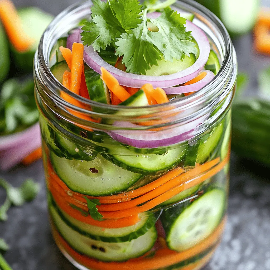 To make taco pickles, you need fresh and tasty ingredients. Here is what you will need: - 1 cup cucumbers, sliced into spears - 1 cup carrots, julienned - 1/2 cup red onion, thinly sliced - 1 cup white vinegar - 1 cup water - 2 tablespoons taco seasoning - 1 tablespoon sugar - 1 teaspoon salt - 1 teaspoon crushed red pepper flakes - 1/2 teaspoon garlic powder Each ingredient plays a big role in the flavor and crunch of your pickles. Cucumbers give a fresh taste and a nice crunch. Carrots add sweetness and color, while red onions bring a sharp bite. The brine, made from vinegar and water, soaks into the veggies and adds flavor. Taco seasoning gives your pickles their unique taste. It combines spices like cumin and chili powder for a fun twist. The sugar adds a touch of sweetness, which balances the vinegar's tang. Salt helps in preserving the pickles and enhances their flavors. Crushed red pepper flakes add a little heat, making each bite exciting. Lastly, garlic powder gives a savory depth that rounds out the taste. Using fresh, quality ingredients makes a world of difference. You will notice the crunch and flavor in every bite. For the full recipe, check the instructions to guide you through the process. First, gather your ingredients. You need white vinegar, water, taco seasoning, sugar, salt, crushed red pepper flakes, and garlic powder. In a medium saucepan, combine these items. Stir well to mix everything. Next, bring this mixture to a gentle boil over medium heat. Keep stirring until the sugar and salt dissolve. This usually takes just a few minutes. Once it boils, remove the pan from the heat. Allow the brine to cool for about 15 to 20 minutes. This cooling step is key, as it helps the flavors blend nicely. While the brine cools, focus on your veggies. Slice the cucumbers into spears. Julienne the carrots into thin strips. Finally, slice the red onion very thinly. Now, it's time to pack the vegetables. Use a clean mason jar or an airtight container. Layer the cucumbers, carrots, and onions inside. Make sure to pack them snugly but not too tight. Once your brine has cooled, it’s time to pour it over the veggies. Carefully pour the brine into the jar. Ensure that all the vegetables are fully submerged. This step is crucial for flavor. Seal the jar tightly and place it in the fridge. Let it chill for at least 24 hours. For the best taste, wait 3 to 5 days. This allows the flavors to develop fully. When you’re ready to serve, give the jar a good shake. Add fresh cilantro on top for a bright touch. Enjoy your taco pickles! For the full recipe, please refer to the cooking instructions above. Marinating your taco pickles is key. I recommend letting them sit for 3-5 days. This gives the flavors time to blend. If you can wait, the taste will be worth it! Before serving, shake the jar well. This helps mix the brine with the veggies, adding an even better taste. Choosing the right type of pickles is vital for that perfect crunch. I like to use firm cucumbers. English cucumbers work great. They stay crisp and hold their shape well, making each bite satisfying. To boost flavor, consider adding spices and herbs. Dill adds a fresh taste. You can also try cumin for a warm kick. A few sprigs of fresh cilantro can brighten the mix. Experimenting with these can lead to your unique flavor twist. For the full recipe, check the link. {{image_2}} You can switch out cucumbers and carrots for other crunchy veggies. Try using bell peppers for a sweet twist. Zucchini can add a nice texture too. If you want something spicy, jalapeños are a great choice. You can also mix in radishes for a peppery bite. Each veggie gives taco pickles a different flavor and crunch. To take your taco pickles to the next level, add some herbs and spices. Fresh dill can add a bright taste. If you love heat, consider adding more crushed red pepper or even some diced habaneros. For a smoky touch, try smoked paprika. Fresh garlic or even a squeeze of lime juice can enhance the flavor. Get creative! Mix and match to find your favorite blend. Taco pickles can fit into many cuisines. For a Mexican twist, consider adding cumin and lime. You could even toss in some black beans or corn. If you want to make a Mediterranean version, add olives and feta cheese. You can also create a Asian-inspired pickle with soy sauce and sesame oil. Each style brings a unique taste to the table. For the full recipe, check out the Taco Pickles section. To keep your taco pickles fresh, use clean glass jars. Mason jars work great. They seal tight and help keep air out. Make sure the jars are dry before filling them. This prevents excess moisture, which can spoil your pickles. Store taco pickles in the fridge. They can last up to two weeks. After that, they may lose their crunch and flavor. For the best taste, enjoy them within a week. The longer they sit, the saltier they become. Check your taco pickles for signs of spoilage. If you see mold or the pickles smell off, it's time to toss them. Also, if they feel slimy or mushy, they are no longer good. Always trust your senses; if something seems wrong, don’t eat them. To make taco pickles at home, start with fresh ingredients. You need cucumbers, carrots, and red onions. Use the following steps: - Slice 1 cup of cucumbers into spears. - Julienne 1 cup of carrots. - Thinly slice 1/2 cup of red onion. Next, prepare the brine. Combine 1 cup of white vinegar, 1 cup of water, 2 tablespoons of taco seasoning, 1 tablespoon of sugar, 1 teaspoon of salt, 1 teaspoon of crushed red pepper flakes, and 1/2 teaspoon of garlic powder in a medium saucepan. Heat this mixture until it boils, stirring until the sugar and salt dissolve. Allow it to cool for about 15-20 minutes. Place your vegetables in a clean jar. Once the brine cools, pour it over the veggies. Ensure they are fully submerged. Seal the jar and refrigerate for at least 24 hours. For the best flavor, let them marinate for 3-5 days. You can find the full recipe above for detailed instructions. You can buy taco pickles at many grocery stores. Look in the pickle aisle or the condiment section. Popular brands often carry them. If you prefer online shopping, many websites like Amazon or specialty food sites offer taco pickles too. Check local farmers' markets for homemade options. Sometimes, smaller producers have unique flavors that store brands don’t offer. Yes, you can can taco pickles for long-term storage. Follow these steps to do it safely: 1. Sterilize your jars: Boil the jars and lids in hot water for 10 minutes. 2. Prepare the brine: Use the same brine recipe as before. 3. Fill the jars: Pack the vegetables tightly into the hot jars, leaving some space at the top. 4. Pour the hot brine: Fill each jar with hot brine, ensuring the veggies are covered. 5. Seal the jars: Wipe the rims clean and screw on the lids tightly. 6. Process the jars: Place them in a boiling water bath for 10-15 minutes. 7. Cool and store: After processing, let the jars cool completely before storing them in a cool, dark place. Canned taco pickles can last up to a year if done correctly. Always check for any signs of spoilage before consuming. Taco pickles combine fresh vegetables with zesty flavors. We explored key ingredients, like cucumbers and taco seasoning, and covered step-by-step preparation. You saw tips for great crunch and flavor, plus fun variations for your pickles. In conclusion, making taco pickles is simple and rewarding. Enjoy the unique taste and customization options. Share your creations with friends or enjoy them at your next meal. Happy pickling!