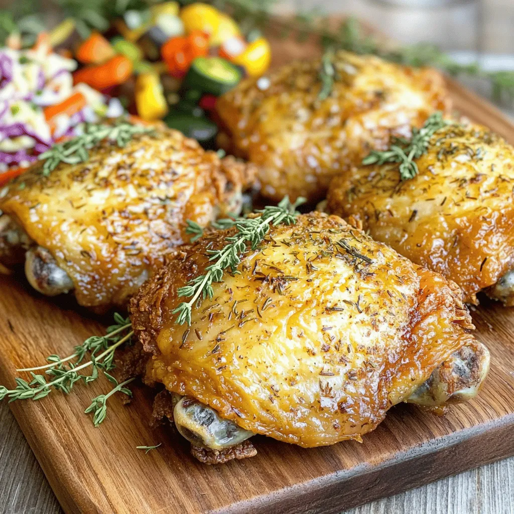 - 4 chicken thighs, skin-on (bone-in or boneless) - 1 cup buttermilk - 1 cup flour - 1 tablespoon garlic powder - 1 tablespoon onion powder - 1 teaspoon smoked paprika - 1 teaspoon dried thyme - 1 teaspoon dried rosemary - 1 teaspoon black pepper - 1 teaspoon salt - ½ teaspoon cayenne pepper (optional, for heat) - 2 tablespoons olive oil For the best oven fried chicken, focus on quality. Chicken thighs provide great flavor and juiciness. Buttermilk works wonders to tenderize the meat. It also adds a subtle tang that pairs well with the spices. The seasonings bring depth to every bite. Use fresh herbs when possible for a vibrant taste. - Cayenne pepper (for heat) - Olive oil Cayenne pepper gives your chicken a nice kick. Use it if you like some spice. Olive oil helps create that crispy crust we all love. It adds richness and flavor to the chicken. - Coleslaw - Roasted vegetables - Fresh herbs for garnish Coleslaw adds crunch and freshness, balancing the rich chicken. Roasted vegetables bring color and flavor to your plate. Fresh herbs not only look great but also enhance the dish's taste. For the full recipe, you can check the guide above. Enjoy your cooking adventure! Marinating the chicken First, gather your chicken thighs and buttermilk. In a bowl, mix 1 cup of buttermilk with 1 teaspoon of salt. Add the chicken thighs, making sure they soak well. Cover the bowl and place it in the fridge. Marinate for at least 2 hours, but overnight is best. This helps the chicken stay tender and tasty. Preparing the coating Next, grab a shallow dish. In it, combine 1 cup of flour with garlic powder, onion powder, smoked paprika, thyme, rosemary, black pepper, and cayenne pepper. Mix everything well to ensure even flavor. This coating gives the chicken its crispiness. Preheating the oven Now, preheat your oven to 425°F (220°C). Line a baking sheet with aluminum foil. Place a wire rack on top. This setup helps hot air circulate around the chicken, making it crunchy all over. Coating the chicken Once your chicken has marinated, take it out of the fridge. Let the excess buttermilk drip off. Dredge each thigh in the seasoned flour mix. Make sure to cover each piece well. Shake off any extra flour, so it does not clump. Drizzling oil for crispiness Place your coated chicken on the wire rack. Use a brush or spoon to drizzle olive oil over each piece. This step is key for that extra crispiness everyone loves. Baking the chicken Put the baking sheet in the preheated oven. Bake the chicken for about 30-35 minutes. Check for a golden brown color. Use a meat thermometer to ensure it reaches 165°F (75°C) inside. This means your chicken is safe to eat. Resting before serving After baking, take the chicken out and let it rest for about 5 minutes. This step allows the juices to settle. It makes the chicken more juicy and flavorful. Presentation ideas Serve the chicken on a rustic wooden board. Garnish with fresh herbs like thyme or rosemary. Add a side of coleslaw or roasted vegetables for a colorful plate. This makes your meal look as good as it tastes. For the complete recipe, check out the Full Recipe. - Best marination time: I suggest marinating chicken for at least 2 hours. For best taste, let it sit overnight. The longer you marinate, the more flavor it gains. - Flavor enhancements: You can add herbs or spices to the buttermilk. Try using fresh garlic or a splash of hot sauce. This will give your chicken a unique twist. - Ensuring even cooking: Make sure the chicken pieces are the same size. This helps them cook at the same rate. Place them with space in between on the wire rack. - Adjusting baking time for different chicken cuts: Thicker cuts need more time. Chicken thighs may take 35-40 minutes, while breasts can cook in 25-30 minutes. Always check the internal temperature. - Importance of using a wire rack: A wire rack allows air to flow around the chicken. This helps keep the coating crispy. If you skip this step, the bottom may get soggy. - Drizzling oil evenly: Drizzle olive oil over each piece. This helps achieve that golden, crispy finish. Use a brush or spoon for even coverage. {{image_2}} You can use various cuts for oven-fried chicken. Chicken breasts are lean and cook quickly. They are great for a lighter dish. Thighs provide more flavor and tenderness. They stay juicy during baking. Drumsticks are fun and perfect for sharing. Each cut offers a unique taste and texture. Adding herbs and spices makes your chicken special. Try fresh parsley, basil, or oregano for a twist. You can also mix in some chili powder for heat. Different marinades can change the flavor. A honey mustard marinade adds sweetness. A soy sauce marinade gives a savory kick. Experimenting is fun and helps you find your favorite. If you want a quicker option, use an air fryer. Cook at 375°F for about 20-25 minutes. This makes the chicken crispy, too. You can also grill the chicken. Marinate it first, then grill over medium heat. This adds a smoky flavor, perfect for summer days. Each method brings its own charm to the dish. For the full recipe, check the instructions above. Enjoy your cooking! To keep your chicken fresh, let it cool down first. Place the chicken in an airtight container. This helps keep out air and moisture. Store it in the fridge for up to four days. For longer storage, you can freeze it. Wrap it tightly in plastic wrap or aluminum foil. Frozen chicken stays good for about three months. When it's time to eat your leftovers, reheating right is key. The best way to reheat chicken is in the oven. Set your oven to 375°F (190°C). Place the chicken on a baking sheet. Cover it loosely with foil to keep it moist. Bake for about 15-20 minutes. Check that it’s hot all the way through. You want it to reach 165°F (75°C) inside to be safe. For extra crispiness, remove the foil for the last few minutes. Enjoy your crispy, flavorful delight again! To check if the chicken is done, use a meat thermometer. The internal temperature should reach 165°F (75°C). This ensures it is safe to eat. Insert the thermometer into the thickest part of the chicken, avoiding the bone. If it reads 165°F, your chicken is done. Yes, marinating chicken overnight is great! It helps the chicken soak in flavors. Longer marination makes the meat tender and juicy. It also allows spices to deeply infuse. Just remember to keep it in the fridge. This keeps the chicken safe from bacteria. Oven-fried chicken is a healthier choice than traditional fried chicken. It uses less oil, which cuts down on calories and fat. When you bake instead of fry, the dish has fewer unhealthy fats. Plus, you still get a crispy texture. This makes it a tasty yet better option for your diet. To make this oven fried chicken gluten-free, swap regular flour for gluten-free flour. Almond flour or rice flour work well. You can also use cornstarch for a lighter coating. Just be sure to check labels for hidden gluten in other ingredients. This way, everyone can enjoy the dish! You learned today how to make tasty baked chicken. We covered key ingredients like chicken thighs and buttermilk. You also learned step-by-step instructions for perfect cooking. Tips helped you with flavor and crispiness. Plus, we explored variations and storage tips to keep leftovers fresh. Cooking can be fun and rewarding. Enjoy your chicken, and don’t hesitate to experiment with flavors!