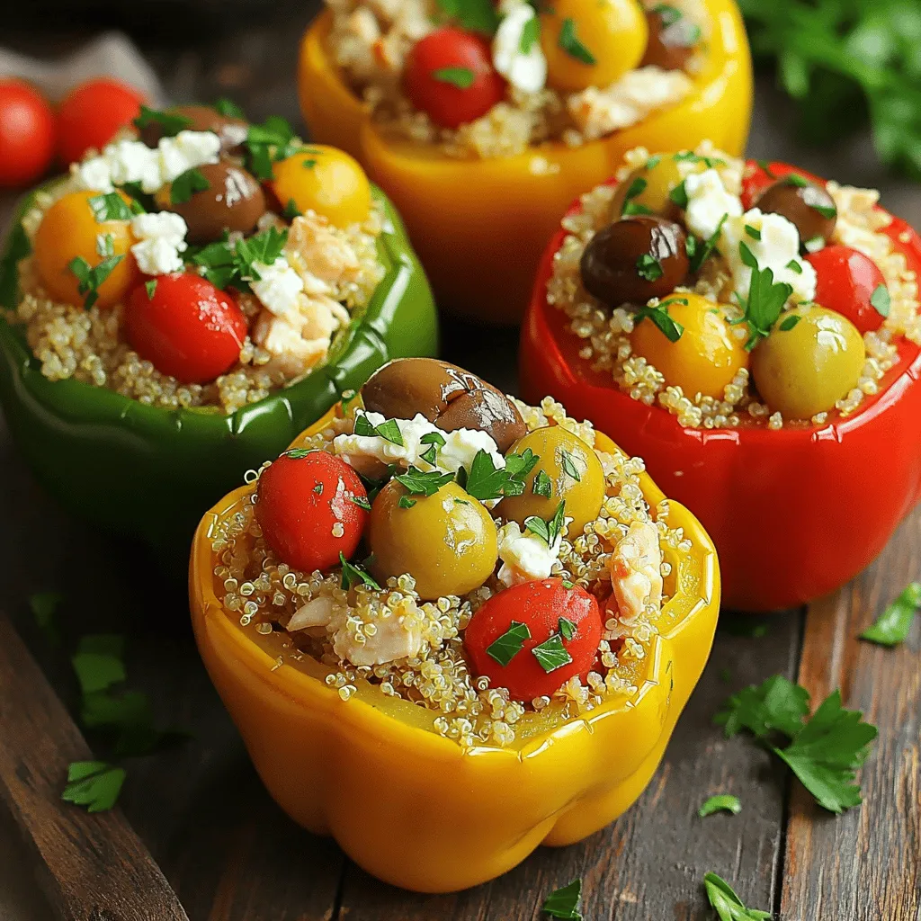 To make these tasty stuffed peppers, gather these ingredients: - 4 large bell peppers (any color) - 2 cups cooked chicken, shredded - 1 cup cooked quinoa - 1 cup cherry tomatoes, halved - 1 cup feta cheese, crumbled - 1/2 cup Kalamata olives, chopped - 1/4 cup fresh parsley, chopped - 2 tablespoons olive oil - 1 teaspoon dried oregano - 1 teaspoon garlic powder - Salt and pepper to taste These ingredients blend perfectly to create a rich flavor. You can swap some ingredients to suit your taste. If you don’t have chicken, use turkey or tofu. For quinoa, rice works well too. If you want less salt, try low-sodium feta. Use any type of olives you like, such as green olives. Fresh herbs can be replaced with dried ones if needed. These changes still keep the dish delicious. When picking bell peppers, look for firm ones. They should have smooth skin and bright color. Avoid any that feel soft or have wrinkles. Press gently on the skin; it should bounce back. Smell the pepper; it should have a fresh scent. Choosing good bell peppers makes your dish taste even better! To start, choose four large bell peppers. I love using colorful peppers for a vibrant look. Slice off the tops and take out the seeds. This part is easy! Next, lightly brush the outside of each pepper with olive oil. This helps them brown nicely in the oven. Stand the peppers upright in a baking dish. This keeps them steady while you bake them. You want to make sure they can hold all that tasty filling. Now, let’s make the filling! In a large bowl, combine the cooked chicken, cooked quinoa, cherry tomatoes, feta cheese, chopped olives, and parsley. I like to add olive oil, oregano, garlic powder, salt, and pepper for great flavor. Mix everything well until it’s all combined. This filling is packed with protein and flavor. Carefully spoon this mixture into each bell pepper. Pack it gently, so it fits nicely. Next, cover the baking dish with aluminum foil. Place it in your preheated oven at 375°F (190°C). Bake for 25 minutes. After that, remove the foil and bake for another 10-15 minutes. You want the peppers to be tender and the filling hot. To get perfectly baked peppers, keep a close eye on them. You want them soft but not mushy. If they look too dark, take them out earlier. For best results, let them cool for a few minutes after baking. When serving, sprinkle a little extra feta cheese on top and drizzle with olive oil. A bit of fresh parsley adds a nice touch too. This makes each plate look fancy and inviting. For the complete recipe, check out the [Full Recipe]. To make the stuffing burst with flavor, use fresh herbs. I like to add parsley and basil. They give a bright taste. Use high-quality feta cheese for a creamy touch. Kalamata olives add a nice saltiness. Don't forget to season well with salt and pepper. Taste the mixture before stuffing. Adjust if needed. For serving, place each stuffed pepper on a plate. Drizzle with olive oil for shine. Sprinkle extra feta cheese on top. Add fresh parsley for color. You can also serve them on a bed of quinoa or salad. This will make the dish look even better. One common mistake is overcooking the peppers. This can make them mushy. Bake them just until tender. Another mistake is not seasoning the filling enough. Always taste and adjust seasoning. Lastly, don’t skip the foil while baking. It helps keep the moisture in. Follow these tips to achieve the best results with your Mediterranean Chicken Stuffed Bell Peppers. For the full recipe, check out the details above. {{image_2}} If you want a meatless option, here is what to do. Replace the chicken with black beans or lentils. These options give protein and keep the dish hearty. You can also use chickpeas for a nutty flavor. Swap the feta with crumbled tofu or a dairy-free cheese. The result is a tasty and filling meal that everyone can enjoy. Spices can transform your stuffed peppers. Try adding a pinch of cumin or smoked paprika for warmth. You can also mix in crushed red pepper for a kick. Fresh herbs like basil or mint can brighten the dish. A squeeze of lemon juice can add freshness, too. Experiment with your favorite spices to create your perfect blend. You can get creative with the fillings. Use cooked rice or couscous in place of quinoa. For a Mediterranean twist, try adding roasted vegetables like zucchini or eggplant. You can also include nuts like pine nuts for crunch. Think about adding different cheeses, such as goat cheese or mozzarella, for unique flavors. The options are endless! For a complete overview, check out the Full Recipe. Let your stuffed peppers cool before storing. This keeps them fresh and safe. Place them on a wire rack for even cooling. If you stack them too soon, they can get soggy. Avoid putting hot peppers directly in the fridge. That can raise the fridge temperature and spoil other foods. Once cool, wrap each pepper in plastic wrap or aluminum foil. You can also use an airtight container. This keeps moisture in and flavors strong. Store them in the fridge for up to four days. If you want to keep them longer, freeze them. Just remember to label the container with the date. Reheat stuffed peppers in the oven for best results. Preheat your oven to 350°F (175°C). Place the peppers in a baking dish and cover them with foil. Bake for about 20 minutes. If you like a crispy top, remove the foil for the last five minutes. You can also use a microwave. Heat on high for about two to three minutes. Check that they are hot throughout before serving. Enjoy your Mediterranean chicken stuffed bell peppers again! For the full recipe, visit the complete guide. Yes, you can! Ground turkey or beef works well. You might also try lamb for a richer taste. Just cook the meat fully before mixing it with the other ingredients. This adds flavor and keeps it safe to eat. You can keep your stuffed peppers in the fridge for up to four days. Just make sure they cool down first. Place them in an airtight container to keep them fresh. A fresh salad is a great choice. You can also serve some warm pita bread. Tzatziki sauce adds a nice touch too. These sides balance the meal and enhance the flavor. For more ideas, check the Full Recipe. Mediterranean Chicken Stuffed Bell Peppers are flavorful and fun to make. We covered all the key ingredients, cooking steps, and tips for great results. Remember to pick fresh bell peppers and avoid common mistakes for a tasty dish. Explore variations to suit your taste. Store leftovers properly to keep them fresh. Overall, this dish is a crowd-pleaser that is easy to adapt. Enjoy creating your own amazing stuffed peppers!