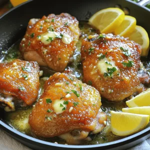 - 4 boneless, skinless chicken thighs - 4 cloves garlic, minced - 1/2 cup unsalted butter, divided - 1 tablespoon olive oil - 1 teaspoon dried thyme - 1 teaspoon paprika - Salt and pepper to taste - Fresh parsley, chopped (for garnish) - Lemon wedges (for serving) To make garlic butter chicken, gather these ingredients first. You need chicken thighs, which keep the dish juicy. The garlic adds a strong and tasty kick. Butter brings richness and flavor to every bite. Next, olive oil helps with cooking and adds flavor. Dried thyme and paprika bring herbs and warmth to the dish. Salt and pepper are key for seasoning. The fresh parsley adds color and a hint of freshness. Finally, lemon wedges give a bright finish when you serve the chicken. With these ingredients ready, you can follow the Full Recipe to create a delicious meal. Enjoy the rich flavors this dish offers! 1. Start by getting your chicken thighs ready. 2. Rinse them under cool water and pat dry. 3. Season both sides with paprika, thyme, salt, and pepper. 4. This adds a nice flavor to the chicken. 5. Now, take a large skillet and place it on the stove. 6. Add 1/4 cup of unsalted butter and one tablespoon of olive oil. 7. Turn the heat to medium and let the butter melt. 1. Once the butter is melted, add the seasoned chicken thighs to the skillet. 2. Cook them for about 6-7 minutes on one side. 3. Flip the chicken over and cook for another 6-7 minutes. 4. The chicken should be golden brown and reach 165°F inside. 5. When done, remove the chicken from the skillet and set it aside. 6. In the same skillet, add the remaining butter and the minced garlic. 7. Sauté the garlic for 1-2 minutes until it smells great, but don’t burn it. 1. Return the cooked chicken to the skillet. 2. Drizzle the garlic butter over the chicken and stir it gently. 3. Let it cook for an extra 1-2 minutes to soak up the flavors. 4. When ready, take it off the heat and sprinkle some fresh chopped parsley on top. 5. Serve the chicken hot with lemon wedges on the side for a zesty kick. 6. For more details, check the Full Recipe. To ensure your chicken is perfectly cooked, use a meat thermometer. The safe internal temperature is 165°F (75°C). Cook the chicken thighs for 6-7 minutes on each side. Look for a golden brown color. If you don’t have a thermometer, cut into the chicken. The juices should run clear without pink. Controlling garlic flavor is key in this dish. Mince the garlic finely for a strong taste. If you prefer a milder flavor, roast the garlic first. This softens its bite and adds sweetness. Remember, garlic can burn quickly, so watch it closely in the pan. To add depth, consider using fresh herbs. Thyme and rosemary work well. You can also try spices like cumin or chili powder for a kick. Just a pinch can change the whole dish. For side dishes, serve garlic butter chicken with rice or mashed potatoes. These will soak up the delicious garlic butter. Steamed vegetables or a fresh salad can add a nice crunch. For a twist, pair it with garlic bread. This creates a full garlic experience! For the complete cooking method, check the Full Recipe. {{image_2}} You can easily change the chicken cut. Chicken breasts or drumsticks work well. Each cut brings a different texture. You can also try using skin-on chicken for a crispy finish. Herbs and spices can switch too. Fresh herbs like rosemary or basil add brightness. You can use Italian seasoning for a new taste. A touch of lemon zest can add a nice kick to the flavor. Oven-baked garlic butter chicken is a great choice. Preheat your oven to 400°F (200°C). Place the seasoned chicken in a baking dish. Pour the melted garlic butter over the chicken. Bake for 25-30 minutes until cooked through. Grilling is another fun option. Marinate the chicken in the garlic butter before grilling. Preheat the grill to medium-high heat. Cook the chicken for about 6-7 minutes on each side. This method adds a smoky flavor. For the full recipe, check the Garlic Butter Chicken Delight. You can store leftover garlic butter chicken in the fridge. Place it in an airtight container. Make sure it cools down first. It will stay fresh for about 3 to 4 days. When you are ready to eat, reheat it in the microwave. Use a microwave-safe dish and cover it with a lid. Heat it for about 2 to 3 minutes, or until it's warm. You can also use a skillet. Just add a little butter to the pan. Heat on medium until hot, about 5 minutes. If you want to keep garlic butter chicken longer, freezing is a great option. Place the chicken in a freezer-safe bag. Remove as much air as you can before sealing. Label the bag with the date. This dish can last up to 3 months in the freezer. When you're ready to eat, take it out and thaw it in the fridge overnight. If you're in a hurry, you can thaw it in cold water. After thawing, reheat it using the same methods mentioned before. For the full recipe, check out Garlic Butter Chicken Delight. How long should I cook chicken thighs? You should cook chicken thighs for about 6-7 minutes on each side. This will make them golden brown and delicious. Always check that the internal temperature reaches 165°F (75°C). This way, you know the chicken is safe to eat and juicy. What can I serve with garlic butter chicken? Garlic butter chicken pairs well with many sides. You can serve it with rice, mashed potatoes, or steamed veggies. A fresh salad also works nicely. Just think about what you enjoy! Can I make this recipe creamy? Yes, you can make this recipe creamy! Add heavy cream or cream cheese to the garlic butter sauce. Stir it in after you cook the garlic. This will give you a rich and smooth sauce that coats the chicken beautifully. Is it possible to make garlic butter chicken in advance? You can make garlic butter chicken in advance. Just cook it, let it cool, and store it in the fridge. When you’re ready to eat, reheat it on the stove or in the microwave. This way, you can enjoy a great meal without the hassle! For the Full Recipe, check out the details I provided earlier. This blog post covered a simple and tasty garlic butter chicken recipe. We talked about key ingredients, easy steps, and helpful tips. With just a few changes, you can make it your own. Try grilling or adding new spices for variety. Remember to store any leftovers properly for later. Enjoy making this dish, and feel free to explore the FAQs for more ideas. Cooking can be fun and rewarding, and I hope these tips inspire confident meals in your kitchen.