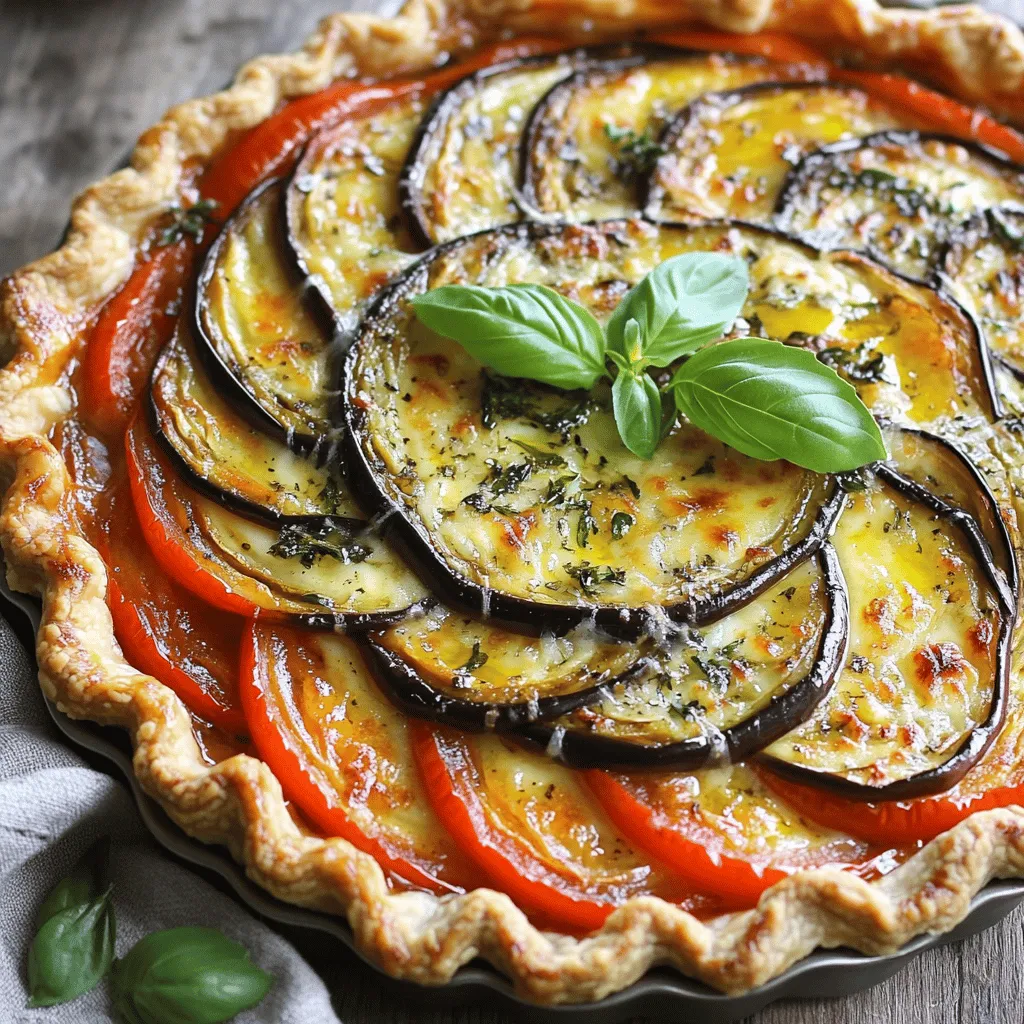Eggplant tomato pie is a tasty dish you can make with fresh veggies and cheese. It is easy to prepare and serves up to six people. The pie has layers of eggplant, tomatoes, and a creamy filling. This dish is perfect for a family meal or a gathering with friends. - 2 medium eggplants, sliced into 1/4-inch rounds - 3 medium tomatoes, sliced - 1 large onion, thinly sliced - 3 cloves garlic, minced - 1 teaspoon dried oregano - 1 teaspoon fresh basil, chopped (or 1/2 teaspoon dried) - 1/2 teaspoon red pepper flakes (optional for spice) - 1 cup ricotta cheese - 1 cup shredded mozzarella cheese - 1/2 cup grated Parmesan cheese - 1 pre-made pie crust (store-bought or homemade) - Olive oil for drizzling - Salt and pepper to taste You can add other ingredients to make the pie even better. Consider using bell peppers for sweetness. Mushrooms can add a nice texture. Fresh herbs like thyme or rosemary can boost the flavor too. If you like heat, try adding jalapeños or more red pepper flakes for extra spice. Start by gathering your ingredients. You need eggplants, tomatoes, onions, garlic, and cheeses. Slice the eggplants and tomatoes into thin rounds. Mince the garlic and slice the onion thinly. Heat olive oil in a large skillet over medium heat. Add the onions and garlic, stirring until the onions turn soft. This takes about five minutes. Next, add the eggplant slices to the skillet. Cook them for five to seven minutes. They should become soft and tender. Season the mix with salt, pepper, oregano, and basil. If you want a kick, add red pepper flakes. Once it is well mixed, take the skillet off the heat and let it cool for a bit. Roll out your pie crust on a floured surface. Fit the pie crust into a pie dish. Prick the bottom with a fork. This helps prevent bubbling while baking. Spread the ricotta cheese evenly on the bottom of the crust. Next, layer half of the cooled eggplant mixture on the ricotta. Then, add half of the sliced tomatoes. Repeat this process with the remaining eggplant and tomatoes. Finally, sprinkle the mozzarella and Parmesan cheeses on top. Drizzle a bit of olive oil over the pie. Add a pinch of salt and pepper for extra flavor. Now, it's time to bake! Preheat your oven to 375°F (190°C). Place your pie in the oven and bake for 30 to 35 minutes. The cheese should bubble and turn golden brown. Once done, take the pie out and let it cool for about ten minutes. This cooling time helps set the layers. Slice the pie carefully and serve it warm. For an extra touch, add a sprig of fresh basil on top. Enjoy this delightful dish with a side salad for a full meal. For more details, check the Full Recipe. When making Eggplant Tomato Pie, avoid thick eggplant slices. If they are too thick, they may not cook well. Also, skip overcooking the onions and garlic. You want them soft but not browned. Be careful not to skip the cooling step after cooking the eggplant. If you add hot filling to the crust, it can make it soggy. Lastly, remember to prick the crust. This helps it bake evenly. Using a pre-made pie crust can save time. If you make your own, ensure it's chilled. A cold crust stays crisp. When rolling out the dough, keep it thin. This way, it won't overpower the filling. After fitting the crust into the dish, press gently to avoid tears. Pricking the bottom lets steam escape. This keeps the crust flaky. For a golden color, brush the crust with olive oil before baking. To boost flavor, try adding fresh herbs like thyme or rosemary. They pair well with eggplant and tomatoes. For a bit of heat, increase the red pepper flakes. If you want a richer taste, mix in some sautéed mushrooms or peppers. A splash of balsamic vinegar can add depth too. For serving, sprinkle fresh basil on top for a burst of freshness. For the full recipe, refer to the Eggplant Tomato Pie details above. {{image_2}} You can make this Eggplant Tomato Pie even better with extra veggies. Try adding sliced bell peppers for a sweet crunch. Zucchini or mushrooms also work well. They blend perfectly with the eggplant and tomato for a tasty bite. Adding spinach gives a nice touch of color and nutrients. Feel free to mix and match your favorite vegetables to make it your own. For a gluten-free version, swap the pie crust with a gluten-free one. You can find many options at stores now. If you want to try something new, use a crust made from almond flour or cauliflower. This way, you can enjoy the same great taste without gluten. Just ensure the crust holds up well to the filling. Cheese lovers can experiment with different flavors. Use goat cheese for a tangy twist. Feta cheese adds a nice salty flavor that contrasts well with the sweet tomatoes. For a dairy-free option, try cashew cheese or coconut-based cheese. Each option brings a unique taste to the pie. You might find a new favorite combination! For the full recipe, check out the Eggplant Tomato Pie recipe above. After enjoying your Eggplant Tomato Pie, let it cool down. Wrap the pie tightly in plastic wrap or foil. You can also place it in an airtight container. This keeps it fresh and tasty. Store it in the fridge for up to four days. Label it with the date so you remember when you made it. To freeze your Eggplant Tomato Pie, first, cool it completely. Wrap it tightly in plastic wrap, then in aluminum foil. This double wrap helps protect it from freezer burn. It can last for up to three months in the freezer. When ready to eat, thaw it in the fridge overnight before reheating. To reheat leftover pie, preheat your oven to 350°F (175°C). Place the pie in an oven-safe dish. Cover it with foil to keep it from drying out. Heat for about 20-25 minutes. If you like a crisp crust, remove the foil for the last 5 minutes. This will make the cheese bubbly and golden again. Enjoy your delicious pie warm! To add spice to your Eggplant Tomato Pie, you can use red pepper flakes. Start with 1/2 teaspoon in the filling. This gives a nice kick without being too hot. If you want more heat, add a little cayenne pepper or diced jalapeños. Taste the filling before baking to find the right balance for you. Yes, you can use many types of cheese in this pie. Try goat cheese for a tangy flavor. Feta cheese adds a nice salty touch. Cream cheese can make the pie creamy. Mix and match cheeses to find what you love best. Just keep the total amount of cheese similar to the original recipe. Eggplant Tomato Pie pairs well with light side dishes. A fresh garden salad adds crunch and color. You can also serve it with garlic bread for a tasty bite. Roasted vegetables or a simple cucumber salad complement the pie's flavors nicely. Choose sides that balance the richness of the pie. Eggplant Tomato Pie lasts about 3 to 4 days in the fridge. Make sure to store it in an airtight container. If you want it to last longer, consider freezing it. Just wrap it well in plastic wrap and then foil. This keeps it fresh for up to 2 months. Enjoy the pie warm for the best taste. This article covered how to make a delicious Eggplant Tomato Pie. We discussed key ingredients and optional additions to enhance flavor. I provided step-by-step instructions for preparation and baking. You learned tips to avoid common mistakes and perfect your crust. We explored various ways to modify the recipe and storage tips for leftovers. Remember, cooking is all about experimenting. Feel free to try different ingredients and find your favorite twist on this dish! Enjoy your cooking journey!