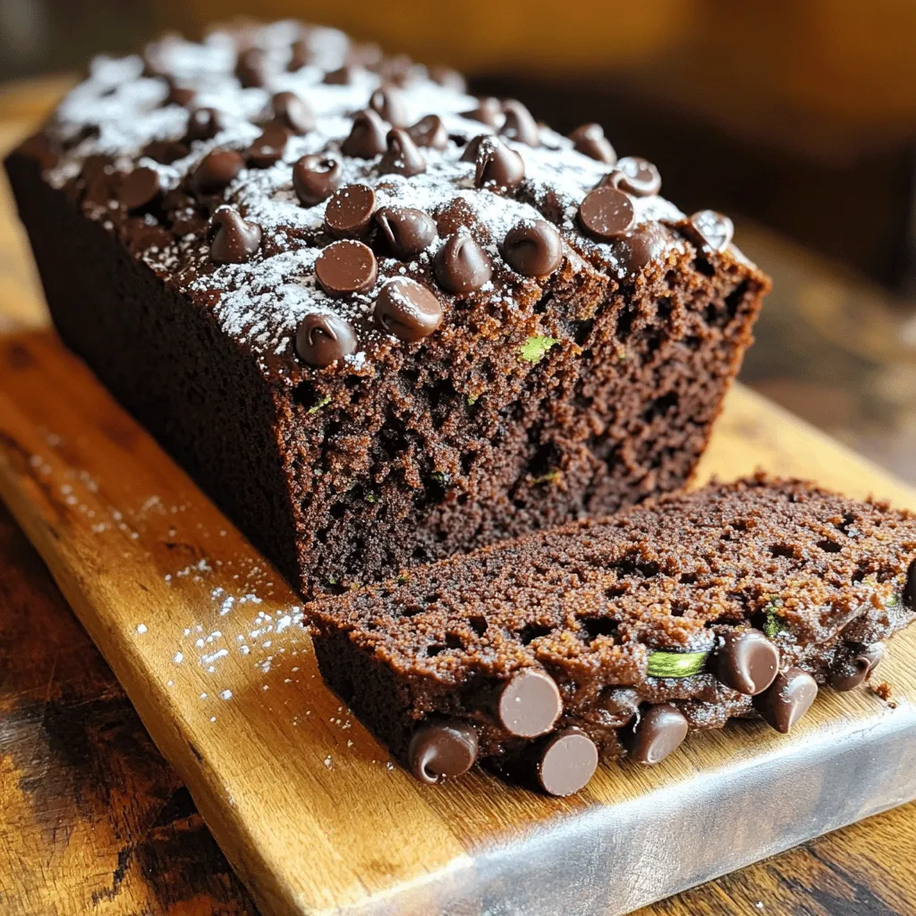 - Grated zucchini - All-purpose flour - Granulated sugar - Unsweetened cocoa powder - Baking soda, baking powder, and salt - Semi-sweet chocolate chips - Chopped walnuts or pecans What can I use instead of sugar? You can replace granulated sugar with brown sugar or honey. Both options add a nice flavor. What can I use instead of eggs? If you want to skip eggs, try flaxseed or applesauce. Both work well in this recipe. Using flaxseed can help bind the ingredients together. You only need 1 tablespoon of ground flaxseed mixed with 2.5 tablespoons of water for one egg. Applesauce gives moisture and sweetness. Use 1/4 cup of unsweetened applesauce for each egg. These substitutions keep the bread tasty and moist. Don't worry; it will still taste amazing! For the full recipe, check out the Decadent Chocolate Zucchini Bread. First, you need to preheat your oven to 350°F (175°C). This step is key for even baking. While the oven heats up, take a 9x5-inch loaf pan. Grease it with a bit of oil or butter. Flour it lightly, or for easier cleanup, line it with parchment paper. This will help the bread slide out smoothly after baking. In a large mixing bowl, combine the following dry ingredients: - 1 ½ cups all-purpose flour - ½ cup unsweetened cocoa powder - ½ teaspoon baking soda - ½ teaspoon baking powder - ½ teaspoon salt - 1 cup granulated sugar Whisk these together until they blend well. This helps the leavening agents work better as they mix with wet ingredients. Now, in another bowl, mix together: - 1 cup grated zucchini - 2 large eggs - ½ cup vegetable oil - 1 teaspoon vanilla extract Stir these until they are well blended. The zucchini adds moisture and makes the bread soft. Next, gently combine the dry ingredients with the wet mixture. Add the dry mix slowly to the zucchini mix. Stir gently to avoid overmixing. Overmixing can lead to tough bread. A few lumps in the batter are perfectly fine. Once combined, fold in ½ cup semi-sweet chocolate chips and nuts if you like. Pour the batter into your prepared loaf pan. Smooth the top with a spatula. Bake in the oven for about 50 to 60 minutes. To check for doneness, insert a toothpick into the center. If it comes out clean, your bread is ready. After baking, let it cool in the pan for about 10 minutes before moving it to a wire rack. Enjoy the sweet aroma filling your kitchen! For the full recipe of this delicious chocolate zucchini bread, check out the [Full Recipe]. To keep your chocolate zucchini bread moist, grated zucchini is key. Grating the zucchini helps release its natural moisture. This moisture will blend with the other ingredients, making the bread soft and tender. Be sure to use fresh zucchini for the best results. Proper measuring of dry ingredients is also very important. Use a spoon to scoop flour into your measuring cup. Then, level it off with a straight edge. This method helps prevent adding too much flour, which can dry out the bread. When storing leftover chocolate zucchini bread, let it cool completely first. Wrap the bread tightly in plastic wrap or foil. This helps to keep it moist and fresh. You can store it at room temperature for up to three days. For longer storage, place it in the fridge or freezer. If you choose to freeze it, slice the bread first. This way, you can take out just what you need. Wrap each slice in plastic wrap, then place them in a freezer-safe bag. This method will keep your bread tasty for about three months. Get creative with how you serve your chocolate zucchini bread! It’s great on its own, but you can enhance it. Try adding a dollop of whipped cream on top for a special treat. It’s also delicious with a sprinkle of powdered sugar. Pairing it with a cup of coffee or tea makes it even better. You can enjoy it at breakfast or as a snack. For an extra flavor twist, serve it with a scoop of vanilla ice cream. This combination is sure to impress your guests! For the complete recipe, check out the [Full Recipe]. {{image_2}} To make your chocolate zucchini bread healthier, try these two options: - Lower-sugar options: You can reduce the sugar by half. Use ripe bananas or applesauce to add natural sweetness. This keeps the bread moist and flavorful while cutting calories. - Whole wheat flour substitution: Swap out all-purpose flour for whole wheat flour. This adds fiber and nutrients. The bread stays moist while enhancing the taste. Add some extra flavor to your chocolate zucchini bread with these tips: - Adding spices: Try mixing in a teaspoon of cinnamon or nutmeg. These spices give a warm taste that pairs well with chocolate. You can also add a pinch of salt to boost the flavors. - Incorporating different types of chocolate: Instead of semi-sweet chocolate chips, use dark or white chocolate. This change gives a fun twist and can change the overall flavor profile of the bread. In the fall, you can switch up the recipe for a seasonal treat: - Using pumpkin instead of zucchini: Replace the grated zucchini with canned pumpkin. This gives a rich flavor and adds moisture. The spices you add will shine in this version, making it perfect for fall. You can view the Full Recipe for more detailed steps on making this delicious bread. To keep your chocolate zucchini bread fresh, store it properly. For short-term storage, you can keep it at room temperature. Wrap it tightly in plastic wrap or place it in an airtight container. This method works best if you plan to eat it within a few days. For long-term preservation, refrigeration is a great option. Place the wrapped bread in the fridge. This helps it last longer while still keeping it moist. Just remember to let it come to room temperature before serving for the best taste. Freezing chocolate zucchini bread is simple. First, let it cool completely after baking. Then, wrap it tightly in plastic wrap and aluminum foil. This helps prevent freezer burn. You can freeze it for up to three months. When you're ready to enjoy it, thaw the bread in the fridge overnight. For a quicker option, you can leave it out at room temperature for a few hours. Enjoy it warm for the best flavor! The shelf life of chocolate zucchini bread is impressive. When stored at room temperature, it stays fresh for about three days. If you keep it in the fridge, it can last up to a week. Proper storage ensures you enjoy every slice of this moist and tasty treat. Yes, you can use frozen zucchini. Just make sure to thaw and drain it well. Excess water can make your bread too wet. Fresh zucchini gives a better texture, but frozen works in a pinch. If you use frozen, chop it into smaller pieces for easier mixing. You can use several substitutes for eggs in this recipe. Some great options include: - 1/4 cup unsweetened applesauce for each egg - 1/4 cup mashed banana for each egg - 1 tablespoon ground flaxseed mixed with 2.5 tablespoons water (let it sit for 5 minutes) These options keep your bread moist and tasty. To check for doneness, look for a few signs: - The top should be firm and spring back when touched. - A toothpick inserted in the center should come out clean or with a few crumbs, not wet batter. If you see wet batter, bake for a few more minutes. Yes, you can make mini loaves! Use smaller pans and adjust the baking time. Bake for about 25-35 minutes. Check doneness with a toothpick as you would for a large loaf. Mini loaves are great for sharing or gifting! If your bread turns out dry, try these tips: - Add a bit of moisture with a glaze or syrup on top. - Serve slices with butter or cream cheese to add richness. - For the next bake, consider adding more zucchini or oil. This will help keep it moist. This blog post shared how to make delicious chocolate zucchini bread. We covered ingredients, mixing steps, baking tips, and storage methods. Remember to measure accurately and check for doneness. Feel free to customize with add-ins or try different flavors. With these tips, you can create a moist and tasty treat every time. Enjoy your baking journey and don’t hesitate to experiment!