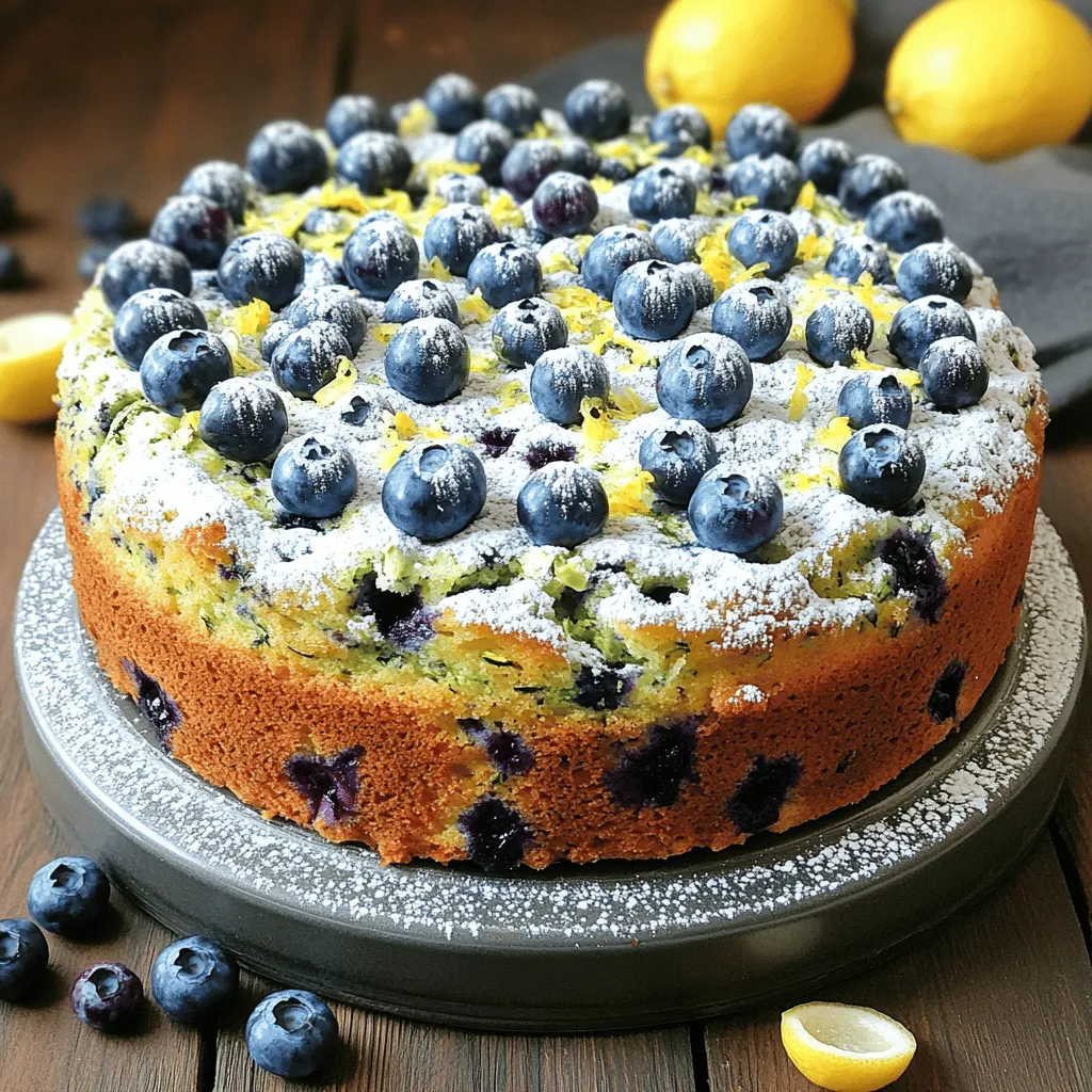 When making a Lemon Blueberry Zucchini Cake, it's key to have the right ingredients. Here’s what you need: - 2 cups grated zucchini (about 1 medium zucchini) - 1 cup fresh blueberries (plus extra for topping) - 1/2 cup unsalted butter, softened - 1 cup granulated sugar - 2 large eggs - 1 teaspoon vanilla extract - 1 cup all-purpose flour - 1/2 teaspoon baking powder - 1/2 teaspoon baking soda - 1/4 teaspoon salt - Zest of 1 lemon - 2 tablespoons fresh lemon juice - 1/2 teaspoon ground cinnamon Using fresh, high-quality ingredients really makes this cake shine. The zucchini adds moisture, while the blueberries provide a delightful burst of flavor. The lemon zest and juice bring a bright, refreshing taste that balances the sweetness. Don't forget to check the ripeness of your blueberries. Fresh ones will give the best flavor. For the zucchini, make sure to grate it finely. This helps it blend smoothly into the cake. You can find the full recipe [here]. Enjoy the process of gathering these ingredients, as they set the stage for a lovely baking experience! 1. Preheat oven and prepare the cake pan: First, set your oven to 350°F (175°C). Grease and flour an 8-inch round cake pan. This helps the cake come out easily later on. 2. Creaming the butter and sugar: In a large bowl, mix 1/2 cup of softened butter and 1 cup of granulated sugar. Beat them together until the mixture looks light and fluffy. This step adds air to the cake. 3. Incorporating eggs and wet ingredients: Next, add 2 large eggs, one at a time. Stir in 1 teaspoon of vanilla extract, the zest of 1 lemon, and 2 tablespoons of fresh lemon juice. Mix well until it looks smooth and combined. 1. Whisking together flour and leavening agents: In another bowl, whisk together 1 cup of all-purpose flour, 1/2 teaspoon of baking powder, and 1/2 teaspoon of baking soda. This mix helps the cake rise. 2. Adding cinnamon and salt: Add 1/4 teaspoon of salt and 1/2 teaspoon of ground cinnamon to the flour mixture. Whisk again to blend everything evenly. 1. Merging wet and dry mixtures: Gradually add the dry mix to the wet mixture. Stir gently until just combined. Be careful not to overmix, as this can make the cake tough. 2. Folding in zucchini and blueberries: Now, fold in 2 cups of grated zucchini and 1 cup of fresh blueberries. This adds moisture and flavor to the cake. 3. Pouring batter and garnishing: Pour the batter into your prepared cake pan. Smooth the top with a spatula. For a nice touch, scatter a few extra blueberries on top before baking. Now you're ready to bake. For the full recipe, be sure to check out the instructions! To get the best Lemon Blueberry Zucchini Cake, check for doneness with a toothpick. Insert it into the center of the cake. If it comes out clean, your cake is ready. If it has batter on it, bake for a few more minutes. Each oven is different. You may need to adjust the baking time. Start checking at 30 minutes, but don’t be afraid to let it bake longer if needed. For an attractive finish, dust the cooled cake with powdered sugar. Add a sprinkle of lemon zest and some fresh blueberries on top. This makes the cake look fancy and inviting. This cake pairs well with tea or coffee. The lemon and blueberry flavors work nicely with these drinks. Enjoy it as a sweet snack or a delightful dessert with friends! {{image_2}} You can switch out some ingredients for different textures and tastes. If you want a gluten-free cake, try using almond flour or a gluten-free blend. Almond flour gives a nutty flavor and moist texture. Just remember, it may need a little more liquid. If you like your cake sweeter, you can adjust the sugar. You can add more sugar if you prefer a sweeter slice. Alternatively, use honey or maple syrup for a different sweetness. Just reduce the liquid in the recipe to keep the balance. To amp up the flavor, consider adding nuts or spices. Chopped walnuts or pecans add a nice crunch. You might also try adding a pinch of nutmeg for warmth. If you want a twist, use other citrus fruits instead of lemon. Lime gives a fresh zing, while orange adds a sweet aroma. Just replace the lemon zest and juice with the zest and juice of your choice. This keeps the cake exciting and new every time you bake! To keep your Lemon Blueberry Zucchini Cake moist, follow these tips: - Let the cake cool completely before storing it. - Wrap the cake tightly in plastic wrap or foil. - Place it in an airtight container for best results. You can store the cake at room temperature or in the fridge. If you keep it at room temperature, it’s best to eat it within three days. If you store it in the fridge, it can last up to a week. Just remember that the fridge may dry it out a bit, so wrap it well. Freezing your cake is easy and keeps it fresh. Here’s how: - Slice the cake into portions before freezing. - Wrap each slice in plastic wrap, then in foil. - Place the wrapped slices in a freezer-safe bag or container. When you want to enjoy a slice, take it out of the freezer. Let it thaw in the fridge overnight. You can also microwave it for about 15-20 seconds if you need it fast. Enjoy your cake warm for the best taste! Can I use frozen blueberries? Yes, you can use frozen blueberries. Just make sure to thaw and drain them first. This keeps the cake from getting too wet. Fresh blueberries work best, but frozen ones are fine in a pinch. Is it possible to make this cake vegan? You can make this cake vegan. Replace the eggs with flax eggs or applesauce. Use plant-based butter instead of regular butter. This will keep the cake moist and tasty. How can I tell when the cake is done baking? To check if the cake is done, insert a toothpick into the center. If it comes out clean, the cake is ready. The edges should also pull slightly away from the pan. What are the nutritional benefits of zucchini in this cake? Zucchini adds moisture and fiber to the cake. It helps keep the cake light and fluffy. Zucchini is low in calories and high in vitamins like A and C. It also contains antioxidants. How many calories are in a slice of Lemon Blueberry Zucchini Cake? A slice of this Lemon Blueberry Zucchini Cake has about 200 calories. This can vary based on serving size and ingredients. It makes a tasty treat without too many calories. You can enjoy it guilt-free! For the complete recipe, check out the Full Recipe. In this blog post, I covered how to make a delicious Lemon Blueberry Zucchini Cake. We looked at each ingredient, from grated zucchini and fresh blueberries to butter and eggs. You learned step-by-step instructions for baking success. I shared tips for perfecting your cake and ideas for serving and storage. Remember, you can tweak the recipe to fit your taste. Use different flours or flavors. Enjoy this tasty treat with friends or family. Happy baking!