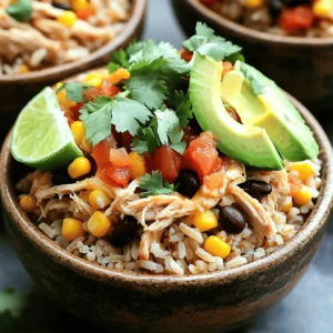 To make a savory slow cooker chicken burrito bowl, gather these ingredients: - 1.5 lbs boneless, skinless chicken breasts - 1 cup brown rice - 1 can (15 oz) black beans, drained and rinsed - 1 can (15 oz) diced tomatoes with green chilies - 1 cup corn (frozen or canned) - 1 medium onion, diced - 2 cloves garlic, minced - 1 tablespoon chili powder - 1 teaspoon cumin - 1 teaspoon smoked paprika - Salt and pepper to taste - 2 cups chicken broth - Fresh cilantro, chopped (for garnish) - Optional toppings: shredded cheese, avocado, diced jalapeños, sour cream, lime wedges These ingredients come together to create a hearty meal. The chicken adds protein, while the rice serves as a base. Beans and corn bring fiber and sweetness. The spices enhance the dish, giving it a warm flavor. You can customize the toppings to your liking. For the full recipe, check out the details on how to prepare this delicious dish. - Step 1: Layering the rice Start by placing the uncooked brown rice in the slow cooker. Spread it evenly across the bottom. This layer forms the base of your burrito bowl. The rice will soak up all the flavors from the chicken and vegetables. - Step 2: Adding the chicken Next, lay the boneless, skinless chicken breasts on top of the rice. Make sure they cover the rice completely. This helps the chicken cook well and infuse the rice with its juices. - Step 3: Mixing the vegetables and spices In a separate bowl, mix the black beans, diced tomatoes, corn, onion, and garlic. Add the chili powder, cumin, smoked paprika, salt, and pepper. Stir everything until it’s well combined. This mixture brings a burst of flavor to your bowl. - Step 4: Pouring the mixture into the slow cooker Carefully pour your vegetable and spice mixture over the chicken in the slow cooker. Make sure it covers the chicken. This step ensures that the chicken absorbs all those tasty flavors. - Step 5: Cooking time and temperature Slowly pour the chicken broth over the entire mixture. Make sure the rice is fully covered. Cover the slow cooker with its lid. Cook on low for 6-8 hours or on high for 3-4 hours. The chicken should be cooked through, and the rice tender. - Step 6: Shredding the chicken Once the cooking time is up, shred the chicken right in the slow cooker using two forks. Mix everything together well. This gives you a nice blend of rice, chicken, and veggies. Let it rest for about 10 minutes before serving. For the full recipe with specific measurements and additional details, refer to the Slow Cooker Chicken Burrito Bowl recipe. Enjoy this hearty and flavorful dish! - How to ensure perfect chicken and rice: Use long-grain brown rice for best results. Layer it well at the bottom. Pour enough chicken broth to cover the rice completely. This helps the rice cook evenly. The chicken will stay moist and tender while the rice absorbs all the flavors. - Best practices for layering ingredients: Start with the rice, as it needs the most moisture. Place the chicken on top to avoid it drying out. Add the beans, tomatoes, corn, and spices in a mixing bowl. This ensures all flavors blend well. Pour the mixture over the chicken evenly. - Adjusting cooking time based on slow cooker type: If you have a newer model, it may cook faster. On high, cook for 3-4 hours. On low, it takes 6-8 hours. Always check the chicken for doneness. It should shred easily with a fork. - Ideas for garnishing and serving your burrito bowl: When serving, top your bowl with fresh cilantro. Add shredded cheese, avocado, or diced jalapeños for extra flavor. A dollop of sour cream adds creaminess. A lime wedge gives a zesty touch. - Recommended side dishes: Pair your burrito bowl with tortilla chips for crunch. A simple green salad works well too. If you want something heartier, serve with Mexican street corn on the side. Enjoy the mix of flavors and textures! {{image_2}} You can swap the chicken for other proteins. Try using beef, pork, or turkey. Each meat adds its own flavor. If you prefer seafood, shrimp works well too. Make sure to adjust cooking times based on the protein you choose. For a meatless burrito bowl, use tofu or tempeh. These options soak up flavors nicely. You can also use extra beans or lentils to boost protein. They provide a hearty texture and taste great. Adding different spices can change the flavor profile. For a kick, try cayenne pepper or crushed red pepper flakes. You can also add a dash of lime juice for brightness. Customizing toppings makes the dish your own. Use shredded cheese, fresh avocado, or diced jalapeños for crunch. You might enjoy a dollop of sour cream or Greek yogurt too. Fresh cilantro adds a nice touch. For a full guide, check the Full Recipe. To store leftovers of your burrito bowl, let it cool first. Place the mixture in airtight containers. These can be plastic or glass. Make sure to label the containers with the date. Store them in the fridge for up to four days. This keeps your meal fresh and safe to eat. To freeze your burrito bowl, start by letting it cool completely. Use freezer-safe containers or bags. Remove as much air as possible to prevent freezer burn. You can freeze it for up to three months. When ready to eat, thaw it overnight in the fridge. Reheat in the microwave or on the stove. Add a splash of broth to retain moisture and flavor when reheating. Enjoy your delicious meal again! How long can I store my Slow Cooker Chicken Burrito Bowl? You can store this burrito bowl in the fridge for up to four days. Just keep it in an airtight container. If you want to keep it longer, freeze it. It lasts about three months in the freezer. Can I make this recipe ahead of time? Yes, you can prep this dish a day in advance. Simply chop the veggies and mix the spices. Store them in the fridge. In the morning, layer the rice and chicken, then add your prepped mix. What can I serve with my burrito bowl? Try serving it with tortilla chips or a fresh salad. You can also add some guacamole or salsa on the side for extra flavor. How do I adjust the recipe for more servings? To make more servings, just double the ingredients. Use a larger slow cooker. This dish is easy to scale up, as it all cooks together. Is it possible to cook this on high for a shorter time? Yes, if you’re short on time, you can cook this on high. It will take about 3 to 4 hours. Just make sure the chicken reaches an internal temperature of 165°F. For the full recipe and more details, check the [Full Recipe](#). This blog post guides you through making a delicious Slow Cooker Chicken Burrito Bowl. You learned about the key ingredients, step-by-step cooking instructions, and helpful tips. We discussed variations to suit your taste and how to store leftovers. Final thoughts: This dish is simple and flexible. You can customize it to make it your own. Dive in and enjoy each hearty bite!