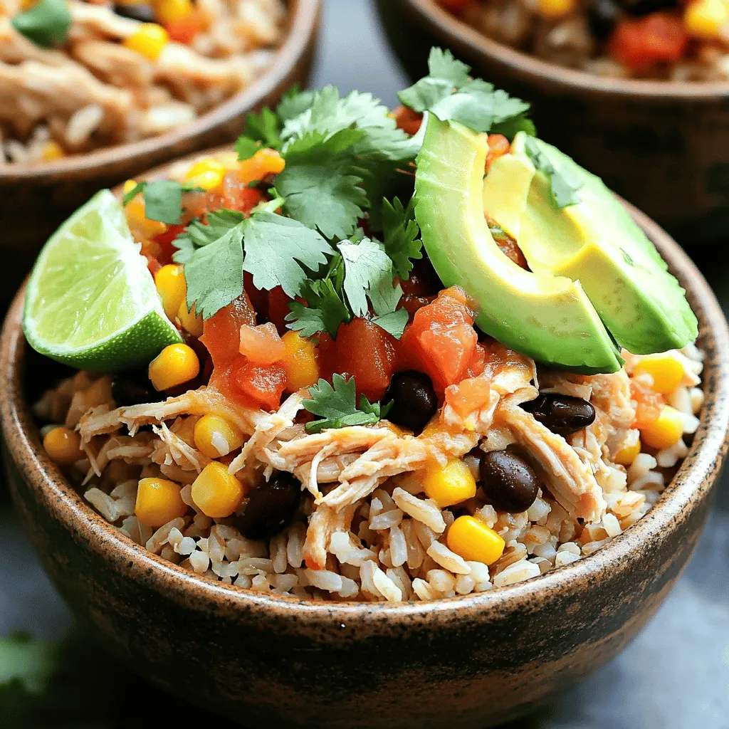 To make a savory slow cooker chicken burrito bowl, gather these ingredients: - 1.5 lbs boneless, skinless chicken breasts - 1 cup brown rice - 1 can (15 oz) black beans, drained and rinsed - 1 can (15 oz) diced tomatoes with green chilies - 1 cup corn (frozen or canned) - 1 medium onion, diced - 2 cloves garlic, minced - 1 tablespoon chili powder - 1 teaspoon cumin - 1 teaspoon smoked paprika - Salt and pepper to taste - 2 cups chicken broth - Fresh cilantro, chopped (for garnish) - Optional toppings: shredded cheese, avocado, diced jalapeños, sour cream, lime wedges These ingredients come together to create a hearty meal. The chicken adds protein, while the rice serves as a base. Beans and corn bring fiber and sweetness. The spices enhance the dish, giving it a warm flavor. You can customize the toppings to your liking. For the full recipe, check out the details on how to prepare this delicious dish. - Step 1: Layering the rice Start by placing the uncooked brown rice in the slow cooker. Spread it evenly across the bottom. This layer forms the base of your burrito bowl. The rice will soak up all the flavors from the chicken and vegetables. - Step 2: Adding the chicken Next, lay the boneless, skinless chicken breasts on top of the rice. Make sure they cover the rice completely. This helps the chicken cook well and infuse the rice with its juices. - Step 3: Mixing the vegetables and spices In a separate bowl, mix the black beans, diced tomatoes, corn, onion, and garlic. Add the chili powder, cumin, smoked paprika, salt, and pepper. Stir everything until it’s well combined. This mixture brings a burst of flavor to your bowl. - Step 4: Pouring the mixture into the slow cooker Carefully pour your vegetable and spice mixture over the chicken in the slow cooker. Make sure it covers the chicken. This step ensures that the chicken absorbs all those tasty flavors. - Step 5: Cooking time and temperature Slowly pour the chicken broth over the entire mixture. Make sure the rice is fully covered. Cover the slow cooker with its lid. Cook on low for 6-8 hours or on high for 3-4 hours. The chicken should be cooked through, and the rice tender. - Step 6: Shredding the chicken Once the cooking time is up, shred the chicken right in the slow cooker using two forks. Mix everything together well. This gives you a nice blend of rice, chicken, and veggies. Let it rest for about 10 minutes before serving. For the full recipe with specific measurements and additional details, refer to the Slow Cooker Chicken Burrito Bowl recipe. Enjoy this hearty and flavorful dish! - How to ensure perfect chicken and rice: Use long-grain brown rice for best results. Layer it well at the bottom. Pour enough chicken broth to cover the rice completely. This helps the rice cook evenly. The chicken will stay moist and tender while the rice absorbs all the flavors. - Best practices for layering ingredients: Start with the rice, as it needs the most moisture. Place the chicken on top to avoid it drying out. Add the beans, tomatoes, corn, and spices in a mixing bowl. This ensures all flavors blend well. Pour the mixture over the chicken evenly. - Adjusting cooking time based on slow cooker type: If you have a newer model, it may cook faster. On high, cook for 3-4 hours. On low, it takes 6-8 hours. Always check the chicken for doneness. It should shred easily with a fork. - Ideas for garnishing and serving your burrito bowl: When serving, top your bowl with fresh cilantro. Add shredded cheese, avocado, or diced jalapeños for extra flavor. A dollop of sour cream adds creaminess. A lime wedge gives a zesty touch. - Recommended side dishes: Pair your burrito bowl with tortilla chips for crunch. A simple green salad works well too. If you want something heartier, serve with Mexican street corn on the side. Enjoy the mix of flavors and textures! {{image_2}} You can swap the chicken for other proteins. Try using beef, pork, or turkey. Each meat adds its own flavor. If you prefer seafood, shrimp works well too. Make sure to adjust cooking times based on the protein you choose. For a meatless burrito bowl, use tofu or tempeh. These options soak up flavors nicely. You can also use extra beans or lentils to boost protein. They provide a hearty texture and taste great. Adding different spices can change the flavor profile. For a kick, try cayenne pepper or crushed red pepper flakes. You can also add a dash of lime juice for brightness. Customizing toppings makes the dish your own. Use shredded cheese, fresh avocado, or diced jalapeños for crunch. You might enjoy a dollop of sour cream or Greek yogurt too. Fresh cilantro adds a nice touch. For a full guide, check the Full Recipe. To store leftovers of your burrito bowl, let it cool first. Place the mixture in airtight containers. These can be plastic or glass. Make sure to label the containers with the date. Store them in the fridge for up to four days. This keeps your meal fresh and safe to eat. To freeze your burrito bowl, start by letting it cool completely. Use freezer-safe containers or bags. Remove as much air as possible to prevent freezer burn. You can freeze it for up to three months. When ready to eat, thaw it overnight in the fridge. Reheat in the microwave or on the stove. Add a splash of broth to retain moisture and flavor when reheating. Enjoy your delicious meal again! How long can I store my Slow Cooker Chicken Burrito Bowl? You can store this burrito bowl in the fridge for up to four days. Just keep it in an airtight container. If you want to keep it longer, freeze it. It lasts about three months in the freezer. Can I make this recipe ahead of time? Yes, you can prep this dish a day in advance. Simply chop the veggies and mix the spices. Store them in the fridge. In the morning, layer the rice and chicken, then add your prepped mix. What can I serve with my burrito bowl? Try serving it with tortilla chips or a fresh salad. You can also add some guacamole or salsa on the side for extra flavor. How do I adjust the recipe for more servings? To make more servings, just double the ingredients. Use a larger slow cooker. This dish is easy to scale up, as it all cooks together. Is it possible to cook this on high for a shorter time? Yes, if you’re short on time, you can cook this on high. It will take about 3 to 4 hours. Just make sure the chicken reaches an internal temperature of 165°F. For the full recipe and more details, check the [Full Recipe](#). This blog post guides you through making a delicious Slow Cooker Chicken Burrito Bowl. You learned about the key ingredients, step-by-step cooking instructions, and helpful tips. We discussed variations to suit your taste and how to store leftovers. Final thoughts: This dish is simple and flexible. You can customize it to make it your own. Dive in and enjoy each hearty bite!