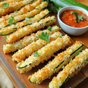 - 2 medium zucchinis, sliced into thin strips - 1 cup breadcrumbs (preferably panko for extra crunch) - 1/2 cup grated Parmesan cheese - 1 teaspoon garlic powder - 1 teaspoon onion powder - 1 teaspoon dried oregano - Salt and pepper to taste - 2 large eggs - 1 tablespoon olive oil For these easy Parmesan zucchini fries, you need fresh ingredients. Start with two medium zucchinis. Slice them into thin strips for the best fry-like shape. Thin strips cook well and get nice and crispy. Next, grab a cup of breadcrumbs. I recommend using panko. It gives the fries an amazing crunch that regular breadcrumbs just can't match. You also need half a cup of grated Parmesan cheese. This cheese adds a salty, rich flavor that makes each bite special. You will also need some spices: one teaspoon each of garlic powder, onion powder, and dried oregano. These add depth to the flavor. Don't forget salt and pepper to taste. Adjust these to your liking for the perfect seasoning. You will use two large eggs to help the coating stick. Finally, add one tablespoon of olive oil. This adds moisture and helps the coating crisp up. - Fresh parsley or basil - Marinara or garlic aioli for dipping Garnishes can elevate your dish. Fresh parsley or basil adds color and freshness. Serve with marinara or garlic aioli for dipping. These add flavor and a fun touch to your zucchini fries. For the full recipe, check out the detailed steps later in the article. - Preheat the oven to 425°F (220°C). - Line a baking sheet with parchment paper. Start by setting your oven to 425°F. This high heat gives the fries a great crunch. Next, grab a baking sheet and line it with parchment paper. This makes cleanup easy and helps the fries crisp up nicely. - Combine breadcrumbs, Parmesan cheese, and spices. In a shallow bowl, mix together the breadcrumbs and grated Parmesan cheese. I like to use panko for extra crunch. Add garlic powder, onion powder, oregano, salt, and pepper. Stir everything together well. This mixture brings a lot of flavor to the fries. - Dip zucchini into egg mixture. - Coat with breadcrumb mixture. In another bowl, whisk together two large eggs and a tablespoon of olive oil. Take each zucchini strip and dip it into the egg mixture. Make sure it’s fully coated. After that, roll it in the breadcrumb mixture. Press lightly to help it stick. - Place fries on the baking sheet. - Bake for 20-25 minutes, flipping halfway through. Now, place the coated zucchini fries on the parchment-lined baking sheet. Be sure to spread them out so they don’t touch. Bake them in your preheated oven for 20 to 25 minutes. Flip them halfway through to ensure even cooking. Look for that golden brown color to know they’re done. For the full recipe, check out the detailed instructions above. Enjoy your crunchy snack! To get the best crunch, use panko breadcrumbs. They are lighter and crispier than regular ones. This makes your fries more enjoyable. Next, make sure each zucchini strip is evenly coated. This helps with even cooking and gives you that perfect crunch. If you want a different method, try air frying the zucchini fries. It cooks them quickly and keeps them crispy. You can also pan-fry the fries in a bit of oil. This method gives them a nice golden color and great taste. These zucchini fries taste amazing with dips. You can pair them with marinara sauce or garlic aioli. They also make a great side dish for burgers or sandwiches. Try serving them with a fresh salad for a balanced meal. For more ideas, check out the Full Recipe for inspiration. {{image_2}} You can mix up the cheese for these fries. Cheddar adds a nice sharpness. Mozzarella gives a gooey texture. You can even create a blend of both. This change makes each bite unique and tasty. If you want a kick, try adding cayenne pepper. Just a pinch can make a big difference. Italian seasoning also works well. It adds herbs that brighten the flavor of the fries. Feel free to experiment with your favorite spices! Zucchini is great, but don't stop there. You can use eggplant instead for a hearty bite. Carrots work too, giving a sweet crunch. These swaps keep the recipe fresh and fun. Enjoy trying different veggies for new taste experiences! To keep leftovers fresh, place the zucchini fries in an airtight container. They can stay in the fridge for up to three days. When storing, allow them to cool completely first. This step helps prevent moisture buildup, which can make them soggy. If you have a lot of fries, consider dividing them into smaller portions. It makes it easier to reheat only what you need. When it's time to enjoy your leftovers, you have a couple of good options. For the best taste, use the oven. Preheat it to 375°F (190°C). Spread the fries on a baking sheet and bake them for about 10 minutes. This method keeps them crispy. If you're short on time, you can use the microwave. Place the fries on a microwave-safe plate and heat them for 30 seconds to 1 minute. However, they may turn out softer. Freezing is a great way to save extra zucchini fries for later. First, let them cool completely. Then, arrange the fries in a single layer on a baking sheet. Freeze them for about 1 hour. This step helps prevent them from sticking together. After they are frozen, transfer the fries to a freezer bag. Remove as much air as possible before sealing. To re-bake, preheat your oven to 425°F (220°C). Bake the frozen fries for 25-30 minutes. Enjoy them just like the first time! For the full recipe, check out the earlier section. Cutting zucchini for fries is easy! First, wash the zucchini well. Then, slice off both ends. You want to cut the zucchini into thin strips, about 1/4 inch thick. This size helps them cook evenly and get crispy. If they are too thick, they may turn out soggy. Thin strips will give you that nice crunch you want in fries. Yes, you can make these fries gluten-free! Use gluten-free breadcrumbs instead of regular ones. There are many options available, like almond flour or crushed cornflakes. These options give a great texture. Just check the labels to ensure they are gluten-free. This way, everyone can enjoy these tasty fries. To know when the zucchini fries are done, look for a golden brown color. They should be crispy on the outside. You can also poke one with a fork; it should feel tender inside. Baking them for 20-25 minutes usually does the trick. Make sure to flip them halfway through for even cooking. Enjoy your crispy snack! For the full recipe, check out the details above. In this post, we covered how to make crispy zucchini fries. We discussed the ingredients, cooking steps, and helpful tips for a perfect result. You can customize the recipe with different flavors and vegetables. For storage, we also shared best practices for leftovers and reheating. These zucchini fries are a tasty and healthy snack option. Enjoy experimenting with your favorite dips and garnishes. This recipe is simple, fun, and sure to impress your family and friends!
