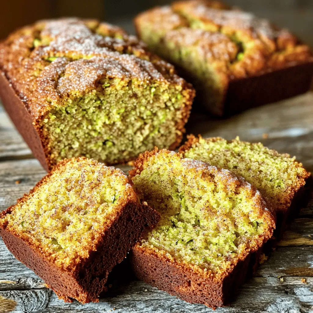 To make this delightful bread, gather these ingredients: - 1 ½ cups grated zucchini (about 1 medium zucchini) - 1 ½ cups all-purpose flour - 1 tsp baking soda - 1 tsp ground cinnamon - ½ tsp ground nutmeg - ¼ tsp salt - ½ cup unsalted butter, softened - 1 cup granulated sugar - 2 large eggs - 1 tsp vanilla extract - ½ cup brown sugar, packed - 1 tbsp sugar + 1 tsp ground cinnamon (for topping) You can swap some ingredients based on your needs. Here are some ideas: - Use coconut oil instead of butter for a dairy-free option. - Substitute brown sugar with coconut sugar for a lower glycemic index. - Replace all-purpose flour with whole wheat flour for added fiber. - Use flax eggs (1 tbsp flaxseed meal + 2.5 tbsp water) to replace eggs for a vegan version. Choosing the best zucchini is key for great bread. Look for: - Firmness: Choose zucchini that feels solid and heavy for its size. - Skin: Fresh zucchini should have smooth, shiny skin. Avoid any with blemishes. - Size: Smaller zucchini tend to be sweeter and more tender. Aim for 6-8 inches long. - Color: Look for deep green color, which indicates freshness and flavor. Finding the right zucchini will enhance your bread’s taste and texture. Enjoy baking! First, preheat your oven to 350°F (175°C). This step is key for even baking. Next, grab a 9x5 inch loaf pan. You can grease it with butter or oil, or line it with parchment paper. Both methods help the bread slide out easily after baking. In a medium bowl, combine the dry ingredients. You need: - 1 ½ cups all-purpose flour - 1 tsp baking soda - 1 tsp ground cinnamon - ½ tsp ground nutmeg - ¼ tsp salt Whisk these together until they blend well. This mix adds flavor and helps your bread rise. Now, in a large mixing bowl, cream together the softened butter and granulated sugar. Use a hand mixer or a wooden spoon. Mix until it’s light and fluffy. Then, add in two large eggs, one at a time. Make sure to mix well after each egg. Stir in 1 tsp of vanilla extract for extra flavor. Next, add the dry mix to this wet mix gradually. Be careful not to overmix; just stir until combined. Finally, gently fold in 1 ½ cups of grated zucchini. This adds moisture and a subtle taste. Pour the batter into your prepared loaf pan. Smooth the top with a spatula. For a sweet touch, mix 1 tbsp sugar with 1 tsp cinnamon. Sprinkle this on top of the batter before baking. Bake for 50-60 minutes. Check with a toothpick; it should come out clean. Let it cool for 10 minutes in the pan. Then, transfer it to a wire rack to cool completely. You can find the full recipe in the earlier section. To get the best texture in your snickerdoodle zucchini bread, start with fresh zucchini. Grate it finely and then squeeze out excess moisture using a clean kitchen towel. This keeps your bread from getting too wet. Use room temperature butter and eggs when mixing. This helps create a light and fluffy loaf. Be sure to not overmix the batter. Mix just until you see no dry flour. This keeps your bread tender. When combining your ingredients, always mix the dry ones first. This helps ensure even distribution of the baking soda and spices. In a separate bowl, cream the butter and sugars until light and fluffy. This step adds air, making the bread rise well. Add eggs one by one, mixing well after each. This helps keep the batter smooth. Finally, fold in the zucchini gently. This keeps the zucchini pieces intact. For fluffy snickerdoodle zucchini bread, preheat your oven fully before baking. Use an oven thermometer to check the temperature. If your oven runs hot, it can burn the bread. Bake in a greased loaf pan or lined with parchment. This prevents sticking and helps with even cooking. Check for doneness with a toothpick. If it comes out clean, your bread is ready. Let it cool in the pan for ten minutes before transferring to a wire rack. This helps maintain moisture. {{image_2}} You can enhance the flavor of your snickerdoodle zucchini bread by adding nuts or chocolate chips. Chopped walnuts or pecans give a nice crunch. If you prefer chocolate, semi-sweet or dark chocolate chips will melt beautifully into the bread. Add about ½ cup of either option to the batter before pouring it into the pan. This small change can make your bread even more delightful. If you are looking for a healthier option, try using alternative flours. Almond flour or whole wheat flour gives a nutty flavor and adds fiber. You can also mix flours. Use half all-purpose flour and half oat flour for a unique twist. Just remember that different flours can change the texture. Start with small amounts to see what you like best. Want to mix it up more? You can add pumpkin puree or grated carrots. Both will make your bread moist and tasty. Use about ½ cup of either. Pumpkin adds a warm flavor, while carrots bring a hint of sweetness. This makes your snickerdoodle zucchini bread not only fun but also packed with nutrients. For the full recipe, check out the details above. To keep your snickerdoodle zucchini bread fresh, place it in an airtight container. This will help keep moisture in and prevent it from drying out. If you do not have an airtight container, wrap the bread tightly in plastic wrap or aluminum foil. Store it at room temperature for up to three days. For longer storage, the fridge is a good option, but it may change the texture slightly. If you want to save some for later, freezing is a great choice! First, let the bread cool completely. Then, wrap it tightly in plastic wrap. After that, wrap it again in aluminum foil or place it in a freezer bag. This keeps out air and prevents freezer burn. You can freeze it for up to three months. When you are ready to enjoy it, just thaw it in the fridge overnight. To enjoy your snickerdoodle zucchini bread warm, preheat your oven to 350°F (175°C). Unwrap the bread and place it on a baking sheet. Heat it for about 10 to 15 minutes. This will bring back its soft texture and delicious flavor. You can also use the microwave for quick reheating. Place a slice on a microwave-safe plate and heat it for about 15 to 20 seconds. Enjoy your warm slice! For the full recipe, check out the link above. Yes, you can make this recipe gluten-free. Use a gluten-free flour blend. The texture will change, but it will still taste great. Always check that your other ingredients are gluten-free too, especially baking powder and vanilla extract. The bread will last about 3 to 5 days at room temperature. Store it in an airtight container to keep it fresh. For longer storage, you can freeze it. Just wrap it well to avoid freezer burn. You can use shredded zucchini instead of grated zucchini. Shredded zucchini adds more texture to the bread. Just be sure to remove excess moisture before mixing it in. This helps keep the bread from getting too wet. For the best results, check the [Full Recipe] for proper mixing techniques. You learned about snickerdoodle zucchini bread's key ingredients and helpful tips. I shared substitutions and ways to choose great zucchini. I provided steps for baking, mixing, and achieving the right texture. Explore fun variations like nuts and spices. I also covered storage and answered common questions. In closing, making this bread is simple and rewarding. Enjoy its sweet flavor and soft texture whenever you crave a treat. Dive into baking and share it with others!