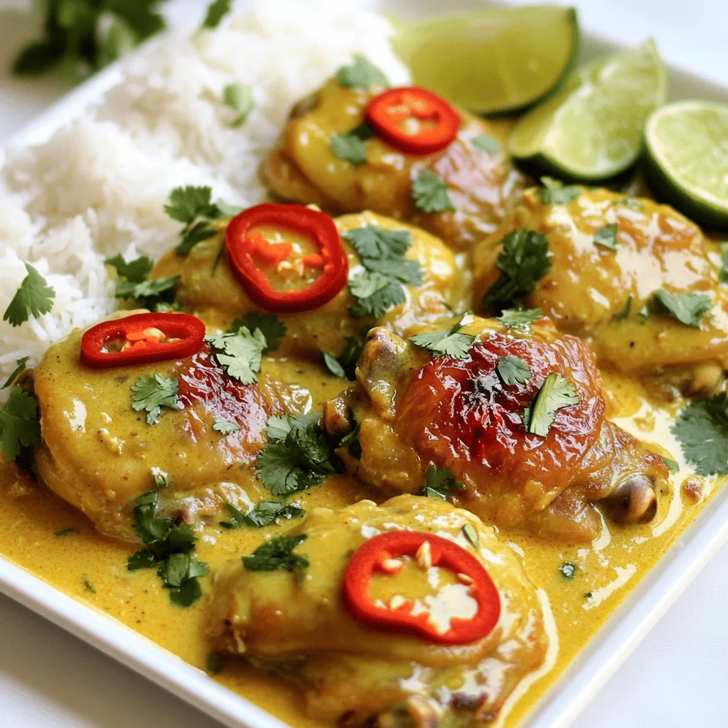 To make Spicy Brazilian Coconut Chicken, gather these items: - 4 boneless, skinless chicken thighs - 1 can (13.5 oz) coconut milk - 2 tablespoons olive oil - 3 garlic cloves, minced - 1 tablespoon ginger, grated - 1 red chili pepper, sliced (adjust based on spice preference) - 1 teaspoon smoked paprika - 1 tablespoon ground cumin - Salt and pepper to taste - Juice of 1 lime - Fresh cilantro, chopped for garnish You can change some ingredients to suit your taste. Try using chicken breasts for a leaner option. If you want less spice, remove the red chili pepper or use a milder pepper. You can also swap coconut milk for unsweetened almond milk for a lighter flavor. If you don’t have coconut milk, you can use heavy cream or yogurt. For olive oil, canola or avocado oil works well too. If fresh cilantro isn't available, parsley can make a good substitute. Always adjust salt and pepper to your liking. For the full recipe, check out the detailed instructions! For the best results, start with the chicken. Use 4 boneless, skinless chicken thighs. Place them in a large bowl. Add salt, pepper, smoked paprika, and ground cumin. Mix well so the chicken is coated with spices. This step adds great flavor. Next, gather your other ingredients. You need coconut milk, olive oil, garlic, ginger, and red chili pepper. These add depth to the dish. Mince 3 garlic cloves and grate 1 tablespoon of ginger. Slice 1 red chili pepper. Adjust the chili based on how spicy you like it. Heat 2 tablespoons of olive oil in a large skillet over medium heat. When the oil is hot, add the chicken. Sear the chicken thighs for 6-7 minutes on each side. You want them golden brown. After searing, remove the chicken and set it aside. In the same skillet, add the minced garlic, ginger, and sliced red chili pepper. Sauté these for about 2 minutes. This step fills your kitchen with a lovely aroma. Next, pour in 1 can of coconut milk. Stir well and bring it to a gentle simmer. Return the seared chicken to the skillet. Make sure it is submerged in the coconut sauce. Cover the skillet and simmer for 15-20 minutes. This helps the chicken become tender and flavorful. After cooking, squeeze the juice of 1 lime into the sauce. Stir well and taste for seasoning. Adjust if needed. For a great presentation, place the chicken on a platter. Spoon the coconut sauce over the top. Garnish with fresh chopped cilantro for added flavor and color. I also suggest serving this dish with fluffy white rice. The rice soaks up the rich coconut sauce. You can add lime wedges on the side for an extra zesty touch. This dish is not just tasty; it's a feast for the eyes too! For the full recipe, you can check out the detailed instructions above. To make the best Spicy Brazilian Coconut Chicken, start with fresh chicken thighs. They stay juicy and tender. Use good coconut milk for a rich flavor. If you can, choose a brand that has no additives. This will keep the dish clean and bright. Make sure to coat your chicken well with spices. This way, every bite bursts with flavor. Searing the chicken is key. It locks in juices and adds a nice golden color. Don’t rush this step! If you like more heat, add extra chili peppers. You can use a hotter variety like jalapeño or serrano. For less heat, remove the seeds from the chili. You can also add a pinch of cayenne for a slight kick. Taste as you go. This way, you can control the spice level to your liking. Serving matters! Place your chicken on a colorful platter. Spoon the rich coconut sauce over the top. This makes it look inviting. Serve with fluffy white rice. It soaks up the sauce and balances the spice. Add lime wedges on the side for a fresh touch. Squeeze some juice over the dish before eating. It brightens the flavors. Lastly, sprinkle chopped cilantro on top. This adds a pop of color and flavor. For the full recipe, refer to the earlier sections. {{image_2}} You can use different proteins for this dish. Chicken thighs are great, but try using chicken breasts for a leaner option. You can also swap in shrimp for a seafood twist. If you choose shrimp, cook it for just a few minutes until it turns pink. For a heartier option, consider using pork. Just make sure to adjust cooking time, as pork may take longer to cook through. If you want a vegetarian version, replace the chicken with hearty vegetables. Firm tofu works well in this dish. Press the tofu to remove excess water, then cut it into cubes. Sauté the tofu until golden before adding it to the coconut sauce. You can also use chickpeas for added protein and flavor. They will soak up the sauce nicely and add a different texture. Explore different flavors by using regional ingredients. Instead of coconut milk, try using cashew cream for a nutty twist. You could also add fresh mango for sweetness. Consider adding spices like turmeric or coriander for a unique flavor profile. If you can find them, use fresh herbs like lemongrass or kaffir lime leaves to elevate the dish. Each variation gives you a chance to discover new tastes while keeping the spirit of Spicy Brazilian Coconut Chicken. For the complete recipe, check out the [Full Recipe]. To store your Spicy Brazilian Coconut Chicken, let it cool first. Place it in an airtight container. This keeps the chicken fresh for about three to four days in the fridge. If you want to keep it longer, freeze it. Use a freezer-safe bag or container. The chicken can last up to three months in the freezer. Remember to label the container, so you know when you made it. When you're ready to enjoy leftovers, remove them from the fridge or freezer. If frozen, let it thaw in the fridge overnight. To reheat, place the chicken in a skillet on low heat. Add a splash of coconut milk to keep it moist. Heat for about 10 minutes or until warmed through. You can also use the microwave. Heat in short bursts, checking often to avoid drying it out. Meal prepping with Spicy Brazilian Coconut Chicken is easy and fun. Cook a big batch on the weekend. Portion it into containers with rice or veggies. This gives you quick lunches or dinners for the week. You can also use the chicken in salads or wraps. For variety, switch up the sides each day. Fresh cilantro adds a nice touch when you serve it. Check out the Full Recipe for more ideas. Spicy Brazilian Coconut Chicken comes from Brazil. This dish blends native ingredients like coconut and spices. It reflects Brazil's rich culture and tropical flavors. The use of coconut milk adds creaminess and depth. Many families enjoy this dish during special occasions. It showcases the warmth and diversity of Brazilian food. Yes, you can make this dish in advance. Preparing it a day before enhances the flavors. Just cook the chicken and sauce, then cool it down. Store it in an airtight container in the fridge. When ready to eat, reheat it on the stove. Make sure it's hot throughout before serving. I love serving Spicy Brazilian Coconut Chicken with fluffy white rice. The rice soaks up the delicious coconut sauce. You can also add lime wedges on the side. They give a fresh, zesty kick. Another great option is a light salad. A crunchy salad balances the meal well. For more ideas, check the Full Recipe for serving tips. This article covered everything you need for Spicy Brazilian Coconut Chicken. We explored ingredients, substitutions, and variations. You learned step-by-step instructions for preparation and cooking. We shared tips for perfecting the recipe and adjusting spice levels. Remember, cooking is an art. Try different ingredients to make it yours. Enjoy sharing this dish and impress your friends!