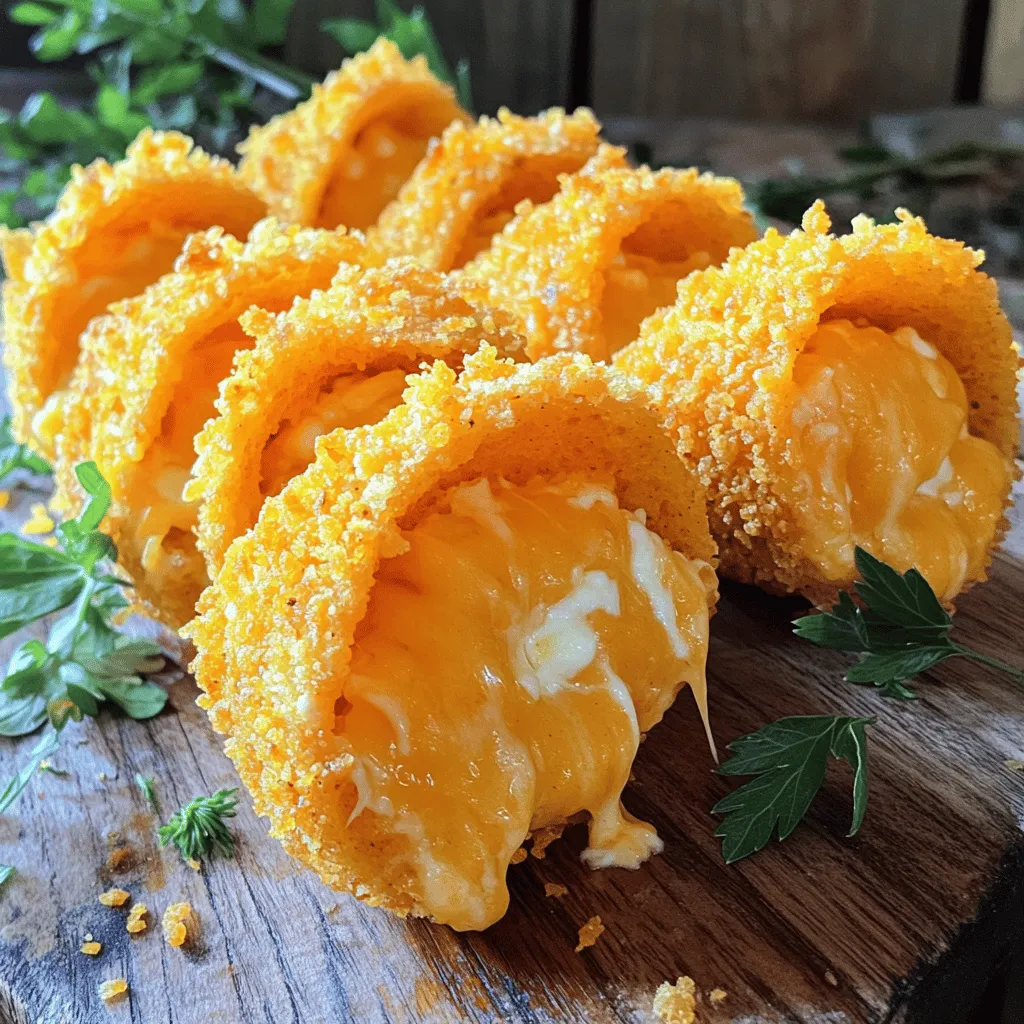 - 1 bag of Nacho Cheese Doritos - 1 cup shredded cheddar cheese - 1 cup shredded mozzarella cheese - 1/2 cup cream cheese, softened - Spices: 1 teaspoon garlic powder, 1 teaspoon onion powder, 1/2 teaspoon cayenne pepper (optional) - Breading: 1 cup flour, 2 large eggs, 1 cup breadcrumbs - Vegetable oil for frying - Optional garnishes or dipping sauces Using the right ingredients makes all the difference in your fried cheese stuffed Doritos. First, pick a bag of Nacho Cheese Doritos. Their bold flavor pairs well with the creamy cheese inside. For the cheese filling, I love using both cheddar and mozzarella. They blend perfectly. The cheddar gives sharpness, while mozzarella adds that stretchy goodness. Next, cream cheese brings a smooth texture to the mix. Don't forget the spices! Garlic powder and onion powder add great flavor. If you like some heat, add cayenne pepper. Now, for the breading, flour helps the Doritos stick. Eggs create a nice coating, and breadcrumbs give that crunchy finish. Panko breadcrumbs are a fun choice if you want extra crunch. Lastly, you need vegetable oil for frying. It gets hot and crispy, making your Doritos delicious. Optional garnishes or dips can enhance your meal. Think salsa, sour cream, or guacamole. With these ingredients, you’re well on your way to a fun and tasty treat! For the full recipe, check out the details above. To mix the cheese filling, start with a large bowl. Add 1 cup of shredded cheddar, 1 cup of mozzarella, and 1/2 cup of softened cream cheese. Then, sprinkle in 1 teaspoon of garlic powder, 1 teaspoon of onion powder, and 1/2 teaspoon of cayenne pepper if you like spice. Use a fork to blend everything well. This ensures a creamy and smooth filling. To avoid clumps, mix slowly and press the cheese down against the bowl. This helps create a uniform texture. To open the Doritos, gently hold each chip and use your fingers to pry it apart slightly. Be careful to avoid breaking it. Fill each Dorito with about a teaspoon of the cheese mixture. After filling, press the edges together firmly to seal. Make sure the filling stays inside. Repeat this until you use all your cheese filling. Prepare three bowls for the breading process. In the first bowl, add 1 cup of flour. In the second bowl, whisk 2 large eggs until smooth. In the third bowl, place 1 cup of breadcrumbs. Panko breadcrumbs work best for crunch. The breading is key to getting that crispy texture. Ensure each Dorito is coated well to maximize crunch when frying. Heat vegetable oil in a deep skillet over medium heat. Aim for about 350°F or 175°C. Maintaining the oil temperature is crucial; too hot can burn the coating, while too cool makes them greasy. Carefully add the breaded Doritos in batches, making sure you don’t overcrowd the pan. Fry for 2-3 minutes on each side, until golden brown and crispy. Once fried, use a slotted spoon to transfer the Doritos to a plate lined with paper towels. This helps drain any excess oil. For the best experience, serve the stuffed Doritos hot. They taste best when enjoyed right after frying. You can also pair them with your favorite dips for extra flavor. For the full recipe, refer to the earlier instructions. To get that perfect crunch, use panko breadcrumbs. They are lighter and crispier. Regular breadcrumbs work too, but panko gives a better bite. Keep an eye on the oil temperature. You want it hot, around 350°F (175°C). If the oil is too cool, the Doritos will soak up oil and become soggy. If it’s too hot, they may burn before cooking through. If cheese spills out during frying, don’t worry. You can still save your Doritos. Just carefully remove them from the oil. Use a spoon to push any cheese back in. For reusing frying oil, let it cool first. Strain it to remove bits of food. Store it in a clean jar. It can last for a few days in the fridge. Adding fresh herbs or spices can make your cheese mixture pop. Try adding chopped chives or parsley for a fresh taste. A pinch of smoked paprika can add a nice kick too. For dips, I love serving these with sour cream or guacamole. A zesty salsa can also complement the cheesy goodness. You can even try ranch dressing for a fun twist. For the full recipe, check out the Delicious Fried Cheese Stuffed Doritos section above! {{image_2}} You can change the cheese in this recipe. Try using gouda, pepper jack, or feta. Each offers a unique taste. Want more heat? Add jalapeños or diced green chilies. They bring a nice kick to your snack. You can also mix in herbs like cilantro or chives for freshness. If you want a healthier option, try baking instead of frying. Preheat your oven to 400°F (200°C). Place the stuffed Doritos on a baking tray lined with parchment paper. Bake for about 10-12 minutes. Flip them halfway for even cooking. This method keeps them crispy without all the oil. You don’t have to stick with Nacho Cheese Doritos. Experiment with cool ranch or spicy nacho flavors for a twist. You can also use regular tortilla chips. They offer a different texture and taste. Just make sure they are sturdy enough to hold the cheese. To store your leftover stuffed Doritos, place them in an airtight container. This helps keep them fresh. You can refrigerate them for up to three days. To keep them crispy, line the bottom of the container with paper towels. This absorbs moisture and maintains crunch. When you're ready to enjoy leftovers, choose the right method to reheat. The best way is to use an oven. Preheat it to 350°F (175°C). Place the Doritos on a baking sheet for about 10-15 minutes. This method keeps them crispy. Avoid using a microwave, as it can make them soggy. Yes, you can freeze stuffed Doritos! To freeze, first, let them cool completely. Then, place them in a single layer on a baking sheet and freeze until solid. Transfer them to a freezer bag for up to two months. When you’re ready to eat, thaw them in the fridge overnight. Reheat them in the oven for the best results. Yes, you can use other cheeses! Try using gouda or pepper jack for a twist. For a creamier texture, cream cheese works great too. You can mix flavors to make it unique. Just remember to keep the cheese meltable. This way, your Doritos will stay cheesy and delicious. You can store fried cheese stuffed Doritos in the fridge for up to three days. Make sure to place them in an airtight container. This helps keep them fresh. If you want the best taste, eat them soon after frying. They are best when hot and crunchy. Many sauces pair well with fried cheese stuffed Doritos. Try salsa for a fresh kick or ranch for creaminess. A spicy cheese dip also works great. You can even make a simple guacamole for a fun twist. Each sauce adds a new layer of flavor to your snack! In this blog post, we explored how to make stuffed Nacho Cheese Doritos. You learned about the key ingredients, how to prepare and cook them, and even some tips for variations and storage. Stuffed Doritos can be a fun snack for any gathering. They’re easy to customize and enjoy. With practice, you can master this crunchy treat and impress your friends. Enjoy your cheesy creations!