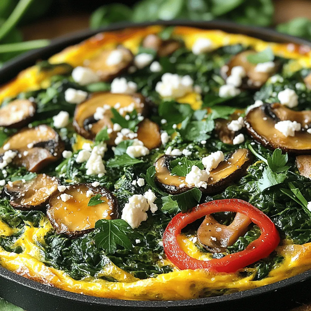 - 8 large eggs - 1 cup fresh spinach, chopped - 1 cup mushrooms, sliced (button or cremini) - 1/2 cup red bell pepper, diced - 1/2 cup onion, finely chopped - 1/2 cup feta cheese, crumbled - 1 tablespoon olive oil - 1/4 teaspoon salt - 1/4 teaspoon black pepper - 1/4 teaspoon garlic powder - Fresh herbs (optional: parsley or basil) for garnish To make a great spinach mushroom frittata, you need fresh ingredients. The eggs form the base, so choose large ones for a fluffy texture. Fresh spinach adds color and nutrients, while mushrooms bring a nice earthiness. Red bell pepper and onion give a sweet touch. Feta cheese adds creaminess and tang. Olive oil is essential for sautéing. Use salt and pepper for taste, and garlic powder gives a nice kick. Don’t forget fresh herbs! They add a burst of flavor. You can find the full recipe in the main article. Gather your ingredients, and let’s get cooking! - Preheat your oven to 375°F (190°C). - Heat olive oil in a skillet. - Sauté onions and bell pepper. Start by preheating your oven. This step is key for a nice, even cook. Next, take a skillet and add olive oil. Heat it on medium. Once hot, toss in your chopped onions and diced bell pepper. Sauté for about 3 to 4 minutes. You want them soft and fragrant. - Add mushrooms and cook until browned. - Stir in spinach until wilted. - Whisk together eggs and seasonings. Now, it’s time to add the fun part—mushrooms! Slice them and add them to the skillet. Cook until they turn golden brown, which should take around 4 to 5 minutes. Next, add the fresh spinach. Stir until it wilts down, about 2 minutes. In a separate bowl, whisk together the eggs, salt, black pepper, and garlic powder. This mix will bring all the flavors together. - Pour egg mixture over the sautéed vegetables. - Top with feta cheese. - Cook on stovetop and then bake in the oven. Now, pour your egg mixture over the veggies in the skillet. Make sure it covers everything evenly. Crumble feta cheese on top for that extra zing. Let it cook on the stovetop for 3 to 4 minutes until the edges start to set. After that, transfer the skillet to the preheated oven. Bake for 15 to 20 minutes, or until the frittata is fully set and lightly golden on top. For the full recipe, check out the details above. Enjoy your cooking! To make your frittata great, evenly spread the veggies in the pan. This helps each slice have a good mix of flavor. After pouring in the eggs, gently stir the mix to combine. To check for doneness, look for a firm center. You can gently shake the pan. If it wobbles too much, it needs more time. A frittata should be lightly golden on top. Using the right pan is key. An oven-safe skillet works best. Cast iron or non-stick pans make it easy to cook and serve. Spices can make your frittata pop! Try adding paprika or Italian herbs. They add warmth and depth. Fresh herbs like parsley or basil give a bright flavor, while dried herbs are good too, just use less. For slicing and serving, wait a few minutes after baking. This helps the frittata set. Use a sharp knife to cut neat slices. Serve warm or at room temperature. To garnish, sprinkle fresh herbs on top. You can also add a dollop of sour cream or yogurt. A sprinkle of chili flakes adds a nice touch too. For the full recipe, be sure to follow the steps closely for the best results! {{image_2}} You can switch feta cheese for other options. Try goat cheese for a creamy twist. Cream cheese also works well. If you want a dairy-free choice, use nutritional yeast. You can mix in other vegetables too. Zucchini adds a nice crunch. Asparagus brings a fresh taste. Bell peppers add color and sweetness. Just remember to chop them small. This helps them cook evenly. To make this frittata gluten-free, you don’t need to change much. All the ingredients used are naturally gluten-free. Just be sure your seasonings are gluten-free too. For vegetarians, this frittata is perfect as is. If you want to add meat, diced ham or cooked bacon works well. Just cook the meat first before adding it to the mix. After enjoying your frittata, store leftovers in the fridge. Place it in an airtight container. It will stay fresh for up to four days. When reheating, use the oven or a skillet. Heat at 350°F (175°C) until warm. This keeps the frittata nice and fluffy. You can freeze frittata for future meals. Cut it into slices and wrap each slice tightly in plastic wrap. Place the slices in a freezer bag. It will last for up to three months. When you want to eat it, thaw in the fridge overnight. Reheat in the oven or microwave. Enjoy your tasty meal from the freezer! Can I use frozen spinach for this recipe? Yes, you can use frozen spinach! Just thaw it first. Squeeze out extra water. This helps keep the frittata from being too wet. How do I prevent the frittata from sticking to the pan? To avoid sticking, use a non-stick skillet. Also, make sure to add enough olive oil. Heat the pan before adding the eggs. This helps them cook evenly. Can I make a spinach mushroom frittata ahead of time? Absolutely! You can prepare it a day before. Just store it in the fridge. Reheat it gently in the oven when you are ready to serve. How long should I bake the frittata? Bake the frittata for 15-20 minutes at 375°F (190°C). Keep an eye on it. It should be set and lightly golden on top. What can I serve with a frittata? Frittatas pair well with salads or toast. You can also serve fresh fruit or yogurt on the side. This adds a nice balance to your meal. How to make a frittata fluffy? To get a fluffy frittata, whisk the eggs well. Air helps create a light texture. Avoid overcooking it too; that keeps it soft. What is the difference between a frittata and an omelet? A frittata is thicker and cooked in the oven. An omelet is cooked on the stovetop and folded. Frittatas often have more fillings and are great for sharing. For the full recipe, check out the Spinach & Mushroom Frittata section above! This blog post covered a simple spinach mushroom frittata recipe. We explored the ingredients, preparation steps, cooking methods, and tips for a great result. Also, we discussed variations and storage tips. Making a frittata is easy and fun. You can mix different veggies and flavors. With this guide, you can create a tasty dish that even picky eaters will enjoy. Try it out today and impress your family.