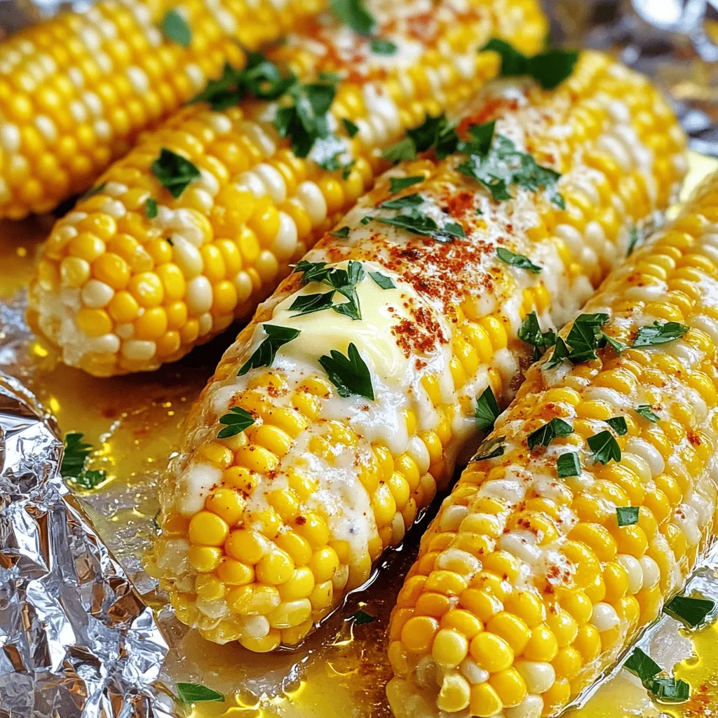 You need 4 ears of fresh corn. Choose corn with bright green husks. The kernels should look plump and sweet. Corn is best when it is in season, typically late summer. For the flavor, you will use: - 4 tablespoons unsalted butter, softened - 1 teaspoon garlic powder - 1 teaspoon smoked paprika - 1 teaspoon sea salt - ½ teaspoon black pepper Mix these ingredients together. This seasoned butter adds a savory touch to your corn. To enhance your dish, consider these toppings: - ¼ cup grated Parmesan cheese - Fresh parsley, chopped for garnish Parmesan adds a nice salty flavor. The parsley gives your corn a fresh look. You can mix and match toppings to suit your taste. For the full recipe, check out the complete instructions provided above. First, gather your fresh corn. You need four ears. Husk the corn and clean it well. Make sure to remove all the silk. A good cleaning helps the corn cook evenly. It also lets the flavor soak in better. Next, take a small bowl. Add four tablespoons of softened unsalted butter. Then, mix in one teaspoon of garlic powder. Add one teaspoon of smoked paprika, one teaspoon of sea salt, and half a teaspoon of black pepper. Stir it all together. This butter will give your corn a tasty kick. Now, spread the seasoned butter over each ear of corn. Make sure to coat all sides. After that, wrap each ear in aluminum foil. Seal it tightly to keep the flavor in. Place the wrapped corn directly on the oven rack. Set your oven to 400°F (200°C) and bake for 25-30 minutes. Be sure to turn the corn halfway through. This helps it cook evenly. After 30 minutes, unwrap one ear to check it. The kernels should be plump and juicy. If you want to add cheese, sprinkle some grated Parmesan on top. Rewrap the corn and bake for another five minutes. Finally, unwrap the corn carefully. Garnish with fresh parsley and serve warm. You can find the full recipe for oven-roasted corn on the cob above. To make the best oven-roasted corn on the cob, start with fresh corn. Look for ears with bright green husks. The silk at the top should be brown and sticky. The kernels should feel firm when you squeeze them. If you can, buy corn from a local farmer's market. This way, you get the freshest corn. Roasting corn in the oven is simple. Preheat your oven to 400°F (200°C) for even cooking. Wrap each ear in aluminum foil tightly. This keeps the corn juicy and helps it cook evenly. Turn the corn halfway through cooking. This ensures all sides roast well. Check for tenderness after 30 minutes. The kernels should be plump and juicy. Serve your corn on a platter with a sprinkle of Parmesan cheese and chopped parsley. You can also add extra butter, if you like. For a fun twist, try serving it with lime wedges. The lime juice adds a zesty flavor. This dish pairs well with grilled meats or fresh salads. Enjoy your oven-roasted corn on the cob with family and friends! For the complete recipe, check out the Full Recipe. {{image_2}} You can change the flavor of your corn by using different seasonings. Try using taco seasoning for a zesty twist. You can also mix in Italian herbs for a fresh taste. If you want heat, sprinkle some cayenne pepper. For a sweet kick, add a touch of cinnamon or brown sugar. Toppings can make your corn even better. After baking, add crumbled feta or cotija cheese. A squeeze of lime juice brightens the flavor. If you like spice, drizzle some hot sauce over the corn. For a fun crunch, top with crushed tortilla chips or nuts. You can cook corn on the cob in the oven or on the grill. Grilling adds a smoky flavor and nice char marks. Wrap the corn in foil or place it directly on the grill. Bake it in the oven for a more tender bite. The oven gives you control over cooking time and warmth. Each method makes a delicious ear of corn. Try both to see which you like best! For the full recipe, check out the Oven-Roasted Corn On The Cob recipe. If you have leftover corn, store it in the fridge. Place the corn in an airtight container. It will stay fresh for about 3 to 5 days. You can also wrap it tightly in plastic wrap. Keep the corn away from other strong-smelling foods. This helps keep its sweet taste. To reheat corn on the cob, use the oven or microwave. For the oven, preheat it to 350°F (175°C). Wrap the corn in foil to keep it moist. Heat for about 10-15 minutes. If you use the microwave, place the corn on a plate. Cover it with a damp paper towel. Heat it for 1-2 minutes, checking for warmth. Freezing corn is a great way to save it. First, blanch the corn for 4-6 minutes in boiling water. Then, cool it in ice water. Once cooled, dry the corn and wrap each ear tightly in plastic wrap. Place the wrapped corn in a freezer bag. This method keeps the corn good for up to 6 months. When you're ready to use it, thaw it in the fridge overnight or cook it straight from frozen. For more details on how to make this delicious dish, check the Full Recipe. Roasting corn on the cob in the oven takes about 25 to 30 minutes. Set your oven to 400°F (200°C) for the best results. Wrap each ear of corn in foil to keep it moist. Turn the corn halfway through cooking to ensure even roasting. After 30 minutes, check one ear for tenderness. If the kernels are juicy and plump, it's done and ready to eat. You can roast frozen corn on the cob, but fresh corn works best. If using frozen corn, thaw it first. Then follow the same steps for seasoning and wrapping. Keep in mind that cooking time may differ slightly. You may need an extra 5 to 10 minutes for frozen corn to cook fully. Here are some simple and tasty seasoning ideas for your corn: - Classic Butter and Salt: Just use butter and a sprinkle of sea salt. - Chili Lime: Mix lime juice, chili powder, and a pinch of salt. - Italian Style: Use olive oil, garlic, and Italian herbs. - Cheesy Delight: Add grated Parmesan cheese with herbs. - Sweet and Spicy: Combine honey with cayenne pepper for a kick. Feel free to mix and match to find your favorite flavor! For the full recipe, check the earlier section. Corn on the cob is a tasty treat you can enjoy in many ways. We covered how to pick fresh corn, make the perfect seasoned butter, and bake it just right. Don’t forget those fun toppings and seasoning options! Remember, cooking methods and storage tips help you enjoy every bite later on. Try experimenting with flavors and techniques. You might find a new favorite way to enjoy corn on the cob. Happy cooking, and make your meals delicious!