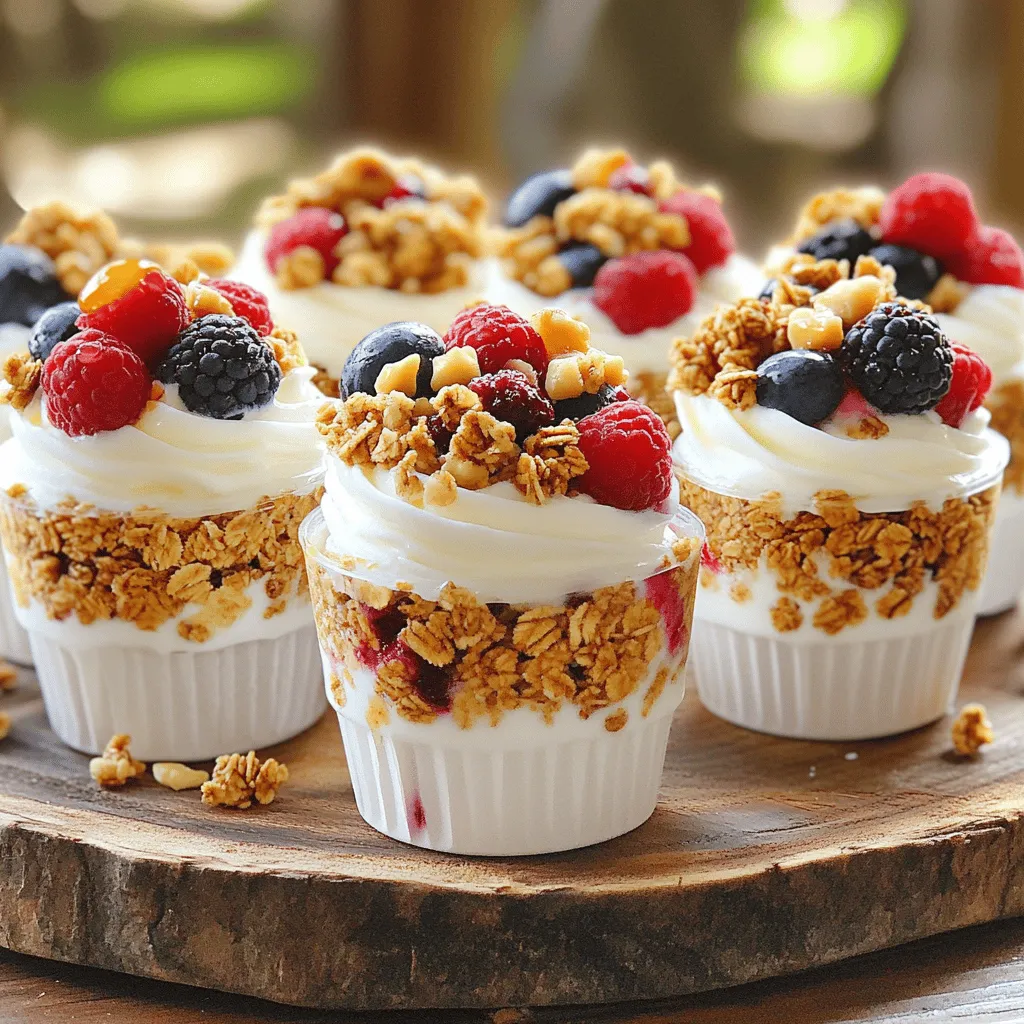 - 2 cups Greek yogurt (plain or flavored) - 1 cup granola (your choice of flavor) - 1/4 cup honey or maple syrup - 1/2 cup mixed berries (fresh or frozen) - 1/4 cup chopped nuts (e.g., almonds, walnuts) - 1/4 teaspoon vanilla extract - A pinch of salt When making Frozen Yogurt Granola Cups, using quality ingredients is key. Greek yogurt forms a creamy and rich base. You can choose plain or flavored yogurt based on your taste. Next, pick a granola that you love. This adds crunch and flavor. Honey or maple syrup sweetens the mix, balancing the tang of yogurt. Mixed berries bring freshness and a pop of color. They can be fresh or frozen, making this recipe flexible for any season. Chopped nuts add a nice crunch and are great for texture. Vanilla extract enhances the flavor, giving a warm touch. Finally, a pinch of salt rounds out the taste, making it oh-so-delicious! Each serving of these Frozen Yogurt Granola Cups is not just tasty but healthy too! You can expect around 150 calories per cup, depending on your yogurt and granola choices. Greek yogurt is packed with protein, which helps keep you full. It also has probiotics for gut health. Berries are rich in antioxidants and vitamins, boosting your immune system. Nuts provide healthy fats and protein, making these cups a great snack or dessert. These ingredients work together to create a treat that is both satisfying and beneficial for your body. For more detailed nutritional facts, check the Full Recipe. To make these Frozen Yogurt Granola Cups, start by mixing the yogurt. In a large bowl, combine: - 2 cups Greek yogurt (plain or flavored) - 1/4 cup honey or maple syrup - 1/4 teaspoon vanilla extract - A pinch of salt Stir these ingredients together until you have a smooth, creamy mix. This step is key for a tasty base. Next, grab a muffin tin and line it with paper or silicone cupcake liners. This makes it easy to remove the cups later. Now, fill each liner about one-third full with the yogurt mix. After that, add a layer of granola on top. Use about 1/2 cup of granola in total. Press the granola down gently, so it sticks. Top off each cup with more yogurt mix until they are almost full. Finally, scatter mixed berries and chopped nuts on top. Use about 1/2 cup of mixed berries and 1/4 cup of chopped nuts for extra flavor and texture. Once you have layered all the cups, it’s time to freeze. Place the muffin tin in the freezer. Let the cups freeze for at least 4 hours. This gives them enough time to set solid. To check if they are ready, poke one with a fork. If it's firm, they are good to go. When you are ready to enjoy, carefully remove the cups from the muffin tin. Peel off the liners gently. For a fun presentation, arrange the cups on a platter. You can garnish with extra berries or a drizzle of honey. These cups pair well with fresh juice or a light herbal tea. They also make a great dessert after a meal. When making Frozen Yogurt Granola Cups, avoid common mistakes. One issue is overfilling the cups. Leave space for toppings and freezing expansion. Another mistake is not mixing ingredients well. This can lead to uneven flavors. Adjust sweetness to fit your taste. Start with less honey or maple syrup, then add more if needed. To make your cups creamier, try using full-fat Greek yogurt. It adds a rich taste and smoothness. For crunchier cups, use a thicker layer of granola. You can also mix in some oats for added texture. Layering is key. Start with yogurt, then granola, followed by more yogurt. This keeps everything from sinking. Want to boost flavor? Try adding spices like cinnamon or cocoa powder. They add warmth and depth. You can also mix in some nut butter for creaminess. Experiment with different fruits too. Try bananas or mangoes for a tropical twist. The options are endless! {{image_2}} You can switch things up with different ingredients. For a vegan version, try dairy-free yogurt. It works well and tastes great. You can also choose various types of granola. Look for flavors like chocolate, honey, or even nutty blends. Toppings are fun too! Use fresh fruits like bananas, peaches, or even mango. You can try different nuts or seeds for crunch. Each choice brings a new taste to your cups. Seasonal fruits make this treat even better. In fall, add pumpkin spice or apples. In summer, use berries like strawberries or blueberries for a refreshing twist. You can also customize these cups for holidays. Add festive sprinkles or themed toppings for a special touch. For birthdays or parties, think about flavors like cookies and cream or mint chocolate. Your guests will love the creativity! You can make these cups in any size you like. For smaller treats, use mini muffin tins. They are perfect for parties or snacks. If you want bigger portions, use larger molds. Adjust the layers to suit your needs. More yogurt for creaminess or extra granola for crunch will make your cups unique. Play around and find what works best for you! To keep your Frozen Yogurt Granola Cups fresh, follow these tips: - Use airtight containers or freezer bags for storage. - Label containers with the date to track freshness. - Leave some space in the container for expansion as they freeze. These steps help maintain the quality of your cups. Avoid using containers that are too large, as they can lead to freezer burn. Your Frozen Yogurt Granola Cups can last up to one month in the freezer. To keep them fresh: - Always seal them tightly in an airtight container. - If you see any ice crystals, it’s time to eat them or toss them. Keeping them well-stored ensures you enjoy their creamy goodness later. When you’re ready to enjoy your Frozen Yogurt Granola Cups, thaw them properly. Here are the best methods: - Fridge Method: Place them in the fridge for about 30 minutes before serving. They will soften nicely. - Microwave Method: Use the defrost setting on your microwave for 10-15 seconds. Check often to avoid melting. These methods help you serve them at the right texture and flavor. Enjoy your tasty treat! Frozen Yogurt Granola Cups can last in the freezer for up to one month. To keep them fresh, store them in an airtight container. This helps prevent freezer burn and keeps the flavors intact. If you notice any ice crystals forming, it may mean they are losing quality. Always label your container with the date to track freshness. Yes, you can use different flavors of yogurt! This recipe is very flexible. You can try vanilla, strawberry, or even chocolate yogurt. Each flavor adds a unique taste. Using flavored yogurt can change the overall profile of your cups. Experiment with what you love most. You may find a new favorite combination. If you want to substitute granola, there are many options. You can use crushed cereal or oats for a different texture. Nuts and seeds work well, too. For a gluten-free option, look for gluten-free granola. You can also skip the granola entirely and layer in your favorite fruits instead. This way, you can create a tasty treat that suits your needs. These Frozen Yogurt Granola Cups are easy to make and fun to enjoy. We covered key ingredients, health benefits, and steps to create perfect cups. Remember, you can customize flavors and toppings for any occasion. Don't forget to use proper freezing techniques to keep them fresh. With these tips and ideas, you can create a tasty treat everyone will love. Enjoy making and sharing your unique versions! Your creativity can turn these cups into a delightful choice for snacks or desserts any time.