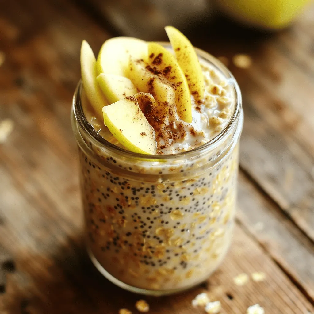 - 1 cup rolled oats - 1 cup almond milk (or any milk of choice) - 1 tablespoon maple syrup Cinnamon roll overnight oats start with a few key ingredients. Rolled oats give the dish its base. They soak up the milk and sweet flavors well. Almond milk makes this dish creamy, but feel free to use any milk you like. Maple syrup adds natural sweetness, making every bite delicious. - 2 tablespoons Greek yogurt - 2 tablespoons raisins or chopped walnuts - Fresh apple slices or banana slices for topping Adding optional ingredients can take your oats to the next level. Greek yogurt adds creaminess and protein. Raisins or chopped walnuts can give a nice texture and chewiness. Fresh fruit toppings, like apple or banana slices, can add a burst of flavor and color. You can find the full recipe [here](#). Combining Dry Ingredients Start by gathering your dry ingredients. In a medium bowl, add 1 cup of rolled oats and 1 tablespoon of chia seeds. Then, sprinkle in 1 teaspoon of ground cinnamon. This mix gives the oats that lovely cinnamon roll flavor. Mixing Wet Ingredients Next, it’s time for the wet ingredients. In the same bowl, pour in 1 cup of almond milk and 1 tablespoon of maple syrup. Add 1 teaspoon of vanilla extract for a nice touch. If you want creaminess, mix in 2 tablespoons of Greek yogurt. Stir everything together until it looks smooth. Assembling the Oats Now it’s time to combine everything. Pour the wet mixture into the bowl with the dry ingredients. Stir until all the oats are coated. If you like, fold in 2 tablespoons of raisins or chopped walnuts for extra texture. How Long to Soak Overnight Once everything is mixed, transfer the oats into an airtight container. Cover it tightly and place it in the fridge overnight. This soaking helps the oats absorb the milk and flavors. Storing in Airtight Container Using an airtight container is key. It keeps your oats fresh and tasty. You can prepare a few jars at once for easy breakfasts throughout the week. Stirring and Adjusting Consistency In the morning, take your oats out of the fridge. Give them a good stir. If they are too thick, add a splash of almond milk to thin them out. This way, you get the right texture for your breakfast. Adding Toppings for Extra Flavor Finally, it’s time to serve. Top your oats with fresh apple slices or banana slices. A sprinkle of cinnamon on top adds extra flavor. Enjoy your cinnamon roll overnight oats as a healthy breakfast! You can make your cinnamon roll overnight oats unique. Try adding a pinch of nutmeg for warmth. Cocoa powder can give a rich chocolate flavor. You can also swap maple syrup for honey or agave. Taste your mix; add more sweetener if you like it sweeter. To make this recipe vegan, switch to almond milk or oat milk. For creaminess, replace Greek yogurt with a plant-based yogurt. You can use maple syrup or agave as sweeteners. These swaps keep your oats tasty and vegan-friendly. If you want a crunch, add some chopped nuts or seeds. Almonds or pecans work well. You can also mix in some granola for extra crunch. For creamier oats, add more yogurt or an extra splash of milk. This gives you a smooth and satisfying breakfast. Check out the Full Recipe for a delicious start to your day! {{image_2}} You can switch up your cinnamon roll overnight oats in fun ways. Here are two great ideas: - Chocolate Chip Cinnamon Roll Overnight Oats: Add a handful of chocolate chips to the oat mix. The chocolate will melt slightly overnight, giving a rich taste. - Pumpkin Spice Cinnamon Roll Oats: Mix in a few tablespoons of pumpkin puree and a dash of pumpkin spice. This adds warmth and a touch of fall to your oats. Seasonal fruits make your oats fresh and exciting. Try these ideas: - Fall-Inspired: Add diced apples and chopped nuts. The crunchy nuts and sweet apples give a cozy feel to your breakfast. - Summer-Inspired: Top your oats with fresh berries and a dollop of yogurt. This will create a light and refreshing morning treat. You can serve your cinnamon roll overnight oats in different ways: - Breakfast Bowl Ideas: Serve the oats in a bowl topped with your favorite fruits, nuts, or a drizzle of honey. This makes a colorful and inviting breakfast. - Portable Snack Ideas: Pack the oats in jars for a quick snack on the go. Just grab a jar, and you're ready to enjoy your healthy treat anywhere. Try these variations and serving ideas to make your cinnamon roll overnight oats even more delicious. For the complete recipe, check the Full Recipe section. To keep your cinnamon roll overnight oats fresh, use airtight containers. Glass jars work great and let you see the oats inside. You can also use plastic containers with tight lids. If you have leftovers, simply cover them well. This keeps the oats moist and tasty. Refrigerated Duration In the fridge, these oats last about 3 to 5 days. This makes them a perfect make-ahead breakfast. Just check for any changes in smell or texture before eating. Freezing Guidelines You can freeze cinnamon roll overnight oats, but it's best to skip toppings before freezing. Place the oats in freezer-safe containers. They can last for up to 3 months. When ready to eat, thaw them overnight in the fridge. Best Methods for Reheating Overnight Oats To reheat, use the microwave. Heat a single serving for about 30 seconds. Stir, then heat for another 30 seconds if needed. You can also warm them on the stove, adding a splash of almond milk for moisture. Adjusting Consistency After Reheating After reheating, the oats may be thick. Just stir in a little almond milk until you reach the right texture. This keeps your breakfast creamy and enjoyable. For the full recipe, check the main section. You can use steel-cut oats, but the texture will differ. Steel-cut oats take longer to soften. I recommend soaking them longer or cooking them briefly before mixing. Rolled oats are softer and ready to eat after soaking overnight. Overnight oats stay fresh in the fridge for up to five days. Make sure to store them in an airtight container. After five days, the oats may lose flavor and texture. Yes, these oats are perfect for meal prep. You can make several servings at once. Just divide the mixture into jars or containers. This way, you have easy breakfasts ready for the week! Great toppings include fresh apple slices, banana slices, or a sprinkle of cinnamon. You can also add a dollop of Greek yogurt for creaminess. Nuts or granola can add a nice crunch, too. For the full recipe, check the details above! This guide on overnight oats covers essential ingredients, preparation, tips, and variations. You learned how to combine rolled oats, almond milk, and sweeteners for a great base. You can make it your own with toppings, flavors, and adjustments. Storing safely and reheating properly are key to enjoying your oats. Experimenting with seasonal flavors can keep breakfast fun. Enjoy crafting your perfect bowl of overnight oats. Your mornings can be healthy, varied, and delicious. Dive in and start making the best oats today!