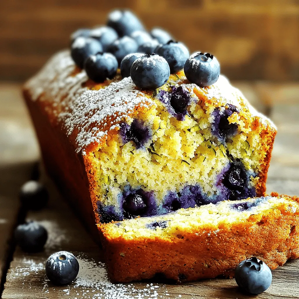 To make delicious blueberry zucchini bread, gather these items: - 1 cup grated zucchini (about 1 medium zucchini) - 1 cup fresh blueberries (or frozen, thawed) - 1 cup all-purpose flour - 1 cup whole wheat flour - 1 teaspoon baking soda - 1/2 teaspoon baking powder - 1/2 teaspoon salt - 1 teaspoon ground cinnamon - 1/2 teaspoon vanilla extract - 1/2 cup vegetable oil - 3/4 cup brown sugar (packed) - 1/4 cup granulated sugar - 2 large eggs - 1/4 cup chopped walnuts or pecans (optional) You can swap items if needed. Here are some easy substitutions: - Use coconut oil instead of vegetable oil for a richer taste. - Replace granulated sugar with honey or maple syrup to add flavor. - Try almond flour in place of all-purpose flour for a gluten-free option. - Unsweetened applesauce can replace eggs for a vegan version. Add a twist to your bread with these fun options: - Mix in chocolate chips for a sweet touch. - Dried fruits, like cranberries or raisins, can add more sweetness. - A tablespoon of lemon zest brightens the flavor nicely. - For a nutty crunch, add extra nuts beyond walnuts or pecans. These ingredients make your blueberry zucchini bread delightful. For the full recipe, check the details above! 1. Start by preheating your oven to 350°F (175°C). Greasing your loaf pan helps the bread slide out easily. You can also line it with parchment paper for extra ease. 2. In a medium bowl, mix the all-purpose flour, whole wheat flour, baking soda, baking powder, salt, and ground cinnamon. Whisk these ingredients well, then set the bowl aside. 3. Next, in a large bowl, combine the vegetable oil, brown sugar, and granulated sugar. Beat this mixture until it is smooth and creamy. 4. Add the eggs one at a time. Mix well after each egg. Finally, stir in the vanilla extract to enhance the flavor. 5. Now, carefully fold in the grated zucchini. Then add the fresh or thawed blueberries. If you want some crunch, include chopped walnuts or pecans at this stage. Mix until just combined. 6. Gradually add the dry mixture to the wet ingredients. Stir gently until you no longer see any flour streaks. Be careful not to overmix, or your bread may turn out tough. 7. Pour the batter into your prepared loaf pan. Use a spatula to smooth the top. This helps the bread rise evenly. 8. Place the pan in your preheated oven. Bake for about 60-70 minutes. 9. To check for doneness, insert a toothpick into the center of the bread. If it comes out clean, your bread is ready. If not, give it a few more minutes. 10. Once done, let the bread cool in the pan for about 10 minutes. Then, transfer it to a wire rack to cool completely. This easy recipe will create a delightful treat that you can enjoy for breakfast or as a snack. For the full recipe, check it out in the earlier section. Grating zucchini is easy, but a few tips help. Use a box grater for best results. Grate the zucchini in long strokes. This keeps it from getting mushy. You can also use a food processor if you want. Just be careful not to over-process it. After grating, squeeze out excess water. This step helps the bread stay firm and not too wet. One common mistake is skipping the drying step for zucchini. If you don’t remove excess moisture, your bread can turn soggy. Another mistake is overmixing the batter. Mix just until combined. Overmixing leads to tough bread. Remember to check your oven temperature. An oven that’s too hot can burn the edges while leaving the center raw. To keep your blueberry zucchini bread moist, use fresh zucchini. If you use frozen, make sure to thaw and drain it first. Adding a bit of yogurt can also help keep the bread tender. You can use oil instead of butter. Oil adds moisture without weighing down the bread. Lastly, wrap the cooled bread in plastic wrap. This keeps it fresh and soft for days. For the full recipe, check out the Delicious Blueberry Zucchini Bread. {{image_2}} You can make this blueberry zucchini bread even healthier. Use whole grain flour instead of all-purpose flour. Whole grain flour adds fiber and nutrients. This simple swap keeps the bread moist and tasty. You can also add oats for extra texture. Just replace some flour with rolled oats to boost health benefits. Making this bread vegan is easy. Replace the eggs with flax eggs. Mix one tablespoon of flaxseed meal with two and a half tablespoons of water. Let it sit for a few minutes. This mix works well as an egg substitute. Use plant-based oil instead of vegetable oil. You can also use maple syrup for sweetness instead of sugar. Feel free to get creative with flavors! You can swap blueberries with raspberries or chopped apples. Each fruit adds its own twist. Adding nuts like pecans or almonds gives a nice crunch. Want more flavor? Try adding spices like nutmeg or ginger. The options are endless, so have fun experimenting! For the full recipe, check out the detailed steps above. To keep your blueberry zucchini bread fresh, store it in an airtight container. This method helps to keep moisture in and prevents the bread from drying out. If you want to keep it longer, you can wrap it tightly in plastic wrap before placing it in the container. Make sure to store it at room temperature for up to three days. For longer storage, consider freezing it. Freezing blueberry zucchini bread is simple. First, let the bread cool completely. Next, wrap it in plastic wrap or aluminum foil. Then, place it in a freezer-safe bag or container. Label it with the date. You can freeze the bread for up to three months. When you're ready to eat, just let it thaw in the fridge overnight. To enjoy your leftover blueberry zucchini bread, preheat your oven to 350°F (175°C). Place slices on a baking sheet. Heat for about 10-15 minutes, or until warmed through. You can also use a microwave. Heat each slice for about 15-20 seconds for a quick treat. Enjoy it warm for the best taste! Yes, you can use frozen blueberries. Just make sure to thaw them first. Drain any excess liquid before adding them to the mix. This keeps the bread from getting too wet. Frozen blueberries also work well if fresh ones are not available. They will still give you that tasty burst of flavor! To check if the bread is done, insert a toothpick into the center. If it comes out clean or with a few crumbs, the bread is ready. If it has wet batter on it, bake a little longer. Keep an eye on it after 60 minutes. Every oven is different, so checking it early is a good idea. Yes, you can use a sugar alternative. If you choose a sweetener, check the packaging for equivalent measurements. Some sugar alternatives are sweeter than sugar, so you may need less. Just remember that this may change the flavor a bit. Always taste the batter before baking to ensure the sweetness is to your liking. For the full recipe, check out the earlier section! This post covered everything you need to make tasty blueberry zucchini bread. We looked at key ingredients, simple steps, and helpful tips. You learned about fun variations to try and how to store your bread properly. Don’t forget that you can easily adapt this recipe to fit your needs. Baking is all about joy and creativity. Enjoy baking and sharing your delicious creation with others!