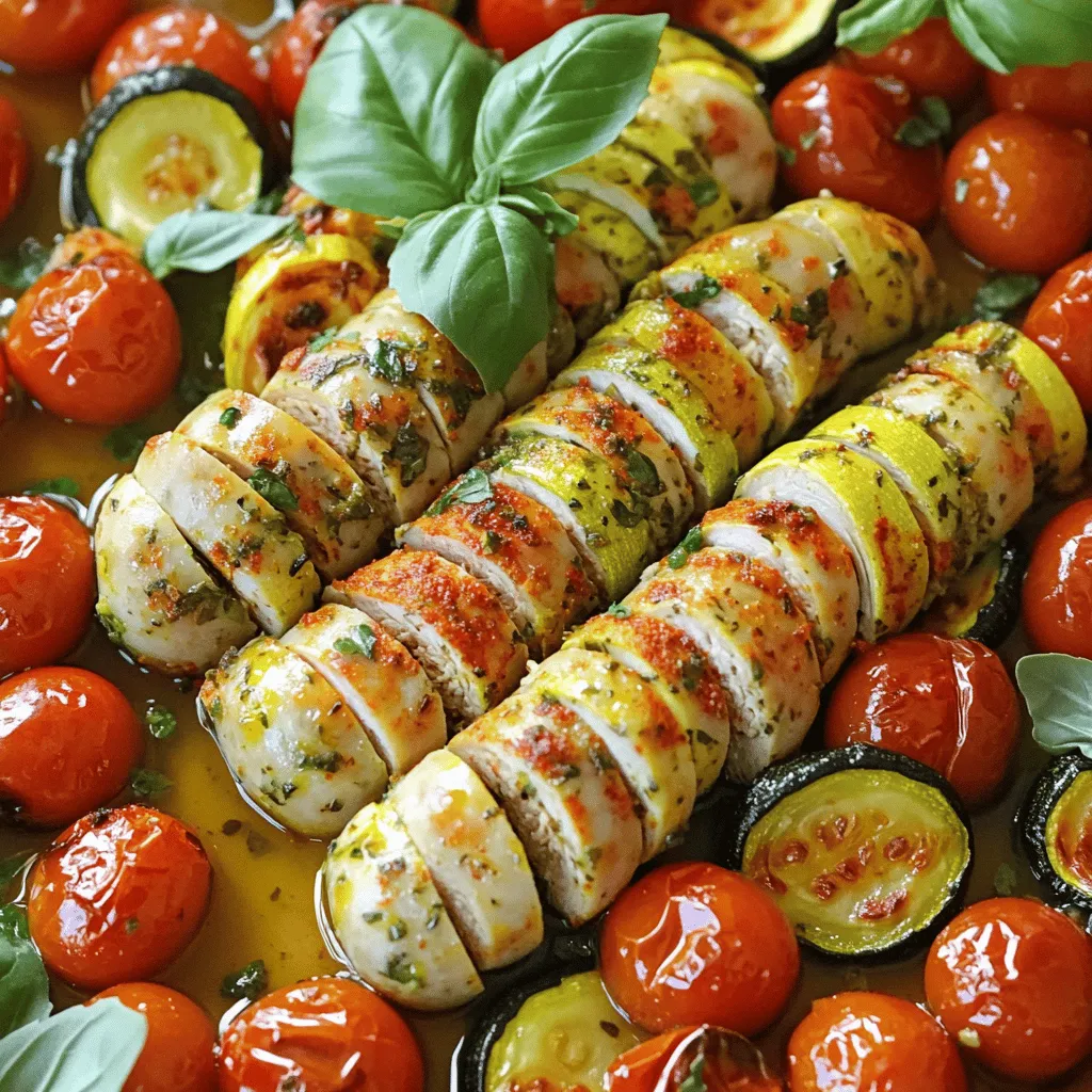 - 4 chicken sausages - 2 medium zucchinis, sliced into half-moons - 1 pint cherry tomatoes, halved Chicken sausages are lean and flavorful. They bring a juicy taste to this dish. Use fresh chicken sausages for the best results. Zucchini adds nice texture and absorbs flavors well. The cherry tomatoes give a sweet burst when cooked, making them a great addition. - 3 cloves garlic, minced - 2 tablespoons olive oil - 1 teaspoon dried oregano - 1 teaspoon smoked paprika Garlic adds depth and aroma. Olive oil helps in roasting the vegetables and gives richness. Dried oregano provides a classic flavor, while smoked paprika adds a hint of smokiness. These ingredients work together to elevate the taste of the dish. - Salt and pepper - Fresh basil leaves for garnish Salt and pepper are essential for enhancing all flavors. Fresh basil leaves add a bright finish. You can sprinkle them on top just before serving. Feel free to adjust the seasoning to suit your taste. For the full recipe, click here. - Preheating the oven Start by preheating your oven to 400°F (200°C). This helps cook everything evenly. - Preparing vegetables Slice the zucchinis into half-moons. Halve the cherry tomatoes. Mince the garlic. Place all these in a large bowl. - Roasting in the oven Drizzle olive oil over the veggies. Add oregano, smoked paprika, salt, and pepper. Toss everything well to coat. Spread the veggies on a baking sheet. Nestle the chicken sausages among them. Bake for 25-30 minutes. Stir halfway for even cooking. - Mixing and garnishing After baking, let everything cool for a few minutes. Slice the sausages into bite-sized pieces. Mix the sausages with the roasted veggies on the baking sheet. - Transfer to serving platter Carefully transfer the mixture to a serving platter. It looks colorful and inviting. - Optional garnishes For a fresh touch, add torn basil leaves on top. They give a burst of flavor. For more details, check the Full Recipe. Choosing quality chicken sausages I always look for chicken sausages made from lean chicken breast. They should be fresh and free from fillers. Check the label for simple ingredients. Quality matters for taste! Optimal zucchini and tomato selection Choose firm zucchinis without soft spots. For tomatoes, pick plump cherry tomatoes. Their sweetness enhances the dish. Fresh veggies make a big difference in flavor. Ensuring even cooking Cut the zucchini into similar sizes. This helps them cook evenly. Spread the veggies and sausages out on the baking sheet. This allows hot air to circulate and cook everything well. Tips for perfect seasoning Don't be shy with the seasoning. Olive oil helps the spices stick. A mix of salt, pepper, oregano, and smoked paprika adds depth. Taste as you go to find your perfect balance. Pairing suggestions Serve this dish with crusty bread or a side salad. A light vinaigrette can brighten the meal. You may also enjoy it with a glass of white wine. Additional side dishes Try pairing it with quinoa or couscous. These sides soak up the delicious juices. You can also add a fresh herb salad for a tasty contrast. For the full recipe, check out the section above. {{image_2}} You can switch up the chicken sausages for other types. Pork or turkey sausages work well. They add different flavors and textures. If you want a spicy kick, try chorizo. Adding other vegetables can also change the dish. Bell peppers, onions, or spinach are great choices. They add color and taste. You can use any veggies you like. Just remember to cut them into similar sizes for even cooking. Herbs and spices can really change the taste. If you love freshness, try thyme or rosemary. For a bit of heat, add red pepper flakes. You can even mix herbs for a unique flavor. Incorporating cheese or nuts can add richness. Feta or goat cheese crumbles work nicely. They melt a bit, adding creaminess. Toasted pine nuts or walnuts also add a nice crunch. Sprinkle them on top before serving for added texture. You can grill the chicken sausages instead of baking them. This gives a smoky flavor and nice grill marks. Just cook them on medium heat until they are done. Skillet cooking is another option. Heat a bit of oil in a pan, then cook the sausages. Add the zucchinis and tomatoes halfway through. This method gives you a nice, caramelized finish. For the full recipe, check out the [Full Recipe]. To keep your chicken sausages with zucchini and tomatoes fresh, store leftovers in a sealed container. Place them in the fridge within two hours of cooking. This helps prevent bacteria growth. Use the leftovers within three to four days for the best taste and safety. For longer storage, you can freeze the dish. Allow it to cool completely before freezing. Transfer the cooled mixture to a freezer-safe container. Make sure to leave some space at the top, as liquids expand when frozen. This dish can last up to three months in the freezer. Reheating your meal properly keeps it tasty. To reheat, you can use the oven or microwave. If using the oven, preheat it to 350°F (175°C). Place the mixture in an oven-safe dish and cover it with foil. Heat for about 15-20 minutes, checking to ensure it warms evenly. In the microwave, use a microwave-safe bowl. Heat in short intervals of one to two minutes, stirring in between. This helps maintain the flavor and texture of the chicken sausages and vegetables. The shelf life of this dish depends on how you store it. In the fridge, the chicken sausages with zucchini and tomatoes last three to four days. If you freeze it, the shelf life extends to about three months. Always check for any signs of spoilage before consuming leftovers. Enjoy this full recipe to make the most of your meal prep! You should cook chicken sausages with zucchini and tomatoes for 25 to 30 minutes in the oven. This time allows the sausages to cook fully and the veggies to become tender. Always check that the sausages reach an internal temperature of 165°F (74°C) for safety. While cooking, stir the vegetables halfway through to ensure even roasting. Yes, you can prepare this recipe ahead of time. You can chop the zucchini and halve the tomatoes a day before. Store them in an airtight container in the fridge. You can also season the chicken sausages and mix them with the veggies. Cover the dish and keep it in the fridge until you are ready to cook. This dish is great for meal prep! You can divide the cooked chicken sausages and veggies into meal containers. Store them in the fridge for up to four days. To keep it fresh, let it cool before you seal the containers. You can reheat the meals in the microwave or oven when you're ready to eat. This recipe is healthy and tasty. Each serving has about 350 calories. You get lean protein from the chicken sausages, which helps build muscle. Zucchini offers fiber, while tomatoes provide vitamins A and C. This meal is balanced and full of nutrients, making it a smart choice for any meal. This blog post guides you through a simple and healthy recipe. You learned about key ingredients like chicken sausages, zucchini, and cherry tomatoes. We explored easy steps for preparation, cooking, and serving suggestions. I shared tips for selecting top ingredients and variations for extra flavor. You now know how to store leftovers properly and answered common questions. Cooking should be fun and tasty. Enjoy experimenting with this dish to suit your taste!