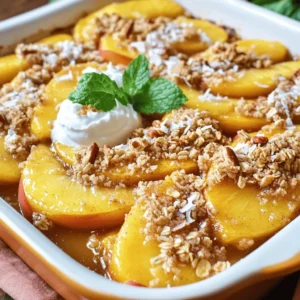 - 4 ripe peaches, peeled and sliced - 1 tablespoon lemon juice - 1 tablespoon honey or maple syrup Fresh peaches are key to this dish. Choose ripe peaches for the best flavor. Lemon juice adds a tangy kick. Use honey or maple syrup for sweetness without refined sugar. - 1 cup rolled oats - 1/2 cup almond flour or whole wheat flour - 1/4 cup chopped nuts (such as walnuts or pecans) Rolled oats give a nice crunch. Almond flour or whole wheat flour adds fiber. Chopped nuts add texture and flavor. Feel free to mix nuts you like best. - 1 teaspoon cinnamon - 1/4 teaspoon salt - 1 tablespoon ground flaxseed (optional) Cinnamon brings warmth and depth. A bit of salt enhances all the flavors. Ground flaxseed is optional but great for extra nutrients. You can also add shredded coconut for a tropical twist. For the full recipe, check [Full Recipe]. Enjoy making this healthy peach crisp! 1. Preheat the oven: Start by preheating your oven to 350°F (175°C). This step is key for even baking. 2. Prepare peaches with lemon juice and sweetener: In a mixing bowl, take 4 ripe peaches, peel and slice them. Add 1 tablespoon of lemon juice and 1 tablespoon of honey or maple syrup. Toss gently until the peaches are coated. Spread this peach mixture evenly in your greased 8-inch square baking dish. 1. Mix dry ingredients: In another bowl, combine 1 cup of rolled oats, 1/2 cup of almond flour (or whole wheat flour), 1/4 cup of chopped nuts, 1 teaspoon of cinnamon, and 1/4 teaspoon of salt. If you want a nutritional boost, add 1 tablespoon of ground flaxseed and 1/4 cup of unsweetened shredded coconut. 2. Combine with melted coconut oil: Pour 3 tablespoons of melted coconut oil over the dry mixture. Mix well until everything is crumbly. This topping gives your crisp a delicious crunch. 1. Assemble layers in the baking dish: Evenly distribute the oat topping over the peach layer in the baking dish. Make sure it covers all the peaches. 2. Bake details and tips: Place the dish in the oven and bake for 30-35 minutes. Look for a golden-brown topping and bubbling peaches. If the topping browns too quickly, cover it with foil. Allow it to cool for a few minutes before serving. Enjoy your healthy peach crisp! For the full recipe, check the detailed steps above. To make your peach crisp even healthier, consider lowering the sugar. You can cut back on honey or maple syrup. Try using just a teaspoon, or leave it out entirely. The natural sweetness from ripe peaches often meets our taste needs. You can also explore alternative flour options. Instead of almond flour, you might use whole wheat flour or oat flour. These options add fiber and nutrients. They can also improve the texture of your crisp. Spice variations can really elevate your dish. Besides cinnamon, try adding nutmeg or ginger for a warm kick. These spices add depth and can transform the flavor profile. Nut alternatives can also give your peach crisp a unique twist. Use pecans or hazelnuts instead of walnuts. Each nut brings its own flavor and crunch. You can also skip the nuts for a nut-free version. For serving, pair your peach crisp with yogurt or ice cream. Greek yogurt adds creaminess and protein. Vanilla ice cream provides a sweet contrast to the tart peaches. Garnishing ideas for presentation can make your dish shine. Add fresh mint leaves for a pop of color. You might sprinkle some extra cinnamon on top. This makes your dish look and taste even better. Want the full details? Check out the Full Recipe for a step-by-step guide to make this dessert truly shine! {{image_2}} You can mix things up by using other fruits. Try using apples or plums instead of peaches. Both fruits have a sweet and juicy taste. You can also combine peaches with berries. Blueberries, raspberries, or strawberries add color and flavor. This mix brightens the dish and gives you more health benefits. If you need gluten-free options, use certified gluten-free oats and almond flour. This keeps the crisp tasty while making it safe for gluten-sensitive folks. For a vegan variation, swap honey for maple syrup. This simple change makes the dish plant-based and still delicious. To make your peach crisp extra special, add spices. Nutmeg and cinnamon work well together. A splash of vanilla extract can also enhance the flavor. Citrus zest, like lemon or orange, adds a fresh twist too. These small changes make a big difference in taste and make each bite exciting. To keep your Healthy Peach Crisp fresh, store it in the fridge. Place it in an airtight container to prevent moisture loss. This helps maintain its taste and texture. Use glass or plastic containers with tight lids. You can also cover the dish with plastic wrap if you don't have a container. If you want to save it for later, freezing is a great option. Let the peach crisp cool completely before freezing. Wrap it tightly in plastic wrap, then place it in a freezer-safe bag or container. This keeps it safe from freezer burn. When you want to enjoy it again, thaw it overnight in the fridge. To reheat, place it in the oven at 350°F (175°C) for about 15-20 minutes. You can also microwave it for a quick snack. In the refrigerator, your Healthy Peach Crisp lasts about 3 to 5 days. For the freezer, it can keep well for about 2 to 3 months. Remember to label your containers with the date. This way, you will know when it’s time to eat or toss it. Keeping track helps you enjoy your dessert at its best. Can I use frozen peaches? Yes, you can use frozen peaches. Just thaw them first. Drain any extra liquid. This keeps your crisp from getting too watery. How can I make it nut-free? To make it nut-free, simply skip the nuts in the recipe. You can use more oats or seeds for crunch. Try sunflower seeds or pumpkin seeds instead. What are the health benefits of the main ingredients? The main ingredients offer great health benefits: - Peaches: High in vitamins A and C. They help with skin health. - Oats: Good for heart health and help you feel full. - Almond flour: Low in carbs and high in healthy fats, which can aid weight loss. - Honey: A natural sweetener with antioxidants. How many calories per serving? This healthy peach crisp has about 200 calories per serving. This makes it a guilt-free treat. What can I do if the topping is soggy? If the topping is soggy, bake it a little longer. Check every five minutes. You want a golden brown color. You can also add more oats to absorb moisture next time. How to tell when the crisp is perfectly baked? The crisp is ready when the topping is golden brown. The peaches should be bubbling around the edges. This shows the flavors are melded together well. This article covered how to make a delicious peach crisp. We discussed fresh and dry ingredients. I shared simple steps from preparing to baking, along with helpful tips. You learned variations, storage info, and answered common questions. In summary, you have everything you need to create your peach crisp. Experiment with flavors and enjoy this tasty dish! Go ahead, gather your ingredients, and let the baking begin.