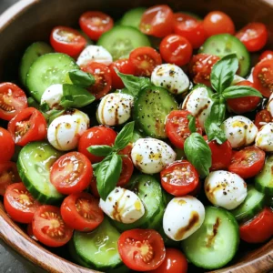 - Cucumber - Cherry Tomatoes - Fresh Basil - Mozzarella Balls - Balsamic Vinegar - Extra Virgin Olive Oil - Salt and Pepper The key to a great Easy Cucumber Caprese Salad lies in its fresh ingredients. You want to use ripe, flavorful produce. Cucumber: Start with two large cucumbers. I love the crunch they add. Slice them into thin rounds for a nice bite. Cherry Tomatoes: Next, grab one cup of cherry tomatoes. Halve them for easy eating. Their sweetness balances the salad perfectly. Fresh Basil: Use a quarter cup of fresh basil leaves. I tear them for a more rustic look. The smell alone lifts your spirits! Next, let’s talk about the dairy. Mozzarella Balls: You need eight ounces of mozzarella balls. These small gems add creaminess. Drain them well to avoid extra moisture. Now, let’s not forget the pantry essentials. Balsamic Vinegar: Three tablespoons of balsamic vinegar add tang. It makes the salad bright and lively. Extra Virgin Olive Oil: Use two tablespoons of extra virgin olive oil. It ties all the flavors together. Salt and Pepper: Finally, don’t skip salt and pepper. They enhance every bite. Adjust to your taste. These ingredients come together to create a refreshing summer treat. For the full recipe, check out the detailed instructions! Start by washing the cucumbers. Use cold water to remove dirt. After washing, slice them into thin rounds. Place these slices in a large mixing bowl. Next, take the cherry tomatoes. Halve each one carefully and add them to the bowl. The fresh tomatoes will add a sweet burst of flavor. Now, drain the mozzarella balls. Make sure to remove excess liquid. This keeps the salad fresh and prevents it from getting soggy. With all your ingredients ready, it’s time to combine them. Add the cucumber slices, halved tomatoes, and drained mozzarella into your mixing bowl. Next, take fresh basil leaves. Tear them into smaller pieces and sprinkle them over the salad. The basil adds a nice herbal touch. Now, let’s make the dressing. In a small bowl, whisk together balsamic vinegar and olive oil. Mix until you see a smooth blend. Drizzle the prepared dressing over the salad mixture. This will coat all the ingredients with flavor. Gently toss everything together. Use your hands or a spoon to mix without smashing the ingredients. Finally, season with salt and freshly ground black pepper to taste. Mix again to ensure every bite is tasty. Let the salad sit for 10 minutes. This allows the flavors to blend together. Enjoy your Easy Cucumber Caprese Salad as a refreshing summer treat! For the full recipe, check out the details provided above! Choosing ripe cucumbers and tomatoes is key. Look for cucumbers that feel firm and smooth. The skin should be a bright green color. For tomatoes, pick ones that are plump and slightly soft to touch. Their color should be vibrant too. This ensures your salad has great taste and texture. Cutting your ingredients well helps with presentation. Slice cucumbers into even rounds. This makes them easy to eat and look nice. Halve the cherry tomatoes for a pop of color. When you place them in the bowl, mix them gently. This keeps the shape of the tomatoes and mozzarella. To boost the flavor, add fresh herbs or spices. Chopped mint or dill works well with this salad. You can also sprinkle in red pepper flakes for some heat. For dressings, try a lemon vinaigrette or even a creamy dressing. Each will give a different twist to the dish. This salad pairs well with grilled meats. Serve it alongside chicken or fish for a light meal. You can also enjoy it with crusty bread for a filling lunch. For parties, place the salad in a big bowl. This makes it easy for guests to serve themselves. Adding a sprinkle of extra basil on top also makes it look pretty. For the full recipe, check out the details above. {{image_2}} You can change up the cheese in your Cucumber Caprese Salad. Try feta or goat cheese instead of mozzarella. These options add a new flavor twist. If you want a creamier taste, use burrata. Each cheese brings its charm to the dish. For the balsamic vinegar, you can explore alternatives. Try red wine vinegar for a sharper taste. Apple cider vinegar adds a light sweetness. You can also use lemon juice for a fresh zing. These swaps can help you find your favorite flavor combo. If you want a vegan option, replace the mozzarella with tofu. Firm tofu can mimic the cheese's texture. Marinate the tofu in some balsamic vinegar for flavor. This way, you can still enjoy a delicious salad. For gluten-free variations, this recipe is perfect as is! All the ingredients are gluten-free. You can serve it with gluten-free bread or crackers if you want a side. In summer, add fresh corn or avocados for added texture. These ingredients make the salad even more refreshing. You can also mix in some diced bell peppers for color and crunch. In winter, consider roasted vegetables like zucchini or butternut squash. They can add warmth to your dish. You might also try adding nuts for crunch. This way, your salad stays tasty year-round. For the full recipe, check out the Refreshing Cucumber Caprese Salad. To keep your cucumber caprese salad fresh, use airtight containers. Glass or plastic containers work well. Make sure the lid seals tightly. Place the salad in the fridge right after serving. Avoid leaving it out for long periods. This keeps the flavors bright and the ingredients crisp. This salad lasts for about 2-3 days in the fridge. After that, the cucumbers may become soggy. The tomatoes might lose their firmness too. If you notice any changes in smell or texture, it’s best to toss it out. You shouldn’t freeze cucumber salad. Freezing alters the texture of cucumbers. When thawing, they become mushy and watery. If you still want to freeze it, consider just freezing the dressing separately. This way, you can use fresh ingredients later. The best cucumber for this salad is the English cucumber. It has thin skin, few seeds, and a crisp texture. Persian cucumbers also work well, as they are sweet and crunchy. Avoid using regular cucumbers, as they can be watery and have a thick skin. For the best taste, choose cucumbers that feel firm and heavy. Yes, you can prepare this salad in advance. However, I recommend waiting to add the dressing. The salad can get soggy if it sits too long. You can chop the cucumbers, tomatoes, and mozzarella ahead of time. Store them in an airtight container in the fridge. Add fresh basil and dressing just before serving for the best flavor. To make this salad more filling, consider adding protein. Grilled chicken or shrimp adds great flavor and texture. You can also add chickpeas or quinoa for a vegetarian option. These ingredients not only fill you up but also add a healthy twist to this refreshing dish. Yes, it is safe to eat cucumbers with the skin on. The skin contains fiber and nutrients. Just make sure to wash them well to remove dirt and pesticides. If you prefer, you can peel them for a milder taste. However, I find that leaving the skin on adds a nice crunch to the salad. If you want to substitute mozzarella, try using feta cheese or goat cheese. Both options add a tangy flavor that complements the salad. You can also use avocado for a creamy texture. Just keep in mind that these options change the taste, but they still work well in the salad. For the full recipe, check out the complete guide above. This salad blends fresh produce with pantry basics. Start by prepping your cucumbers, cherry tomatoes, and mozzarella. Mix these in a bowl, drizzle with dressing, and toss. Remember to choose ripe ingredients for better taste. Feel free to explore variations with different cheeses or dressings. Store any leftovers well to keep them fresh. This simple salad is tasty, versatile, and great for any meal or gathering. Happy salad making!
