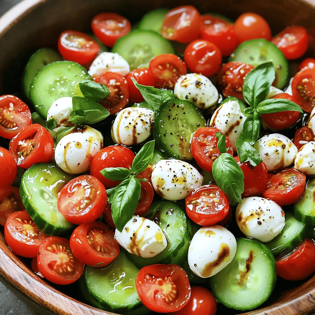 - Cucumber - Cherry Tomatoes - Fresh Basil - Mozzarella Balls - Balsamic Vinegar - Extra Virgin Olive Oil - Salt and Pepper The key to a great Easy Cucumber Caprese Salad lies in its fresh ingredients. You want to use ripe, flavorful produce. Cucumber: Start with two large cucumbers. I love the crunch they add. Slice them into thin rounds for a nice bite. Cherry Tomatoes: Next, grab one cup of cherry tomatoes. Halve them for easy eating. Their sweetness balances the salad perfectly. Fresh Basil: Use a quarter cup of fresh basil leaves. I tear them for a more rustic look. The smell alone lifts your spirits! Next, let’s talk about the dairy. Mozzarella Balls: You need eight ounces of mozzarella balls. These small gems add creaminess. Drain them well to avoid extra moisture. Now, let’s not forget the pantry essentials. Balsamic Vinegar: Three tablespoons of balsamic vinegar add tang. It makes the salad bright and lively. Extra Virgin Olive Oil: Use two tablespoons of extra virgin olive oil. It ties all the flavors together. Salt and Pepper: Finally, don’t skip salt and pepper. They enhance every bite. Adjust to your taste. These ingredients come together to create a refreshing summer treat. For the full recipe, check out the detailed instructions! Start by washing the cucumbers. Use cold water to remove dirt. After washing, slice them into thin rounds. Place these slices in a large mixing bowl. Next, take the cherry tomatoes. Halve each one carefully and add them to the bowl. The fresh tomatoes will add a sweet burst of flavor. Now, drain the mozzarella balls. Make sure to remove excess liquid. This keeps the salad fresh and prevents it from getting soggy. With all your ingredients ready, it’s time to combine them. Add the cucumber slices, halved tomatoes, and drained mozzarella into your mixing bowl. Next, take fresh basil leaves. Tear them into smaller pieces and sprinkle them over the salad. The basil adds a nice herbal touch. Now, let’s make the dressing. In a small bowl, whisk together balsamic vinegar and olive oil. Mix until you see a smooth blend. Drizzle the prepared dressing over the salad mixture. This will coat all the ingredients with flavor. Gently toss everything together. Use your hands or a spoon to mix without smashing the ingredients. Finally, season with salt and freshly ground black pepper to taste. Mix again to ensure every bite is tasty. Let the salad sit for 10 minutes. This allows the flavors to blend together. Enjoy your Easy Cucumber Caprese Salad as a refreshing summer treat! For the full recipe, check out the details provided above! Choosing ripe cucumbers and tomatoes is key. Look for cucumbers that feel firm and smooth. The skin should be a bright green color. For tomatoes, pick ones that are plump and slightly soft to touch. Their color should be vibrant too. This ensures your salad has great taste and texture. Cutting your ingredients well helps with presentation. Slice cucumbers into even rounds. This makes them easy to eat and look nice. Halve the cherry tomatoes for a pop of color. When you place them in the bowl, mix them gently. This keeps the shape of the tomatoes and mozzarella. To boost the flavor, add fresh herbs or spices. Chopped mint or dill works well with this salad. You can also sprinkle in red pepper flakes for some heat. For dressings, try a lemon vinaigrette or even a creamy dressing. Each will give a different twist to the dish. This salad pairs well with grilled meats. Serve it alongside chicken or fish for a light meal. You can also enjoy it with crusty bread for a filling lunch. For parties, place the salad in a big bowl. This makes it easy for guests to serve themselves. Adding a sprinkle of extra basil on top also makes it look pretty. For the full recipe, check out the details above. {{image_2}} You can change up the cheese in your Cucumber Caprese Salad. Try feta or goat cheese instead of mozzarella. These options add a new flavor twist. If you want a creamier taste, use burrata. Each cheese brings its charm to the dish. For the balsamic vinegar, you can explore alternatives. Try red wine vinegar for a sharper taste. Apple cider vinegar adds a light sweetness. You can also use lemon juice for a fresh zing. These swaps can help you find your favorite flavor combo. If you want a vegan option, replace the mozzarella with tofu. Firm tofu can mimic the cheese's texture. Marinate the tofu in some balsamic vinegar for flavor. This way, you can still enjoy a delicious salad. For gluten-free variations, this recipe is perfect as is! All the ingredients are gluten-free. You can serve it with gluten-free bread or crackers if you want a side. In summer, add fresh corn or avocados for added texture. These ingredients make the salad even more refreshing. You can also mix in some diced bell peppers for color and crunch. In winter, consider roasted vegetables like zucchini or butternut squash. They can add warmth to your dish. You might also try adding nuts for crunch. This way, your salad stays tasty year-round. For the full recipe, check out the Refreshing Cucumber Caprese Salad. To keep your cucumber caprese salad fresh, use airtight containers. Glass or plastic containers work well. Make sure the lid seals tightly. Place the salad in the fridge right after serving. Avoid leaving it out for long periods. This keeps the flavors bright and the ingredients crisp. This salad lasts for about 2-3 days in the fridge. After that, the cucumbers may become soggy. The tomatoes might lose their firmness too. If you notice any changes in smell or texture, it’s best to toss it out. You shouldn’t freeze cucumber salad. Freezing alters the texture of cucumbers. When thawing, they become mushy and watery. If you still want to freeze it, consider just freezing the dressing separately. This way, you can use fresh ingredients later. The best cucumber for this salad is the English cucumber. It has thin skin, few seeds, and a crisp texture. Persian cucumbers also work well, as they are sweet and crunchy. Avoid using regular cucumbers, as they can be watery and have a thick skin. For the best taste, choose cucumbers that feel firm and heavy. Yes, you can prepare this salad in advance. However, I recommend waiting to add the dressing. The salad can get soggy if it sits too long. You can chop the cucumbers, tomatoes, and mozzarella ahead of time. Store them in an airtight container in the fridge. Add fresh basil and dressing just before serving for the best flavor. To make this salad more filling, consider adding protein. Grilled chicken or shrimp adds great flavor and texture. You can also add chickpeas or quinoa for a vegetarian option. These ingredients not only fill you up but also add a healthy twist to this refreshing dish. Yes, it is safe to eat cucumbers with the skin on. The skin contains fiber and nutrients. Just make sure to wash them well to remove dirt and pesticides. If you prefer, you can peel them for a milder taste. However, I find that leaving the skin on adds a nice crunch to the salad. If you want to substitute mozzarella, try using feta cheese or goat cheese. Both options add a tangy flavor that complements the salad. You can also use avocado for a creamy texture. Just keep in mind that these options change the taste, but they still work well in the salad. For the full recipe, check out the complete guide above. This salad blends fresh produce with pantry basics. Start by prepping your cucumbers, cherry tomatoes, and mozzarella. Mix these in a bowl, drizzle with dressing, and toss. Remember to choose ripe ingredients for better taste. Feel free to explore variations with different cheeses or dressings. Store any leftovers well to keep them fresh. This simple salad is tasty, versatile, and great for any meal or gathering. Happy salad making!