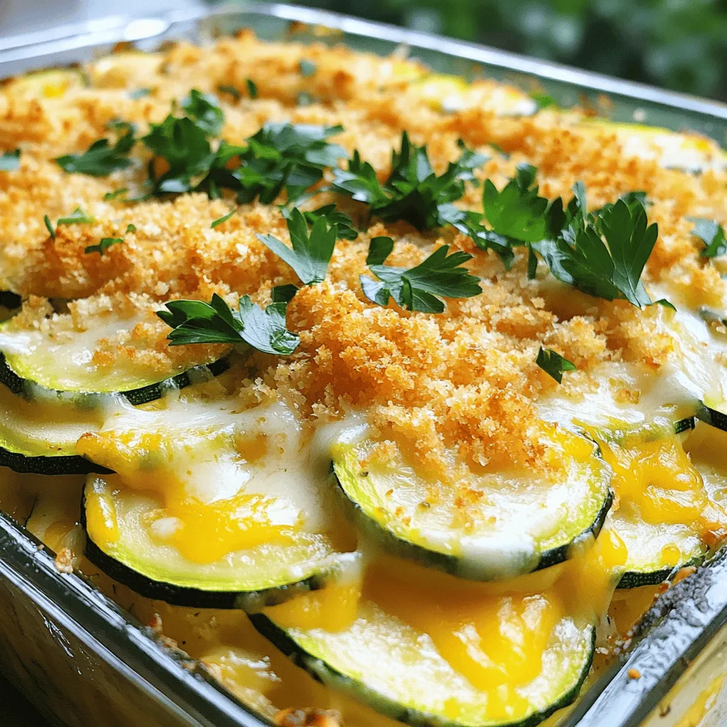 To make easy scalloped zucchini, you need: - 4 medium zucchinis, thinly sliced - 1 cup sharp cheddar cheese, shredded - 1/2 cup Parmesan cheese, grated - 1 cup heavy cream - 2 cloves garlic, minced - 1 teaspoon dried thyme - 1 teaspoon onion powder - Salt and pepper to taste - 1/2 cup bread crumbs (preferably panko) - 2 tablespoons olive oil - Fresh parsley for garnish These ingredients make the dish creamy and cheesy. The zucchinis add a nice texture. If you want to change the cheese, try these options: - Use mozzarella for a milder taste. - Swap cheddar with gouda for a smoky flavor. - Try vegan cheese for a dairy-free option. These swaps can still give you a tasty dish. Using fresh herbs can enhance the flavor. Fresh thyme adds brightness. However, dried herbs are a great option too. They provide a strong taste. If you have fresh herbs, use about three times more than dried. This will keep the flavor balanced. Feel free to experiment with herbs. Basil, oregano, or even dill can make this dish your own. For the full recipe, check out the complete guide. Start by washing the zucchini well. Then, slice them thinly. Thin slices cook evenly and soak up the flavors better. In a large skillet, heat olive oil over medium heat. Add the minced garlic and cook for about one minute. This step makes the kitchen smell great! Next, add the zucchini slices to the skillet. Sprinkle on dried thyme, onion powder, salt, and pepper. Sauté for about 5 to 7 minutes. You want the zucchini to soften but not lose all its crunch. In a separate bowl, combine the heavy cream, half of the sharp cheddar cheese, and half of the grated Parmesan cheese. Mix it well. This creamy blend will give your dish a rich taste. Season it with a pinch of salt and pepper to enhance the flavor. Keep this mixture aside while you layer the dish. Take a greased baking dish and layer half of the sautéed zucchini on the bottom. Pour half of the cream and cheese mixture over the zucchini. Spread it evenly. Repeat this process with the remaining zucchini and cream mixture. Once you finish layering, sprinkle the rest of the cheddar and Parmesan cheese on top. For a nice crunch, add the bread crumbs. Bake the dish in the preheated oven at 375°F for 25 to 30 minutes. Look for a golden and bubbly top. After baking, let it cool for a few minutes. Garnish with fresh parsley before serving for a pop of color. Enjoy your Easy Scalloped Zucchini! For the complete recipe, check out the Full Recipe section. To get the best texture in your scalloped zucchini, slice the zucchinis thin. Aim for about 1/8 inch thick. Thin slices cook evenly and blend well with the creamy sauce. Sauté them just enough to soften but not too much. This way, they keep a nice bite after baking. Layering the zucchini properly also helps. Start with a layer of zucchini, then the cream mixture, and repeat. This builds a great texture throughout the dish. When you sauté zucchini, use medium heat. This cooks them slowly and keeps them juicy. If the heat is too high, the zucchinis can burn. Always add a bit of salt while cooking. This helps draw out moisture and enhances flavor. Stir them gently, so they cook evenly. Never overcrowd the pan. If you add too many at once, they will steam instead of sauté. One common mistake is cutting the zucchini too thick. This makes them chewy and hard to eat. Another mistake is not seasoning the zucchinis while cooking. Without enough salt and pepper, the flavor falls flat. Avoid baking without letting the dish cool a bit first. If you cut into it right away, the layers may fall apart. For more tips, check out the Full Recipe. {{image_2}} You can add protein to your scalloped zucchini. Chicken, turkey, or even shrimp work well. Just cook the protein first. Chop it into small pieces and mix it in with the zucchini. This adds flavor and makes the dish heartier. You can also use cooked bacon for a smoky touch. Zucchini is great, but you can mix in other veggies too. Try adding thinly sliced mushrooms or bell peppers. These add color and extra taste. You can even use yellow squash for a twist. Just remember to adjust the cooking time if your veggies are thicker. Want a gluten-free dish? Skip the bread crumbs. Instead, try crushed nuts or seeds. They give a nice crunch without gluten. You can also use gluten-free panko if you want that classic topping. Just check the label to ensure it's gluten-free. For the full recipe, be sure to check out the Cheesy Scalloped Zucchini Delight. This dish is easy to modify for your taste. To keep your scalloped zucchini fresh, let it cool first. Place it in an airtight container. You can store it in the fridge for up to three days. If you want to keep it longer, freezing is a great option. If you want to freeze scalloped zucchini, you must cool it completely. Use a freezer-safe container or a zip-top bag. Try to remove as much air as you can to prevent freezer burn. It will last for about two months in the freezer. To reheat, you can use the oven or the microwave. For the oven, preheat to 350°F (175°C). Place the zucchini in a baking dish and cover it with foil. Heat for about 20 minutes or until warm. If using a microwave, heat in short bursts, stirring in between. Enjoy your tasty dish just like the first time! For the full recipe, check out the complete instructions. You can prepare scalloped zucchini a day ahead. Start by slicing your zucchinis and cooking them as directed. Layer the ingredients in your baking dish but do not bake yet. Cover it tightly with plastic wrap and store it in the fridge. When you're ready to serve, just pop it in the oven. This saves time and lets the flavors meld together. Yes, you can use many types of cheese. If you like a milder flavor, try mozzarella. For a stronger taste, go with Gruyère or gouda. Mix and match cheeses to find your favorite blend. Just remember to keep the total amount the same as in the recipe. Scalloped zucchini pairs well with several dishes. You can serve it as a side with grilled meats like chicken or steak. It also goes great with a fresh salad for a light meal. For a vegetarian option, serve it alongside quinoa or rice. The creamy texture complements many flavors. In this post, we explored how to make scalloped zucchini. We discussed key ingredients, including measurements and cheese substitutes. I shared step-by-step instructions for preparation, layering, and baking. Tips helped you achieve a perfect texture and avoid mistakes. We also covered tasty variations and storage tips for leftovers. Scalloped zucchini is flexible and easy to enjoy. You can make it ahead or customize it to your taste. Enjoy your cooking journey with this delicious dish!