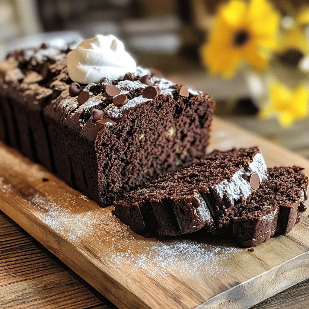 To make a tasty chocolate zucchini bread, you need some key items. Gather these ingredients: - 1 medium zucchini, grated (about 1 cup) - 1 cup all-purpose flour - 1/2 cup cocoa powder - 1/2 teaspoon baking soda - 1 teaspoon baking powder - 1/4 teaspoon salt - 1/2 teaspoon ground cinnamon - 1/2 cup granulated sugar - 1/2 cup brown sugar, packed - 1/2 cup vegetable oil (or melted coconut oil) - 2 large eggs - 1 teaspoon vanilla extract - 1/2 cup chocolate chips (semi-sweet or dark) These ingredients come together to create a moist and rich bread. The zucchini adds moisture and nutrients without changing the taste. If you want to make your bread even more special, consider these optional add-ins: - 1/4 cup chopped walnuts or pecans These nuts add a nice crunch. You can choose to mix in chocolate chunks for extra chocolatey goodness. To prepare your chocolate zucchini bread, you will need a few simple tools: - A 9x5-inch loaf pan - Mixing bowls (medium and large) - A whisk - A spatula - A grater for the zucchini - An oven These tools will help you mix and bake the bread easily. With everything ready, you're set to create a delicious treat. For the full recipe, check out the details above. Start by washing your zucchini well. Use a grater to shred it into small pieces. You need about one cup of grated zucchini. Place the grated zucchini in a bowl. Add the granulated and brown sugars. Let the mixture sit for about ten minutes. This helps draw out water from the zucchini, making your bread moist. Take a large bowl. In this bowl, whisk together the vegetable oil, eggs, and vanilla extract. Make sure everything mixes well. The oil adds moisture, while the eggs help the bread rise. After mixing, stir in the zucchini mixture until it is all combined. In a medium bowl, mix together the flour, cocoa powder, baking soda, baking powder, salt, and cinnamon. Use a whisk to break up any lumps. This step is key for even baking. Gradually add the dry mix to the wet ingredients. Be gentle and mix until just combined. Don't overmix, or the bread may turn out tough. Pour the batter into a greased 9x5-inch loaf pan. Make sure to smooth the top evenly. Preheat your oven to 350°F (175°C). Bake your bread for about 50 to 60 minutes. To check if it's done, insert a toothpick in the center. If it comes out clean, your bread is ready. Once baked, let the bread cool in the pan for about ten minutes. After that, transfer it to a wire rack to cool completely. For a lovely presentation, slice the bread and place it on a wooden board. You can dust it with powdered sugar for a nice touch. Serve it with whipped cream or vanilla ice cream for extra flavor. Enjoy your delicious chocolate zucchini bread! For the complete process, check the Full Recipe. When picking zucchini, look for firm, smooth skin. Choose ones that feel heavy for their size. Small to medium zucchinis are best. They offer a nice balance of flavor and moisture. Big zucchinis can be watery and tasteless. If you see any soft spots, skip that one. Fresh zucchinis have a bright color. Dark green is ideal for this recipe. Accurate measurements make a big difference in baking. Use dry measuring cups for flour and cocoa powder. Spoon the ingredient into the cup, then level it off with a knife. Avoid scooping directly from the bag. This can pack the ingredient and give you too much. For liquids, use a clear measuring cup. Check the measurement at eye level for best results. When using brown sugar, pack it into the cup tightly. If your bread is too dry, you might have overmixed or overbaked it. To fix this next time, mix just until combined. Check for doneness a few minutes early. If it is too moist, your zucchini may have been too wet. Squeeze out excess moisture before adding it to the mix. If your bread sinks, it may need more baking powder. Always check that your leavening agents are fresh. For more tips, check out the Full Recipe for extra guidance. {{image_2}} You can make a gluten-free version of chocolate zucchini bread. Replace all-purpose flour with a gluten-free blend. Look for a blend with xanthan gum for better texture. You can also use almond flour or coconut flour. These flours add unique flavors and keep the bread moist. Just remember to adjust the liquid. If you use coconut flour, add more liquid, as it absorbs moisture. To make a vegan chocolate zucchini bread, replace the eggs with flaxseed meal. Mix one tablespoon of flaxseed meal with three tablespoons of water. Let it sit until it thickens. Use plant-based oil, like coconut or canola oil. For the milk, almond or oat milk works well. This recipe keeps the bread rich, moist, and delicious without using animal products. You can boost flavors by adding spices or extracts. Try adding a teaspoon of nutmeg or a pinch of cayenne pepper for a warm kick. Vanilla extract enhances the chocolate flavor. For a twist, add orange or almond extract. You can also fold in dried fruits like cherries or raisins. These additions make each slice a new experience. Check out the Full Recipe for all these tasty options! To keep your chocolate zucchini bread fresh, wrap it well. Use plastic wrap or foil. Store it at room temperature for up to three days. If you want it to last longer, place it in the fridge. Just know it may become a bit dry in the fridge. Always let it cool completely before wrapping. You can freeze your chocolate zucchini bread for up to three months. First, slice the bread for easy thawing later. Wrap each slice in plastic wrap, then place them in a freezer bag. Be sure to remove as much air as possible. This keeps the bread moist and fresh. When you’re ready to enjoy, just take out a slice and let it thaw at room temperature. To reheat your chocolate zucchini bread, preheat your oven to 350°F (175°C). Place the slices on a baking sheet. Heat them for about 10 minutes or until warm. You can also use a microwave. Heat each slice for about 15-20 seconds. This warms the bread nicely and brings back its soft texture. Enjoy it warm with a pat of butter for extra flavor! Yes, you can use yellow squash. Both have a similar texture. Yellow squash adds a slight sweetness. It will still blend well with chocolate. Just make sure to grate it, like zucchini. To boost the chocolate flavor, add more cocoa powder. You can also increase the chocolate chips. Try using dark chocolate chips for a richer taste. Mixing in chocolate chunks adds texture and flavor, too. Insert a toothpick into the center of the bread. If it comes out clean, the bread is done. If it has batter on it, bake a bit longer. This method ensures your bread is moist but not undercooked. Chocolate zucchini bread lasts about 3 to 4 days at room temperature. Keep it in an airtight container to retain moisture. If you want it to last longer, freeze it. It can stay fresh for up to 3 months in the freezer. For best results, wrap it well before freezing. You can enjoy it later without losing flavor. For the complete recipe, check out the Full Recipe. You learned about the key ingredients for making chocolate zucchini bread. We covered step-by-step instructions, from preparing zucchini to baking and cooling. You also discovered tips for picking the right zucchini and common baking issues. Variations, like gluten-free and vegan options, expanded your choices. Finally, I shared how to store and reheat leftovers. I hope these insights help you create a delicious treat that everyone loves!