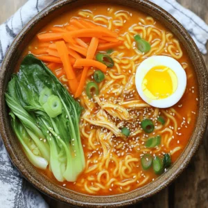 - 2 chicken thighs, boneless and skinless - 4 cups chicken broth - 2 packages of instant ramen noodles - 1 tablespoon sesame oil - 2 garlic cloves, minced - 1 inch ginger, minced - 2 tablespoons soy sauce - 1 tablespoon sriracha - 1 tablespoon miso paste - 1 cup bok choy, chopped - 1 carrot, julienned - 2 green onions, sliced - Soft-boiled egg (optional) - Sesame seeds for garnish For this Fiery Chicken Ramen, I love using fresh and vibrant ingredients. The chicken thighs give the dish a rich flavor. The chicken broth adds depth to the ramen. Instant ramen noodles are quick and easy to use. The sesame oil brings a nice nutty taste. Garlic and ginger add a zing that brightens the broth. Soy sauce gives it a savory kick. Sriracha adds heat, so adjust it based on your spice preference. Miso paste adds umami, making it more complex. Fresh bok choy and carrots provide color and crunch. Green onions offer a fresh bite. A soft-boiled egg makes it extra special. Finally, sesame seeds add a nice touch for garnish. This recipe is easy and perfect for any night. Follow my Full Recipe to make your own delicious bowl. Enjoy the bold flavors and warm comfort of this dish! *How to sauté garlic and ginger* First, get a pot and heat the sesame oil over medium heat. Add the minced garlic and ginger. Sauté for about 1 minute. You want to smell that great aroma. *Properly searing chicken thighs* Next, add the chicken thighs to the pot. Sear them for 3-4 minutes on each side. They should turn golden brown. This step adds a nice flavor to the chicken. *How to simmer chicken in broth* Once the chicken is browned, pour in the chicken broth. Bring it to a boil and then reduce the heat. Let it simmer for 15 minutes. This will fully cook the chicken and infuse the broth with flavor. *Shredding chicken for ramen* After simmering, take the chicken out of the pot. Use two forks to shred it into small pieces. Return the shredded chicken back to the pot. This makes the chicken easy to eat with noodles. *Cooking ramen noodles* Now, add the ramen noodles to the broth. Cook according to package instructions, usually 3-5 minutes. Make sure the noodles are tender but not mushy. *Incorporating vegetables and seasoning* In the last minute of cooking, stir in the chopped bok choy and julienned carrot. They add color and crunch. Finally, taste the broth and add more sriracha if you want it spicier. Serve the ramen in bowls, top with sliced green onions, and sprinkle with sesame seeds. Enjoy your fiery chicken ramen! For the full recipe, refer to the earlier sections. To enjoy your ramen just right, you can tweak the sriracha. If you want less heat, start with half a tablespoon. You can always add more later. For milder options, consider using sweet chili sauce or a dash of soy sauce. Both give flavor without too much spice. Using high-quality chicken broth makes a big difference. A rich broth adds depth and taste. You can also add spices like garlic powder or onion powder. These small changes boost the overall flavor. A hint of white pepper can add a nice kick too. To make your ramen look great, add colorful garnishes. Fresh green onions and sesame seeds add a nice touch. You can also place a soft-boiled egg on top for a pop of color. When you serve, use deep bowls to hold all the goodness. It makes the dish look even more inviting. Enjoy your Fiery Chicken Ramen! For the complete recipe, check out the Full Recipe section. {{image_2}} You can easily swap chicken for tofu or shrimp. Tofu works great for a vegetarian option. If you choose shrimp, cook it until pink and firm. You can also add different vegetables. Try mushrooms, bell peppers, or snap peas for extra crunch. They add color and flavor to your ramen. If you want to change the broth, use vegetable or beef broth. Vegetable broth gives a lighter taste, while beef broth adds richness. You can also make homemade broth from scratch. Start with bones and simmer them with vegetables and herbs. This will create a deep, savory flavor. To kick up the heat, add chili oil or chili flakes. A little goes a long way, so add slowly. You can also experiment with different hot sauces. Try a smoky sauce for depth or a tangy one for brightness. Adjust the spice level to what you enjoy most. Remember, these options let you customize your Fiery Chicken Ramen. Mix and match to find your perfect bowl. For the full recipe, check out the [Full Recipe]. To store your fiery chicken ramen, let it cool to room temperature. Use an airtight container. This keeps the flavors fresh and prevents spills. You can keep it in the fridge for up to three days. Make sure to label the container with the date. If you want to save some for later, freezing is a great choice. Place the ramen in a freezer-safe container. Be sure to leave some space for expansion. You can freeze it for up to a month. When you are ready to eat it, take it out and thaw it in the fridge overnight. When reheating, the stovetop is best. Pour the ramen into a pot and heat it slowly. Stir it gently to mix everything. If you use a microwave, put it in a bowl with a lid. Heat it in short bursts, stirring often. To make the ramen fresh again, add new green onions or extra sriracha when serving. This will bring back some of that bold flavor. The spice level of Fiery Chicken Ramen depends on how much sriracha you add. If you love heat, add more sriracha. If you prefer it milder, use less. Other factors include the type of broth and any extra spices you choose. You can also balance the heat with toppings like soft-boiled eggs or sesame seeds. This way, you can find the right spice level for your taste. Yes, you can easily make this recipe vegetarian! Swap the chicken for tofu or tempeh. Use vegetable broth instead of chicken broth. Keep the rest of the ingredients the same for a tasty plant-based version. You can also add more vegetables like mushrooms or bell peppers to enhance flavor and nutrition. Ramen pairs well with many side dishes. Some tasty options include: - Gyoza or potstickers - Edamame sprinkled with sea salt - Seaweed salad - Pickled vegetables These sides will complement your ramen and add variety to your meal. Making homemade ramen noodles is simple and fun! Here’s a quick overview: 1. Mix flour, water, and salt to form a dough. 2. Knead the dough until smooth, about 10 minutes. 3. Let it rest for 30 minutes. 4. Roll out the dough thin and cut it into noodle shapes. 5. Boil the noodles for 2-3 minutes before adding them to your broth. Fresh noodles add a delightful texture to your Fiery Chicken Ramen. Be sure to try it! In this article, we explored the essential ingredients for a delicious Fiery Chicken Ramen. We covered preparation, cooking steps, and tips for enhancing flavor and presentation. Always feel free to adjust ingredients to match your taste. Remember, ramen is versatile—try different proteins, broths, and garnishes. Whether you want spice or comfort, this dish delivers. Keep these techniques in mind for a fun and tasty cooking experience. Enjoy your ramen adventure!