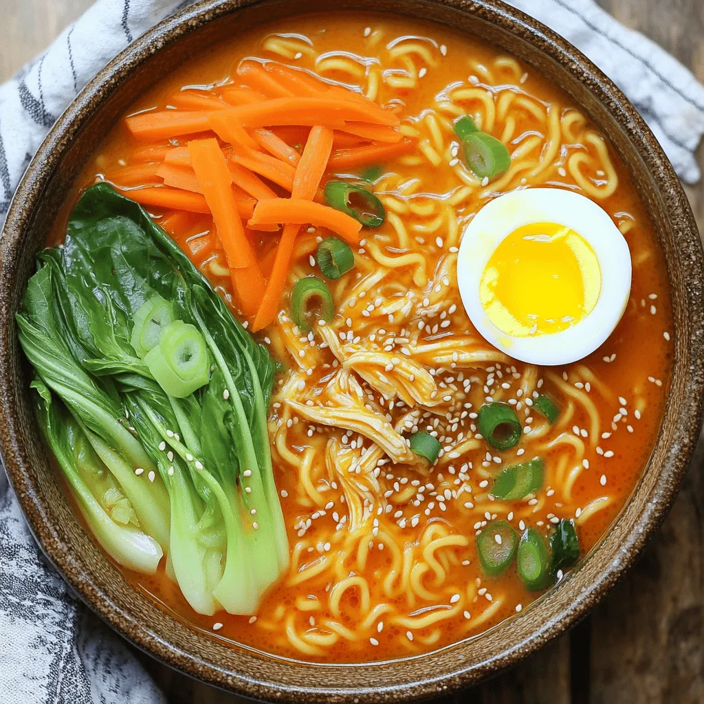 - 2 chicken thighs, boneless and skinless - 4 cups chicken broth - 2 packages of instant ramen noodles - 1 tablespoon sesame oil - 2 garlic cloves, minced - 1 inch ginger, minced - 2 tablespoons soy sauce - 1 tablespoon sriracha - 1 tablespoon miso paste - 1 cup bok choy, chopped - 1 carrot, julienned - 2 green onions, sliced - Soft-boiled egg (optional) - Sesame seeds for garnish For this Fiery Chicken Ramen, I love using fresh and vibrant ingredients. The chicken thighs give the dish a rich flavor. The chicken broth adds depth to the ramen. Instant ramen noodles are quick and easy to use. The sesame oil brings a nice nutty taste. Garlic and ginger add a zing that brightens the broth. Soy sauce gives it a savory kick. Sriracha adds heat, so adjust it based on your spice preference. Miso paste adds umami, making it more complex. Fresh bok choy and carrots provide color and crunch. Green onions offer a fresh bite. A soft-boiled egg makes it extra special. Finally, sesame seeds add a nice touch for garnish. This recipe is easy and perfect for any night. Follow my Full Recipe to make your own delicious bowl. Enjoy the bold flavors and warm comfort of this dish! *How to sauté garlic and ginger* First, get a pot and heat the sesame oil over medium heat. Add the minced garlic and ginger. Sauté for about 1 minute. You want to smell that great aroma. *Properly searing chicken thighs* Next, add the chicken thighs to the pot. Sear them for 3-4 minutes on each side. They should turn golden brown. This step adds a nice flavor to the chicken. *How to simmer chicken in broth* Once the chicken is browned, pour in the chicken broth. Bring it to a boil and then reduce the heat. Let it simmer for 15 minutes. This will fully cook the chicken and infuse the broth with flavor. *Shredding chicken for ramen* After simmering, take the chicken out of the pot. Use two forks to shred it into small pieces. Return the shredded chicken back to the pot. This makes the chicken easy to eat with noodles. *Cooking ramen noodles* Now, add the ramen noodles to the broth. Cook according to package instructions, usually 3-5 minutes. Make sure the noodles are tender but not mushy. *Incorporating vegetables and seasoning* In the last minute of cooking, stir in the chopped bok choy and julienned carrot. They add color and crunch. Finally, taste the broth and add more sriracha if you want it spicier. Serve the ramen in bowls, top with sliced green onions, and sprinkle with sesame seeds. Enjoy your fiery chicken ramen! For the full recipe, refer to the earlier sections. To enjoy your ramen just right, you can tweak the sriracha. If you want less heat, start with half a tablespoon. You can always add more later. For milder options, consider using sweet chili sauce or a dash of soy sauce. Both give flavor without too much spice. Using high-quality chicken broth makes a big difference. A rich broth adds depth and taste. You can also add spices like garlic powder or onion powder. These small changes boost the overall flavor. A hint of white pepper can add a nice kick too. To make your ramen look great, add colorful garnishes. Fresh green onions and sesame seeds add a nice touch. You can also place a soft-boiled egg on top for a pop of color. When you serve, use deep bowls to hold all the goodness. It makes the dish look even more inviting. Enjoy your Fiery Chicken Ramen! For the complete recipe, check out the Full Recipe section. {{image_2}} You can easily swap chicken for tofu or shrimp. Tofu works great for a vegetarian option. If you choose shrimp, cook it until pink and firm. You can also add different vegetables. Try mushrooms, bell peppers, or snap peas for extra crunch. They add color and flavor to your ramen. If you want to change the broth, use vegetable or beef broth. Vegetable broth gives a lighter taste, while beef broth adds richness. You can also make homemade broth from scratch. Start with bones and simmer them with vegetables and herbs. This will create a deep, savory flavor. To kick up the heat, add chili oil or chili flakes. A little goes a long way, so add slowly. You can also experiment with different hot sauces. Try a smoky sauce for depth or a tangy one for brightness. Adjust the spice level to what you enjoy most. Remember, these options let you customize your Fiery Chicken Ramen. Mix and match to find your perfect bowl. For the full recipe, check out the [Full Recipe]. To store your fiery chicken ramen, let it cool to room temperature. Use an airtight container. This keeps the flavors fresh and prevents spills. You can keep it in the fridge for up to three days. Make sure to label the container with the date. If you want to save some for later, freezing is a great choice. Place the ramen in a freezer-safe container. Be sure to leave some space for expansion. You can freeze it for up to a month. When you are ready to eat it, take it out and thaw it in the fridge overnight. When reheating, the stovetop is best. Pour the ramen into a pot and heat it slowly. Stir it gently to mix everything. If you use a microwave, put it in a bowl with a lid. Heat it in short bursts, stirring often. To make the ramen fresh again, add new green onions or extra sriracha when serving. This will bring back some of that bold flavor. The spice level of Fiery Chicken Ramen depends on how much sriracha you add. If you love heat, add more sriracha. If you prefer it milder, use less. Other factors include the type of broth and any extra spices you choose. You can also balance the heat with toppings like soft-boiled eggs or sesame seeds. This way, you can find the right spice level for your taste. Yes, you can easily make this recipe vegetarian! Swap the chicken for tofu or tempeh. Use vegetable broth instead of chicken broth. Keep the rest of the ingredients the same for a tasty plant-based version. You can also add more vegetables like mushrooms or bell peppers to enhance flavor and nutrition. Ramen pairs well with many side dishes. Some tasty options include: - Gyoza or potstickers - Edamame sprinkled with sea salt - Seaweed salad - Pickled vegetables These sides will complement your ramen and add variety to your meal. Making homemade ramen noodles is simple and fun! Here’s a quick overview: 1. Mix flour, water, and salt to form a dough. 2. Knead the dough until smooth, about 10 minutes. 3. Let it rest for 30 minutes. 4. Roll out the dough thin and cut it into noodle shapes. 5. Boil the noodles for 2-3 minutes before adding them to your broth. Fresh noodles add a delightful texture to your Fiery Chicken Ramen. Be sure to try it! In this article, we explored the essential ingredients for a delicious Fiery Chicken Ramen. We covered preparation, cooking steps, and tips for enhancing flavor and presentation. Always feel free to adjust ingredients to match your taste. Remember, ramen is versatile—try different proteins, broths, and garnishes. Whether you want spice or comfort, this dish delivers. Keep these techniques in mind for a fun and tasty cooking experience. Enjoy your ramen adventure!