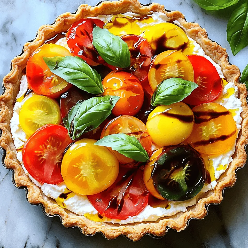 To make the fresh tomato ricotta tart, gather these ingredients: - 1 pre-made tart shell (9-inch) - 1 ½ cups ricotta cheese - 2 cups ripe tomatoes, sliced (mix heirloom and Roma) - 1 tablespoon olive oil - 1 tablespoon fresh basil, chopped - 1 teaspoon lemon zest - 1 teaspoon garlic powder - Salt and pepper to taste - Fresh basil leaves for garnish - Balsamic glaze for drizzling (optional) This tart is a great source of vitamins and minerals. It offers protein from the ricotta and healthy fats from olive oil. Here are some key points: - One slice (1/8 of the tart) has about 220 calories. - It contains around 10 grams of protein. - It provides 15 grams of carbs and 14 grams of fat. - Rich in vitamin A and C from tomatoes and basil. If you want to change things up, try these substitutions: - Use cottage cheese instead of ricotta for a lighter option. - Swap fresh basil with thyme or oregano for a different flavor. - Try using a whole wheat tart shell for added fiber. - Add a sprinkle of feta cheese for a tangy twist. This fresh tomato ricotta tart is simple, tasty, and fun to make. Check out the Full Recipe for more details! Start by gathering your pre-made tart shell. I like to use a 9-inch shell for this dish. Place it on a baking sheet. This makes it easy to move in and out of the oven. No need to worry about making the shell from scratch. Pre-made shells save time and taste great. Now, grab a mixing bowl. Add 1 ½ cups of ricotta cheese. Then, pour in 1 tablespoon of olive oil. Next, add 1 tablespoon of fresh basil, chopped up. For some zing, mix in 1 teaspoon of lemon zest and 1 teaspoon of garlic powder. Don’t forget to add salt and pepper to taste. Mix all these ingredients well until it’s creamy. This mixture will be the heart of your tart. Spread the ricotta mixture evenly in the tart shell. Make sure to cover the bottom completely. Next, slice 2 cups of ripe tomatoes. I love mixing heirloom and Roma tomatoes for color. Layer the slices on top of the ricotta. You can alternate the colors for a pretty look. Drizzle a little olive oil over the tomatoes. Sprinkle a pinch of salt and pepper on top. Now, it’s time to bake! Place the tart in your preheated oven at 400°F (200°C). Bake for 25-30 minutes. You want the tomatoes to soften and caramelize a bit. The crust should turn a lovely golden color. When it’s done, take it out, and let it cool for about 10 minutes. Garnish with fresh basil leaves. If you like, drizzle some balsamic glaze on top. This adds a nice finish to your fresh tomato ricotta tart. For more details, check the Full Recipe. To get the best flavor, start with ripe tomatoes. Ripe tomatoes are juicy and sweet. To peel tomatoes easily, score the skin with an “X.” Boil them for about 30 seconds. Then, place them in ice water. The skin will slip right off. For slicing, use a sharp knife. Cut gently to keep the juices. Mix different types like heirloom and Roma for color and taste. Seasoning makes your tart sing! I use a pinch of salt and fresh pepper. Lemon zest adds a bright note. Garlic powder gives depth without being strong. Fresh basil brings a lovely aroma. If you want a sweet touch, drizzle balsamic glaze on top. This adds a rich flavor. Taste as you go to find your perfect blend. Serve the tart warm or at room temperature. It pairs well with a light salad. Try mixed greens with a vinaigrette. A slice of this tart is great for lunch or dinner. You can also serve it as an appetizer. Garnish with fresh basil leaves for a pop of color. For a twist, add some olives or sun-dried tomatoes. Check the Full Recipe for ideas on how to make it your own! {{image_2}} You can switch up the cheese in this tart. Try mixing ricotta with goat cheese or feta. Both bring a tangy twist. You could also use cream cheese for a richer taste. Each cheese adds its unique flavor and texture. This dish is all about fresh flavors. Add seasonal veggies to make it special. Sliced zucchini or bell peppers work well. You can also try spinach for a pop of green. These veggies not only taste great but also add color to your tart. If you need a gluten-free option, use a gluten-free tart shell. Many stores sell these now. You can also make your own using almond flour or gluten-free flour. A rice-based crust is another great choice. Each of these options holds the filling well and keeps the dish tasty. For the complete method and ingredient details, check out the Full Recipe. After baking your Fresh Tomato Ricotta Tart, let it cool for about ten minutes. This cooling time helps set the filling. Once it is cool, cover it loosely with plastic wrap. Place it in the fridge if you plan to eat it later. The tart stays fresh for about three days in the fridge. To reheat your tart, preheat the oven to 350°F (175°C). Place the tart on a baking sheet. Heat it for about 15 minutes, or until warmed through. This method helps keep the crust crisp. Avoid using the microwave, as it can make the crust soggy. You can freeze the tart if you want to save it for later. First, let it cool completely. Then wrap it tightly in plastic wrap. Place it in a freezer-safe bag or container. It can last for up to two months in the freezer. To enjoy, thaw it overnight in the fridge and reheat as described above. You can tell the tart is done when the crust turns golden brown. The tomatoes should be soft and slightly caramelized. This usually takes about 25 to 30 minutes in the oven. A good tip is to check the edges of the tart shell. If they look crisp and brown, you are on the right track. Yes, you can make the tart ahead of time! Prepare the tart shell and the ricotta mixture earlier in the day. Assemble the tart but do not bake it right away. Cover it and keep it in the fridge. When you are ready to serve, bake it according to the instructions. This way, you save time and still enjoy a fresh dish. Using ripe, fresh tomatoes is key for great flavor. I recommend a mix of heirloom and Roma tomatoes. Heirloom tomatoes bring beautiful colors and rich taste, while Roma tomatoes add nice texture. Make sure they are firm yet slightly soft to the touch. This mix will make your tart vibrant and delicious. For more details, check the Full Recipe. To make the fresh tomato ricotta tart, start by preheating your oven to 400°F (200°C). Place a pre-made tart shell on a baking sheet. In a bowl, mix ricotta cheese, olive oil, chopped basil, lemon zest, garlic powder, salt, and pepper. Stir until smooth. Spread this mixture in the tart shell evenly. Next, layer sliced tomatoes on top. Use a mix of heirloom and Roma for great color. Drizzle a bit of olive oil over the tomatoes and sprinkle with salt and pepper. Bake for 25-30 minutes. The tart is ready when the tomatoes soften and the crust turns golden. Let it cool for 10 minutes before slicing. Garnish with fresh basil leaves. Drizzle balsamic glaze on top if you like. This recipe is simple and brings fresh flavors together. This dish takes 15 minutes to prepare. The cooking time is around 25 to 30 minutes. You can serve this tart to eight people. It makes a great appetizer or light meal for gatherings. The key flavors in this tart come from fresh ingredients. The creamy ricotta adds richness. Tomatoes bring sweetness and acidity, especially when roasted. Fresh basil offers a bright, herbal note. Lemon zest adds a hint of citrus. Garlic powder gives a subtle depth to the dish. Each bite is a perfect balance of taste. If you want to explore more, check the Full Recipe for detailed steps. In this post, we covered everything for making a Fresh Tomato Ricotta Tart. We explored the key ingredients, nutrition facts, and how to substitute items if needed. The step-by-step instructions guide you through the process of preparing the tart shell, mixing the ricotta, and baking. Tips on slicing tomatoes and flavoring enhance your dish. Variations allow for creativity, and storage info ensures freshness. With all this knowledge, you can make a tasty tart that impresses. Enjoy crafting your unique version and sharing it with others.